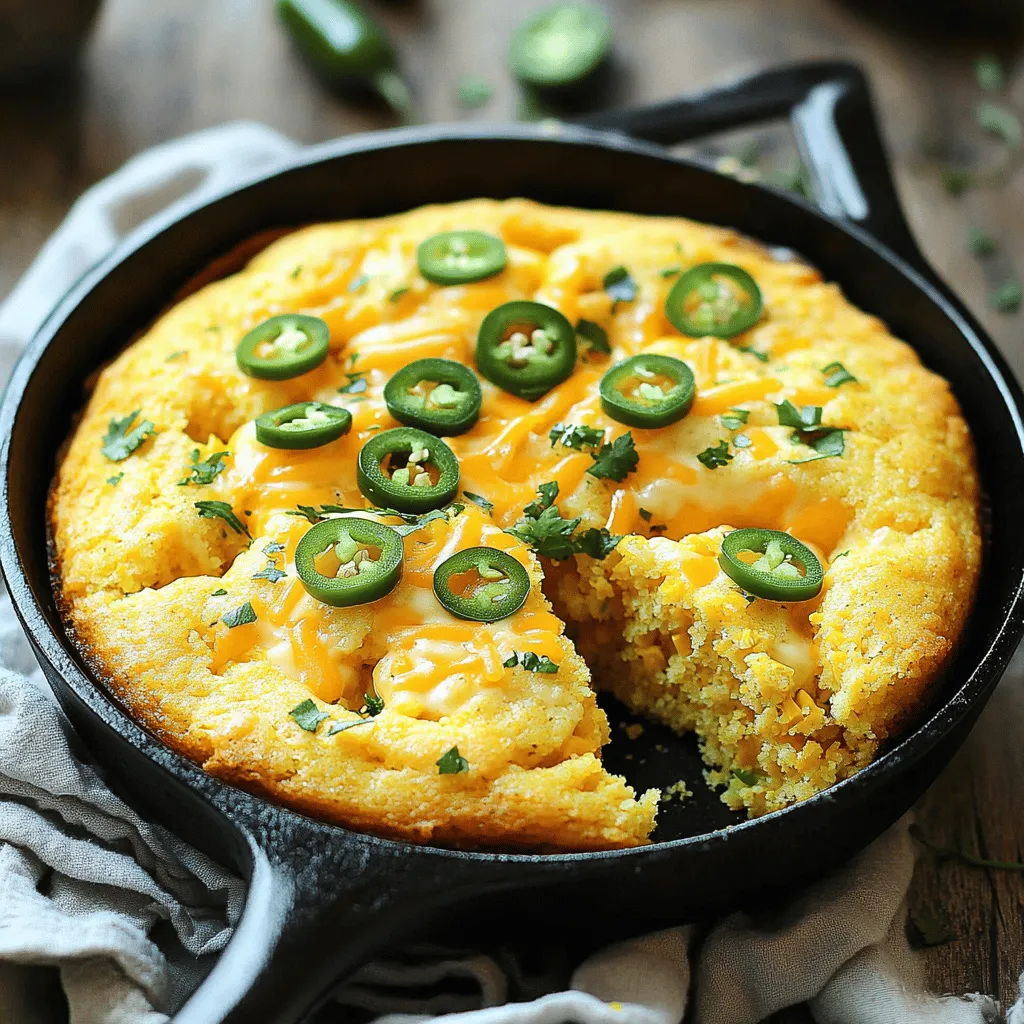 - 1 cup cornmeal - 1 cup all-purpose flour - 1 tablespoon baking powder - 1/2 teaspoon baking soda - 1/2 teaspoon salt - 1 cup buttermilk - 2 large eggs - 1/4 cup melted butter - 1/4 cup honey (optional) - 1 cup shredded sharp cheddar cheese - 1-2 jalapeños, finely chopped Let’s dive into the ingredients that make this cheddar jalapeño cornbread sing. First, we have our dry ingredients, which form the base. Cornmeal gives that classic cornbread texture. The all-purpose flour adds lightness. Baking powder and baking soda help it rise. Salt brings out the flavors. Next, we move to the wet ingredients. Buttermilk adds richness and tang. The eggs bind everything together and add moisture. Melted butter gives a great taste and texture. If you want a hint of sweetness, add honey. Finally, the best part—our add-ins! Sharp cheddar cheese brings a savory depth. Jalapeños add a spicy kick. You can adjust the jalapeño amount based on how much heat you like. For the full recipe, check out the details above. These ingredients combine to create a delightful cornbread that’s perfect for any meal. - Preheat oven to 400°F (200°C). - Grease a cast-iron skillet or baking dish. Start by heating your oven. This step is key for fluffy cornbread. Greasing the skillet helps the cornbread come out easily later. I love using a cast-iron skillet for that nice crust. - Combine cornmeal, flour, baking powder, baking soda, and salt. In a large bowl, mix the dry items well. Use a whisk to blend them. This ensures even flavor and texture in your cornbread. I often sift the flour to avoid lumps. - Whisk buttermilk, eggs, and melted butter; add honey if desired. In a separate bowl, combine the wet ingredients. Whisk until smooth and creamy. Adding honey can give a touch of sweetness. I find it balances the heat from jalapeños nicely. - Pour wet ingredients into dry and stir until just combined. Now, pour the wet mix into the dry mix. Stir gently until they just come together. It’s okay if some lumps remain. Over-mixing can make your cornbread tough. - Gently incorporate cheddar and jalapeños into batter. Fold in the shredded cheddar and chopped jalapeños. This step adds flavor and heat. Make sure everything is evenly mixed so every bite bursts with flavor. - Pour into prepared skillet and bake for 20-25 minutes. Pour the batter into your greased skillet. Smooth the top with a spatula. Bake until the top is golden brown. A toothpick should come out clean when inserted in the middle. For the complete recipe, check out the Full Recipe section. To keep your cornbread moist, avoid over-mixing the batter. When you mix too much, the bread can turn dense. Instead, mix until just combined. A few lumps are okay! Also, always use fresh ingredients. Fresh buttermilk and eggs make a big difference in flavor and texture. You can enhance the taste by trying different cheese types. Cheddar works great, but you might love pepper jack or even feta. Feel free to adjust the jalapeño amount based on how spicy you want it. If you love heat, add more jalapeños. For a milder cornbread, use fewer. Presentation matters! Serve your cornbread warm from the skillet for a rustic look. You can add a sprinkle of shredded cheddar on top. For a pop of color, garnish with fresh herbs like cilantro or parsley. This not only looks good but also adds fresh flavor. {{image_4}} You can make your cornbread sweeter by adding more honey or sugar. If you love a touch of sweetness, try adding an extra tablespoon of honey. This small change makes a big difference. The honey gives the cornbread a nice golden color and a soft texture. It also pairs well with the sharp cheddar. You can adjust the sweetness to fit your taste. For those who crave heat, consider adding diced green chilies or hotter peppers. You can use serrano or habanero peppers for a fiery twist. Just remember to adjust the amount based on your spice level. Mixing in these peppers adds a bold flavor to your cornbread. It will surely excite your taste buds. Don't hesitate to swap out cheddar for different types of cheese. Pepper jack cheese adds a creamy texture and a bit of spice. Feta cheese offers a tangy flavor that contrasts nicely with the cornbread's sweetness. Each cheese brings its unique taste and can change the whole dish. Feel free to experiment with your favorite cheeses for a fun twist on the classic. For the full recipe, check out the details in the Full Recipe section. To store cornbread at room temperature, let it cool completely. Wrap it in plastic wrap or foil. This keeps the cornbread fresh and moist. You can also place it in an airtight container. It will last for about 2-3 days. If you notice any signs of drying, add a piece of bread to the container. This can help keep the cornbread soft. For long-term storage, freezing is best. Cut the cornbread into squares or wedges. Wrap each piece tightly in plastic wrap. Then, place them in a freezer bag. Be sure to squeeze out any air. This helps prevent freezer burn. Cornbread can stay frozen for up to three months. When you’re ready to enjoy it, you can thaw it in the fridge overnight. To reheat cornbread without losing moisture, use the oven. Preheat it to 350°F (175°C). Place the cornbread on a baking sheet. Cover it with foil to keep moisture in. Heat for about 10-15 minutes. You can also use the microwave. Place a piece of cornbread on a plate. Add a damp paper towel over it. Heat in short bursts of 20-30 seconds. This keeps it moist and warm. For best results, enjoy it fresh after baking. For the full recipe, check out the earlier section. Cornbread can turn dry for a few reasons. Overmixing the batter is one cause. If you mix too much, it makes the bread dense. Using old or stale ingredients can also lead to dryness. Make sure your baking powder is fresh. Also, baking for too long will dry it out. To keep cornbread moist, mix the batter until just combined. Always check the oven towards the end of baking. Yes, you can! Adding more flavors makes cornbread fun. You can mix in cooked bacon bits for a savory touch. Chopped herbs like chives or cilantro can add freshness. For a sweeter taste, try adding blueberries or corn kernels. You can also swap out cheddar for pepper jack for extra spice. Just remember to keep the main flavors balanced. You can tell cornbread is ready when the top is golden brown. Insert a toothpick into the center. If it comes out clean, your cornbread is done. Another sign is a slight bounce when you press the top. The edges should pull away from the pan. Always trust your senses; the smell will be delightful! To make cornbread gluten-free, swap the all-purpose flour with a gluten-free blend. Look for blends designed for baking. Ensure all other ingredients are gluten-free too. Cornmeal is naturally gluten-free, so you’re good there! Just follow the Full Recipe for best results. Enjoy the same great flavor without gluten! In this guide, I covered the recipe for rich, tasty cornbread. We discussed key ingredients like cornmeal, flour, and cheese. I explained step-by-step how to mix and bake the batter. You learned tips to enhance flavor and ensure moisture. Remember, you can customize this cornbread to your taste with add-ins. Enjoy experimenting and savoring your creation. With fresh ingredients and simple steps, you’ll make a cornbread worth sharing!