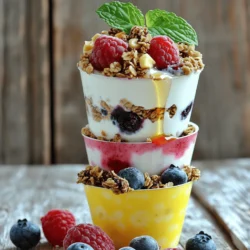 To create your Frozen Yogurt Granola Cups, gather the following simple ingredients: - 2 cups Greek yogurt (plain or flavored) - 1 cup granola (preferably complementary flavor) - 1 cup mixed berries (strawberries, blueberries, raspberries) - 2 tablespoons honey or maple syrup - 1 teaspoon vanilla extract - 1/4 cup chopped nuts (almonds, walnuts, pecans) - Fresh mint leaves for garnish (optional) Using Greek yogurt gives the cups a creamy texture and a protein boost. Choose a granola that you enjoy, as it adds crunch and flavor. Mixed berries bring natural sweetness and color. Honey or maple syrup adds sweetness, while vanilla extract enhances the taste. Chopped nuts add an extra crunch. If you like, you can top your cups with fresh mint for a nice touch. This recipe is versatile, allowing you to tailor it to your taste. For the full recipe, check out the detailed instructions. - Combine Greek yogurt, honey, and vanilla in a bowl. - Whisk until smooth and creamy. To start, grab a medium mixing bowl. Add 2 cups of Greek yogurt, 2 tablespoons of honey, and 1 teaspoon of vanilla extract. Whisk these ingredients together until they blend into a creamy mix. This step is key. A smooth base helps to create a lovely texture later on. - Line the muffin tin with cupcake liners. - Layer yogurt, granola, berries, and yogurt again. Next, take a standard muffin tin and line each cup with cupcake liners. This makes it easier to take the cups out after freezing. Now, scoop about 1 tablespoon of the yogurt mix into each cup. Spread it evenly using the back of your spoon. Now comes the fun part! Sprinkle 1 tablespoon of granola over the yogurt. Press it down gently so it sticks. Next, add a layer of mixed berries. You can use whole berries or slice them if they are large. Finally, top with another tablespoon of yogurt to cover the berries completely. - Freeze for a minimum of 4 hours. - Serve with optional garnishes. Now, carefully place the muffin tin in the freezer. Let the cups freeze for at least 4 hours or until they are solid. When ready to serve, remove the cups from the muffin tin. Peel away the cupcake liners gently. For a finishing touch, you can add fresh mint leaves on top. This adds a nice color and a hint of freshness. Enjoy your Frozen Yogurt Granola Cups as a delightful snack or dessert! You can find the Full Recipe to guide you through each step. To get that creamy texture, whisk your yogurt well. This step is key. If you skip it, your yogurt might be lumpy. Use Greek yogurt for a richer taste. It has more protein and a thicker consistency than regular yogurt. Choose plain or a favorite flavor to match your style. You can add fun flavors to your yogurt. Try mixing in fresh fruit or a splash of juice. A little honey or maple syrup can sweeten it up. For granola, pick one with nuts or dried fruit. This choice adds great taste and texture to your cups. Make your cups look great on a platter. Arrange them neatly in rows. For a fun touch, drizzle honey on top or sprinkle more berries. Fresh mint leaves make a nice garnish too. They add color and a fresh scent. Enjoy serving this healthy snack at parties or family gatherings! {{image_4}} You can have fun mixing yogurt flavors. Try strawberry, vanilla, or chocolate for a twist. Each flavor brings a new taste to the cups. The granola you choose also matters. Sweet granola pairs well with fruit flavors. Nutty granola adds depth to plain yogurt. Experiment with different flavors to find your favorite combo. If you're dairy-free, use coconut yogurt or almond yogurt instead of Greek yogurt. These options taste great and still give you a creamy base. You can also swap out sweeteners. Use agave syrup or stevia instead of honey or maple syrup. This change can lower the sugar content while keeping the sweetness. Adding seasonal fruits can make your cups even more special. In summer, mix in peaches or mangoes for a tropical vibe. In fall, try diced apples or pears for a cozy feel. You can also add spices like cinnamon or nutmeg. These spices enhance the flavor and add warmth to the cups. With these variations, every batch can be unique and delightful. You can store Frozen Yogurt Granola Cups in the freezer for up to three months. To keep them fresh, wrap each cup in plastic wrap or place them in an airtight container. This helps avoid freezer burn, which can ruin the taste. Always label your container with the date, so you know when to use them. Before serving, take the cups out of the freezer. Let them sit at room temperature for about 10 to 15 minutes. This allows them to soften a bit, making them easier to eat. If you prefer, you can also place them in the fridge for a few hours. After thawing, keep any leftovers in the refrigerator. They should stay fresh for up to two days. Don't let leftover ingredients go to waste! You can use any remaining yogurt in smoothies for a creamy texture. Mix in fruits or greens for a healthy drink. If you have extra granola, sprinkle it on oatmeal or yogurt for a crunchy touch. You can also layer leftovers in parfaits with fruits and nuts for a tasty treat. Frozen Yogurt Granola Cups can last in the freezer for about 2 to 3 months. For the best taste, eat them within this time frame. The cups may lose some texture after this period. Always store them in an airtight container to keep them fresh. Yes, you can customize these cups easily. Use your favorite yogurt flavor to start. You can swap out granola for nuts or seeds. If you prefer, add different fruits like bananas or peaches. You can even change the sweetener to fit your taste. These cups are packed with good nutrition. Each serving has protein from Greek yogurt. This helps you feel full longer. The granola offers fiber, which is great for digestion. The mixed berries add vitamins and antioxidants to your snack. With these cups, you enjoy a healthy treat without guilt. Yes, you can make these cups ahead of time. They are perfect for meal prep. Just assemble and freeze them for later. This way, you always have a tasty snack on hand. You can make them for parties or quick treats. To wrap up, this blog post shows how to make delicious Frozen Yogurt Granola Cups. You need Greek yogurt, granola, berries, and a few more ingredients. Follow the simple steps to prepare, layer, and freeze them for a tasty treat. These cups are perfect for snacks or parties, and you can customize them to suit your taste. Remember to store them correctly and enjoy their health benefits. Now, grab your ingredients and start crafting these cool delights today!