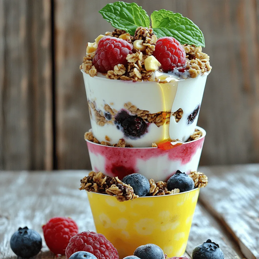 To create your Frozen Yogurt Granola Cups, gather the following simple ingredients: - 2 cups Greek yogurt (plain or flavored) - 1 cup granola (preferably complementary flavor) - 1 cup mixed berries (strawberries, blueberries, raspberries) - 2 tablespoons honey or maple syrup - 1 teaspoon vanilla extract - 1/4 cup chopped nuts (almonds, walnuts, pecans) - Fresh mint leaves for garnish (optional) Using Greek yogurt gives the cups a creamy texture and a protein boost. Choose a granola that you enjoy, as it adds crunch and flavor. Mixed berries bring natural sweetness and color. Honey or maple syrup adds sweetness, while vanilla extract enhances the taste. Chopped nuts add an extra crunch. If you like, you can top your cups with fresh mint for a nice touch. This recipe is versatile, allowing you to tailor it to your taste. For the full recipe, check out the detailed instructions. - Combine Greek yogurt, honey, and vanilla in a bowl. - Whisk until smooth and creamy. To start, grab a medium mixing bowl. Add 2 cups of Greek yogurt, 2 tablespoons of honey, and 1 teaspoon of vanilla extract. Whisk these ingredients together until they blend into a creamy mix. This step is key. A smooth base helps to create a lovely texture later on. - Line the muffin tin with cupcake liners. - Layer yogurt, granola, berries, and yogurt again. Next, take a standard muffin tin and line each cup with cupcake liners. This makes it easier to take the cups out after freezing. Now, scoop about 1 tablespoon of the yogurt mix into each cup. Spread it evenly using the back of your spoon. Now comes the fun part! Sprinkle 1 tablespoon of granola over the yogurt. Press it down gently so it sticks. Next, add a layer of mixed berries. You can use whole berries or slice them if they are large. Finally, top with another tablespoon of yogurt to cover the berries completely. - Freeze for a minimum of 4 hours. - Serve with optional garnishes. Now, carefully place the muffin tin in the freezer. Let the cups freeze for at least 4 hours or until they are solid. When ready to serve, remove the cups from the muffin tin. Peel away the cupcake liners gently. For a finishing touch, you can add fresh mint leaves on top. This adds a nice color and a hint of freshness. Enjoy your Frozen Yogurt Granola Cups as a delightful snack or dessert! You can find the Full Recipe to guide you through each step. To get that creamy texture, whisk your yogurt well. This step is key. If you skip it, your yogurt might be lumpy. Use Greek yogurt for a richer taste. It has more protein and a thicker consistency than regular yogurt. Choose plain or a favorite flavor to match your style. You can add fun flavors to your yogurt. Try mixing in fresh fruit or a splash of juice. A little honey or maple syrup can sweeten it up. For granola, pick one with nuts or dried fruit. This choice adds great taste and texture to your cups. Make your cups look great on a platter. Arrange them neatly in rows. For a fun touch, drizzle honey on top or sprinkle more berries. Fresh mint leaves make a nice garnish too. They add color and a fresh scent. Enjoy serving this healthy snack at parties or family gatherings! {{image_4}} You can have fun mixing yogurt flavors. Try strawberry, vanilla, or chocolate for a twist. Each flavor brings a new taste to the cups. The granola you choose also matters. Sweet granola pairs well with fruit flavors. Nutty granola adds depth to plain yogurt. Experiment with different flavors to find your favorite combo. If you're dairy-free, use coconut yogurt or almond yogurt instead of Greek yogurt. These options taste great and still give you a creamy base. You can also swap out sweeteners. Use agave syrup or stevia instead of honey or maple syrup. This change can lower the sugar content while keeping the sweetness. Adding seasonal fruits can make your cups even more special. In summer, mix in peaches or mangoes for a tropical vibe. In fall, try diced apples or pears for a cozy feel. You can also add spices like cinnamon or nutmeg. These spices enhance the flavor and add warmth to the cups. With these variations, every batch can be unique and delightful. You can store Frozen Yogurt Granola Cups in the freezer for up to three months. To keep them fresh, wrap each cup in plastic wrap or place them in an airtight container. This helps avoid freezer burn, which can ruin the taste. Always label your container with the date, so you know when to use them. Before serving, take the cups out of the freezer. Let them sit at room temperature for about 10 to 15 minutes. This allows them to soften a bit, making them easier to eat. If you prefer, you can also place them in the fridge for a few hours. After thawing, keep any leftovers in the refrigerator. They should stay fresh for up to two days. Don't let leftover ingredients go to waste! You can use any remaining yogurt in smoothies for a creamy texture. Mix in fruits or greens for a healthy drink. If you have extra granola, sprinkle it on oatmeal or yogurt for a crunchy touch. You can also layer leftovers in parfaits with fruits and nuts for a tasty treat. Frozen Yogurt Granola Cups can last in the freezer for about 2 to 3 months. For the best taste, eat them within this time frame. The cups may lose some texture after this period. Always store them in an airtight container to keep them fresh. Yes, you can customize these cups easily. Use your favorite yogurt flavor to start. You can swap out granola for nuts or seeds. If you prefer, add different fruits like bananas or peaches. You can even change the sweetener to fit your taste. These cups are packed with good nutrition. Each serving has protein from Greek yogurt. This helps you feel full longer. The granola offers fiber, which is great for digestion. The mixed berries add vitamins and antioxidants to your snack. With these cups, you enjoy a healthy treat without guilt. Yes, you can make these cups ahead of time. They are perfect for meal prep. Just assemble and freeze them for later. This way, you always have a tasty snack on hand. You can make them for parties or quick treats. To wrap up, this blog post shows how to make delicious Frozen Yogurt Granola Cups. You need Greek yogurt, granola, berries, and a few more ingredients. Follow the simple steps to prepare, layer, and freeze them for a tasty treat. These cups are perfect for snacks or parties, and you can customize them to suit your taste. Remember to store them correctly and enjoy their health benefits. Now, grab your ingredients and start crafting these cool delights today!