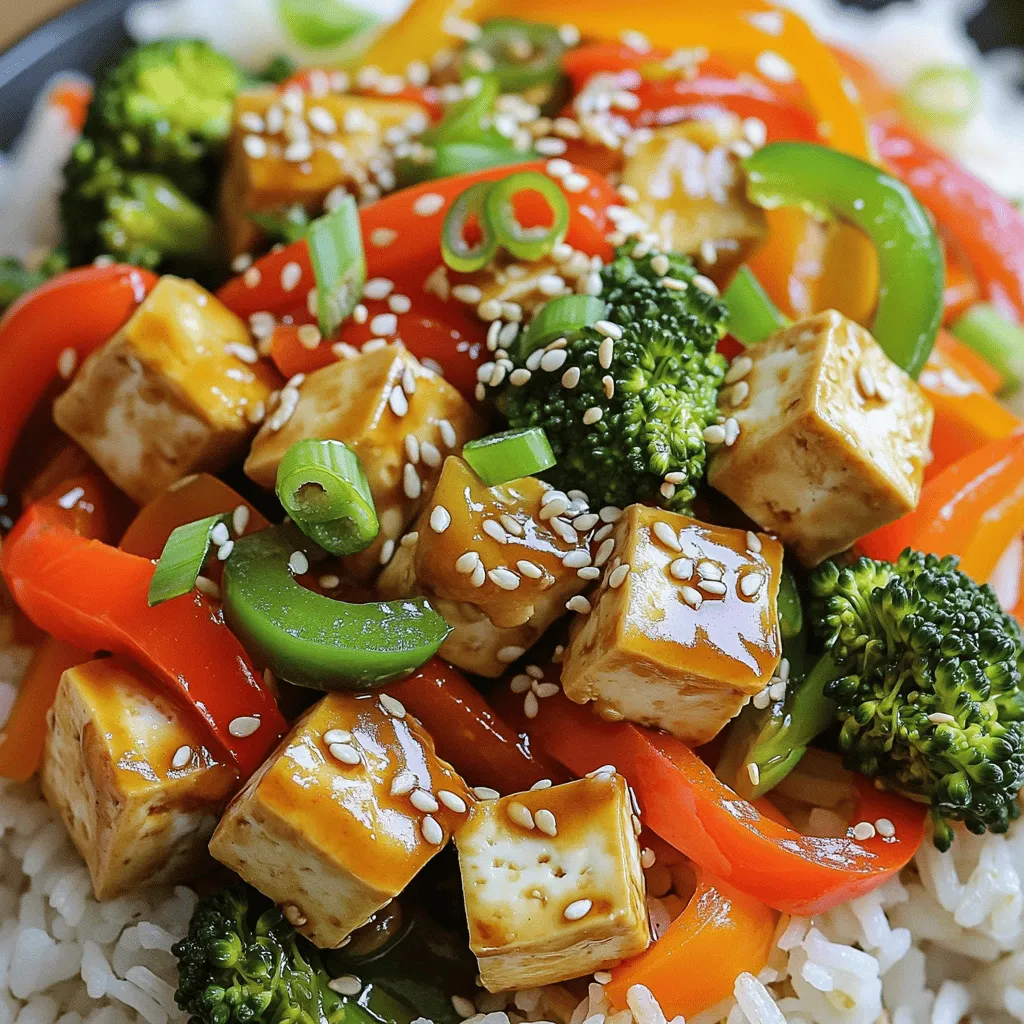 To make this tasty dish, you need: - 1 block firm tofu, pressed and cubed - 2 tablespoons soy sauce - 1 tablespoon sesame oil - 1 bell pepper, sliced (red or yellow) - 1 cup broccoli florets - 1 carrot, julienned - 2 cloves garlic, minced - 1 teaspoon fresh ginger, grated - 2 green onions, chopped - 2 tablespoons sesame seeds - Salt and pepper, to taste - Cooked rice or noodles for serving These ingredients work together to create a delicious and healthy stir fry. You can add fun twists to your stir fry. Try these options: - Snow peas for extra crunch - Mushrooms for earthy flavor - Spinach for added greens - Cashews for a nutty touch - Chili flakes for some heat Feel free to mix and match based on what you like or have on hand. This dish is not only tasty but also provides great nutrients. Here’s a quick look: - High in protein from tofu - Rich in vitamins from veggies - Low in saturated fats - Good source of fiber This makes it a healthy choice for any meal. You can enjoy a satisfying dish without guilt! For the full recipe, check the detailed instructions above. First, get your tofu ready. You need to press the tofu block to remove excess water. Wrap the tofu in a clean kitchen towel. Place a heavy object on top, like a skillet. Let it sit for 15 to 20 minutes. This step makes the tofu firmer and better for frying. After pressing, cut the tofu into small, even cubes. This size helps them cook evenly. Now, it’s time to cook the tofu. Heat 1 tablespoon of sesame oil in a non-stick skillet or wok over medium-high heat. Wait until the oil is hot and shimmering. Add the cubed tofu carefully. Let it cook without stirring for about 3 minutes. Then, turn the tofu pieces gently. Cook for another 3 to 5 minutes until all sides are golden brown. This gives the tofu a lovely texture. Once browned, add minced garlic and grated ginger. Stir for one minute, but don’t let the garlic burn. Next, it’s time to add the veggies. Toss in sliced bell pepper, broccoli florets, and julienned carrot. Stir-fry the mix for about 5 to 7 minutes. You want the veggies to be tender but still crisp. This keeps them colorful and tasty. Drizzle 2 tablespoons of soy sauce over everything. Mix well to coat all the ingredients. Taste and add salt and pepper as needed. Cook for another 2 to 3 minutes to let the flavors blend. Finally, sprinkle chopped green onions and sesame seeds on top. This adds a nice crunch and flavor. Serve your stir fry hot over rice or noodles for a healthy meal. Check out the Full Recipe for all the details! Pressing tofu is crucial. It helps remove water and makes it firm. Start by wrapping the tofu in a clean towel. Place a heavy object on top. Let it sit for 15 to 20 minutes. The longer you press, the better the texture. This step ensures your tofu absorbs flavors well. For the best taste, use firm or extra-firm tofu. This type holds its shape during cooking. Cut the pressed tofu into even cubes. This helps them cook evenly. Sear them well in hot oil until golden. The golden color adds depth to the flavor. Don't rush this; it makes a big difference. To keep your veggies crisp, cook them last. Add them after the tofu is golden. Stir-fry the vegetables for just a few minutes. You want them tender but still crunchy. High heat helps with this. Avoid overcooking; they should have bright colors and a fresh taste. {{image_4}} If you want to switch up the protein in your stir fry, try tempeh, seitan, or chickpeas. Tempeh has a nutty flavor and a firm texture. Seitan is chewy and absorbs flavors well. Chickpeas add protein and a different texture. You can adjust cooking times based on the protein choice. For example, tempeh may need a few more minutes to cook through. You can change the veggies in your stir fry too! Here are some great options: - Snow peas - Bell peppers (any color) - Zucchini, sliced - Mushrooms, sliced - Spinach or kale These veggies not only add color but also different flavors and textures. Just remember to cut them into similar sizes for even cooking. To make your stir fry unique, change the sauce! Here are some ideas: - Add hoisin sauce for sweetness. - Use teriyaki sauce for a savory touch. - Try a splash of lime juice for brightness. - Mix in sriracha for some heat. You can create endless flavor combos by mixing and matching sauces. Each choice can make the dish feel brand new! For the full recipe, check out Tofu Delight Stir Fry. To store your leftover tofu stir fry, let it cool first. Place the stir fry in an airtight container. Make sure to seal it tightly to keep it fresh. Store it in the fridge for up to three days. If you want to keep it longer, consider freezing it. When you’re ready to eat, reheat the stir fry gently. Use a skillet over medium heat for best results. Add a splash of water or soy sauce to keep it moist. Stir it often to heat evenly. You can also use a microwave if you're short on time. Heat in short bursts and stir in between. If you plan to freeze the stir fry, portion it out first. This way, you can thaw only what you need. Use a freezer-safe container or bag. It’s best to freeze it within a day of cooking. When ready to eat, thaw it overnight in the fridge. Reheat as mentioned above for the best texture and flavor. For the full recipe, check the earlier sections. Yes, you can use extra-firm tofu. It holds its shape well. This type of tofu works great for stir-frying. It also absorbs flavors nicely. Just remember to press it to remove extra moisture. This step ensures a better texture and crispiness. You can add many vegetables to your stir fry. Here are some great options: - Bell peppers - Broccoli - Carrots - Snap peas - Zucchini - Mushrooms - Spinach Feel free to mix and match based on what you have. Fresh or frozen veggies both work well. To make the stir fry gluten-free, use gluten-free soy sauce. Look for tamari, which is a great option. You can also check labels for other sauces. Many sauces contain gluten. Always read the ingredients carefully. You can serve Tofu Delight Stir Fry with many sides. Here are some ideas: - Cooked rice - Noodles - Quinoa - Cauliflower rice Each option adds a different twist to your meal. Choose what you enjoy best. You can find the full recipe for Tofu Delight Stir Fry in the main article. It includes all the steps and tips you need to make this dish. In this post, we covered how to make an easy tofu stir fry. We talked about the key ingredients and how to prepare your tofu. You learned how to cook it right and keep veggies crisp. We explored tasty variations and how to store leftovers, too. Tofu stir fry is simple and fun. You can customize it to fit your taste. Enjoy creating your perfect dish!