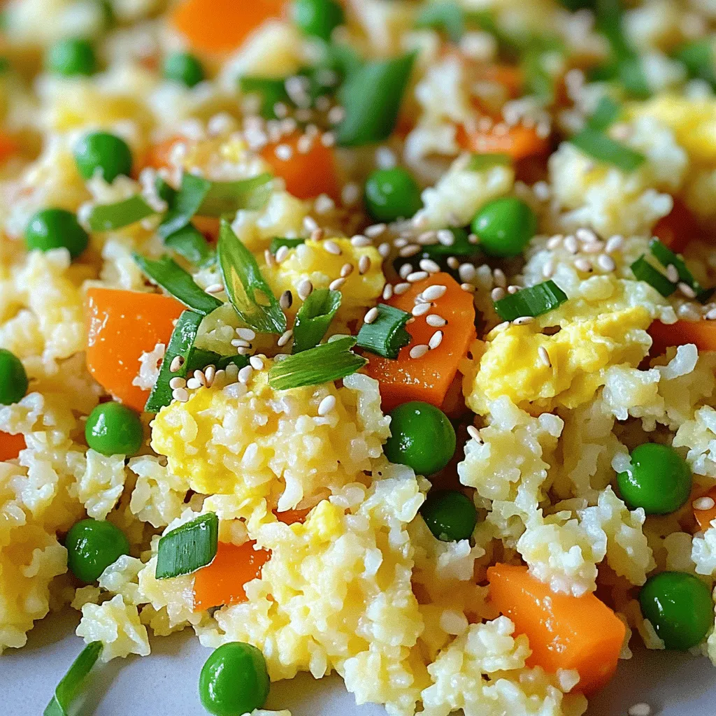 Making cauliflower fried rice is simple. You need a few fresh and colorful ingredients. Here is the complete list of what you will need: - 1 medium head of cauliflower (approx. 2 cups when riced) - 1 cup mixed vegetables (diced carrots, peas, and bell peppers) - 2 large eggs, gently beaten - 2 green onions, finely chopped - 2 cloves garlic, minced - 1 tablespoon fresh ginger, minced - 3 tablespoons soy sauce (or tamari for a gluten-free option) - 1 tablespoon sesame oil - 2 tablespoons olive oil - Sea salt and freshly ground black pepper to taste - Sesame seeds for garnish (optional) I love using fresh ingredients. They add more flavor and color to the dish. Ricing the cauliflower is a fun step. It transforms the veggie into rice-like bits. You can use a food processor or a box grater to do this. The mixed vegetables give a nice crunch and sweetness. I often choose a mix of carrots, peas, and bell peppers. They cook quickly and add great color. Don’t forget the garlic and ginger! They create a tasty aroma and boost flavor. The soy sauce or tamari adds the salty depth. Sesame oil gives a nutty finish. This cauliflower fried rice is easy to make. You can find the full recipe in the article. Enjoy cooking! To prepare the cauliflower, start by cutting off the leaves and stem. Break the head into smaller florets. You can rice the cauliflower in two ways: - Food Processor: Use a grating attachment. Pulse until it looks like rice. - Box Grater: Grate the florets by hand. This method takes longer but works well. For the right texture, you want the pieces small and uniform. This helps them cook evenly. Avoid over-processing; it can turn mushy. Next, heat a large non-stick skillet over medium-high heat. Add 1 tablespoon of olive oil. When the oil is hot, add minced garlic and ginger. Sauté for about 30 seconds. Keep stirring until they smell great and turn golden. Now, add your mixed vegetables. Stir-fry these for 3-4 minutes. You want them tender but still colorful and crunchy. This adds both taste and texture to your dish. After the veggies are cooked, push them to one side of the skillet. Pour the beaten eggs on the other side. Scramble the eggs until fully cooked, about 2-3 minutes. Once done, mix the scrambled eggs with the vegetables. Now, add the riced cauliflower to the skillet along with the soy sauce. Stir everything well. Make sure the cauliflower gets coated with the sauce. Cook this mixture for another 5-7 minutes. Stir often until the cauliflower is tender but still firm. Finally, drizzle sesame oil over the fried rice for added flavor. Season it with sea salt and freshly ground black pepper to taste. Enjoy your delicious cauliflower fried rice! For the complete recipe, check the Full Recipe section. For great fried rice, start with the right oil. Use high smoke point oils like olive or sesame oil. Heat your pan until it’s hot. This keeps your cauliflower rice from getting soggy. If your pan isn't hot enough, the rice will steam instead of fry. To keep your cauliflower rice firm, don’t overcook it. Stir-fry just until tender. This helps maintain a nice bite in your dish. Squeeze out any moisture from your riced cauliflower before adding it to the skillet. This is key to avoiding a mushy texture. To make your cauliflower fried rice pop, add seasonings like garlic powder, onion powder, or chili flakes. Soy sauce gives a nice umami flavor. For a twist, try coconut aminos as a soy sauce substitute. A splash of rice vinegar adds zest too. Fresh herbs can boost flavor even more. Use cilantro, basil, or green onions. Add them at the end of cooking for a fresh taste. You can also sprinkle sesame seeds on top for a nutty crunch. Serving is just as important as cooking. Use colorful bowls to show off your fried rice. A plain white bowl can make the dish look dull. For garnish, chop some green onions and sprinkle them on top. A few cilantro leaves can add color and freshness. You can also add lime wedges on the side for a pop of flavor. This makes your dish not just tasty, but also beautiful. {{image_4}} You can add protein to your cauliflower fried rice to make it heartier. Chicken, shrimp, or tofu work great. - Chicken: Use boneless, skinless chicken breast. Dice it into small pieces. Cook it in the skillet before adding other ingredients. It takes about 5-7 minutes to cook through. - Shrimp: Peel and devein shrimp. Cook it for 2-3 minutes until it turns pink. Then add your veggies and follow the usual steps. - Tofu: Use firm tofu. Press it to remove excess water, then cube it. Sauté it until golden brown, which takes about 5-6 minutes. Then mix it in with the other ingredients. Cauliflower fried rice is flexible with veggies. You can swap in many others to keep things fresh. - Broccoli: This adds a nice crunch and flavor. - Zucchini: It cooks quickly and pairs well. - Spinach: Stir in fresh spinach at the end for extra color and nutrients. I love using seasonal veggies. In summer, try bell peppers and corn. In fall, add squash or Brussels sprouts for a cozy taste. You can easily adapt this recipe for different diets. - Vegan: Skip the eggs and use a flax egg instead. Mix 1 tablespoon of flaxseed meal with 3 tablespoons of water. Let it sit for 5 minutes before adding it in. - Vegetarian: Keep the eggs, but feel free to load up on more veggies. - Gluten-free: Use tamari instead of soy sauce. Check labels on all sauces to ensure they are gluten-free. For a full recipe, check out the detailed instructions above. To store leftover cauliflower fried rice, let it cool down first. Place your rice in an airtight container. This keeps it fresh for up to four days. I recommend using glass containers. They are durable and do not retain odors. If you prefer plastic, choose BPA-free options. Always label your container with the date. This way, you know how long it has been stored. If you want to freeze cauliflower fried rice, first cool it completely. Use freezer-safe bags or containers to prevent freezer burn. Remove as much air as possible from bags before sealing. This helps keep the rice tasty. You can freeze it for up to three months. When you are ready to eat, thaw it in the fridge overnight. Then, reheat in a pan over medium heat until hot. You can also use a microwave for quick reheating. Just make sure to stir it halfway through cooking. This will help heat it evenly. Enjoy your cauliflower fried rice anytime! For the full recipe, check out the earlier section. How many carbs are in cauliflower fried rice? Cauliflower fried rice is low in carbs. One cup has about 5 grams of carbs. This makes it a great option for those watching their carb intake. Cauliflower rice is a healthy swap for regular rice. Can I make cauliflower fried rice in advance? Yes, you can make cauliflower fried rice ahead of time. Cook it fully and let it cool. Store it in an airtight container in the fridge for up to three days. You can reheat it in a pan or microwave when you're ready to eat. What can I substitute for soy sauce? If you need a soy sauce substitute, try tamari or coconut aminos. Both options work well and have a similar flavor. For a unique twist, you can use liquid aminos or even a splash of Worcestershire sauce. How do I make cauliflower fried rice spicy? To add some heat, chop up fresh chili peppers. You can also use red pepper flakes or hot sauce. Stir these into the dish while cooking. Adjust the amount based on how spicy you like your food. Can I use frozen cauliflower rice instead of fresh? Yes, frozen cauliflower rice is a great option. It saves time and is just as nutritious. Make sure to thaw it first and drain any excess water before cooking. This helps keep your fried rice from getting soggy. How do I prevent cauliflower rice from becoming mushy? To avoid mushy rice, cook the cauliflower quickly over medium-high heat. Stir-fry for just a few minutes until tender but firm. Also, do not overcrowd the pan. This ensures even cooking and keeps it from getting soggy. For the full recipe, check out [Full Recipe]. In this blog post, we explored how to make delicious cauliflower fried rice using simple ingredients. We covered key steps, tips for perfect texture, and variations to suit your taste. Remember, it's easy to mix in proteins or swap veggies for what you like. Whether you're storing leftovers or enjoying it fresh, this dish is flexible and fun. Give it a try and let your creativity shine in the kitchen!