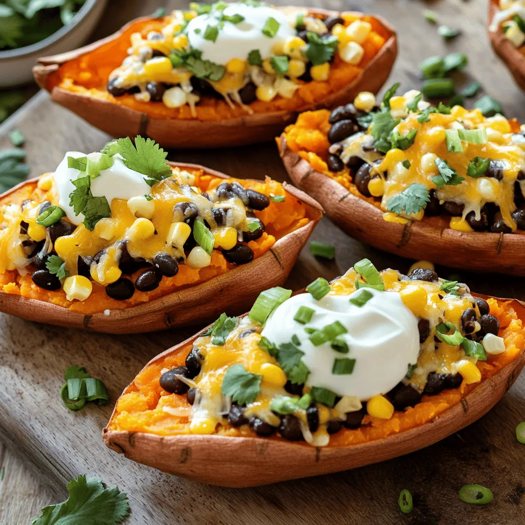 - 4 medium sweet potatoes - 1 cup black beans, drained and rinsed - 1 cup corn kernels (fresh or canned) - 1 cup shredded cheddar cheese (or vegan cheese) - 1/2 cup sour cream (or Greek yogurt as a lighter alternative) - 1/4 cup green onions, finely chopped - 1 tablespoon olive oil - 1 teaspoon ground cumin - 1 teaspoon chili powder - Salt and pepper, to taste - Fresh cilantro, for garnish Sweet potatoes are the star of this dish. They give a natural sweetness and a nice texture. Black beans add protein and fiber, making this meal more filling. Corn brings a bit of crunch and sweetness, balancing out the flavors. Cheddar cheese, or vegan cheese, melts beautifully and adds richness. Sour cream or Greek yogurt gives a creamy finish, which is great with the spices. Green onions offer a fresh bite, while cilantro adds a pop of color and taste. - Sweet potatoes: High in vitamins A and C, great for your immune system. - Black beans: Packed with protein and fiber, they support digestive health. - Corn: A good source of carbohydrates and fiber, it provides energy. - Cheddar cheese: Rich in calcium and protein, it helps build strong bones. - Sour cream: Adds creaminess with some fats; Greek yogurt is lower in calories. - Olive oil: Contains healthy fats and antioxidants that are good for the heart. - Spices (cumin and chili powder): Have anti-inflammatory properties and add flavor. - Salt and pepper: Enhance the overall taste; use them wisely for balance. By knowing what goes into these loaded sweet potato skins, you can enjoy both the flavors and the health benefits. For the full recipe, check out the details above! How to preheat the oven effectively To start, preheat your oven to 400°F (200°C). This helps cook the sweet potatoes evenly. Make sure to set a timer so it's ready when you are. Rinsing and cutting the sweet potatoes Next, rinse the sweet potatoes under cold water. Scrub them well to remove any dirt. Use a fork to poke several holes in each potato. This lets the steam escape while they bake. Timing and temperature guidance for baking Place the sweet potatoes on a baking sheet lined with parchment paper. Bake them for 45 to 50 minutes. They should be tender when you poke them with a fork. Checking for doneness When the time is up, carefully take the sweet potatoes out of the oven. Let them cool for a few minutes. Then, check if they feel soft to ensure they are fully cooked. Creating the stuffing mixture In a bowl, mix the scooped sweet potato flesh with black beans, corn, olive oil, cumin, chili powder, salt, and pepper. Stir until everything is well blended. This mixture adds flavor and texture to the skins. Packing and topping the sweet potato skins Generously fill each sweet potato skin with the stuffing. Press it down to pack it in tightly. Top each filled skin with shredded cheese. This will melt and create a tasty layer when baked again. For the complete process, refer to the Full Recipe for more details. To make the best sweet potatoes, start with the right technique. First, wash the sweet potatoes well. Use cold water to scrub off any dirt. This ensures a clean skin. Next, poke holes in the potatoes with a fork. This step lets steam escape while baking. Bake your sweet potatoes at 400°F (200°C) for 45-50 minutes. To check if they are done, use a fork. The fork should easily pierce through the flesh. This means they are soft and ready to scoop. When scooping out the flesh, be gentle. Use a spoon and leave 1/4 inch of flesh in the skin. This keeps the skin strong and helps it hold the filling. To bring your loaded sweet potato skins to life, add spices. I suggest using ground cumin and chili powder. These spices give depth and warmth. You can also try garlic powder and smoked paprika for added flavor. Fresh ingredients make a big difference. Use ripe tomatoes and fresh herbs. Freshness brightens the dish. When you select ingredients, look for vibrant colors and firm textures. Garnishing your dish can make it stunning. Top your loaded sweet potato skins with a dollop of sour cream. Sprinkle fresh green onions and cilantro on top. These colors and textures make the dish pop. For serving, place the skins on a large platter. This creates a fun sharing experience. You can also serve them with a side of salsa or guacamole. This adds extra layers of flavor and enjoyment. {{image_4}} You can easily adapt loaded sweet potato skins to fit different diets. For those who follow a vegan diet, simply swap regular cheese for vegan cheese. You can also use dairy-free sour cream or Greek yogurt alternatives. Both options work well and keep the dish creamy. If you need to make it gluten-free, this recipe is already safe! Sweet potatoes are naturally gluten-free. Just ensure that any additional ingredients, like sauces, do not contain gluten. For people with allergies, here are some possible replacements: - Black beans: Use pinto beans or chickpeas. - Cheese: Try nutritional yeast for a cheesy flavor without dairy. - Sour cream: Opt for avocado or a nut-based cream. The flavor of loaded sweet potato skins is so versatile! You can change the spices to fit your taste. Here are a few blends you might enjoy: - Smoky Chipotle: Add smoked paprika and chipotle powder for a smoky kick. - Herbed Delight: Mix Italian herbs like oregano and basil for a fresh twist. - Curry Flavor: Use curry powder for a warm, exotic taste. You can also switch up the fillings for even more variety. Some tasty alternatives include: - Cooked Quinoa: For added protein and texture. - Grilled Veggies: Mix in zucchini or bell peppers for a fresh crunch. - Pulled Chicken or Beef: For meat lovers, this adds heartiness to your dish. Experimenting with these variations allows you to create a loaded sweet potato skin that suits your mood and taste! For the full recipe, check out the [Full Recipe]. To store leftovers correctly, let the loaded sweet potato skins cool down first. Place them in an airtight container. This keeps them fresh and tasty. You can store them in the fridge for up to three days. To maintain freshness, cover the skins with a damp paper towel before sealing the container. This helps keep them from drying out. To freeze loaded sweet potato skins, first let them cool completely. Then, wrap each skin tightly in plastic wrap or aluminum foil. Place them in a freezer-safe bag or container. You can freeze them for up to three months. When you’re ready to eat, take them out and reheat in the oven. Preheat the oven to 350°F (175°C) and bake for about 20 minutes. This helps retain their texture and flavor. For best results, check them often to avoid overcooking. You can find the Full Recipe to make these tasty treats and enjoy them fresh or stored. Can sweet potatoes be made ahead of time? Yes, you can bake sweet potatoes a day in advance. Just store them in the fridge. When you’re ready, scoop out the flesh and fill them as directed in the Full Recipe. What are the best serving suggestions? Serve loaded sweet potato skins with sour cream, green onions, and fresh cilantro. You can also add guacamole or salsa for extra flavor. How do I make loaded sweet potato skins spicier? To add heat, sprinkle red pepper flakes or diced jalapeños into the filling. You can also use spicy cheese or a hot sauce drizzle on top. How long do sweet potatoes last in the fridge? Raw sweet potatoes last for about 1-2 weeks in the fridge. Cooked sweet potatoes stay fresh for about 3-5 days. Can I use different types of cheese? Absolutely! You can use mozzarella, pepper jack, or even vegan cheese for a dairy-free option. Each will give a unique taste. What can I substitute for black beans? You can use pinto beans, kidney beans, or even chickpeas. They will all work well in this recipe. Are loaded sweet potato skins healthy? Yes! They are packed with fiber, vitamins, and minerals. Sweet potatoes are a great source of nutrients and antioxidants. What is the calorie count per serving? Each serving has around 300-400 calories, depending on the toppings you choose. The cheese and sour cream add most of the calories. How can I make this dish lower in calories? To lower the calories, use less cheese or opt for a lighter sour cream. You can also skip the cheese entirely for a lighter dish. In this post, we explored the delicious world of loaded sweet potato skins. We covered key ingredients, step-by-step baking instructions, and tips for great flavor. You learned about variations for different diets and how to store leftovers safely. Remember, loaded sweet potato skins are easy to make and enjoy. Customize them to match your taste. With fresh ingredients and a bit of creativity, you can make a tasty dish for everyone.