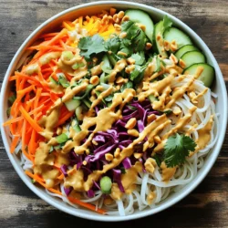 - 8 oz rice noodles - 1 cup shredded carrots - 1 cup red cabbage, thinly sliced - 1 cup cucumber, julienned - 1 bell pepper (red or yellow), sliced Thai Peanut Noodle Salad starts with rice noodles. They are the base of this dish. You want them to be soft yet firm, so they hold up well. Fresh vegetables add color and crunch. I love using vibrant carrots, red cabbage, cucumbers, and bell peppers. They mix well and make the salad bright and appealing. - 1/2 cup creamy peanut butter - 2 tablespoons low-sodium soy sauce - 2 tablespoons sesame oil - 2 tablespoons freshly squeezed lime juice - 1 tablespoon pure maple syrup - 1 tablespoon freshly grated ginger - 1 clove garlic, minced The dressing is the star of this salad. Creamy peanut butter gives it a rich base. Soy sauce and sesame oil add salty notes. Lime juice brings a zingy freshness. Maple syrup adds a touch of sweetness. Ginger and garlic round out the flavors beautifully. Mix them well for a creamy dressing that coats everything evenly. - 1/4 cup chopped peanuts - 1/4 cup green onions, chopped - 1/4 cup fresh cilantro, chopped Garnishes take this salad to the next level. Chopped peanuts add crunch and flavor. Green onions bring a slight sharpness. Fresh cilantro gives a burst of herbal taste. You can add these as you serve or let guests sprinkle their own. For the full recipe, check out the detailed instructions that guide you through this delightful dish. - Bring a large pot of water to a boil. - Add the rice noodles and cook as per package instructions. Cooking rice noodles is simple. You want them to be al dente, which usually takes about 3-5 minutes. Once cooked, drain the noodles. Rinse them under cold water. This stops the cooking and cools them down. Set them aside to cool completely. - Shred carrots and slice cabbage. - Julienning cucumber and slicing bell pepper. While the noodles cook, prep your veggies. Start by washing them well. Shred the carrots using a grater. Thinly slice the red cabbage to add crunch. Julienning the cucumber gives nice thin strips. Slice the bell pepper into thin strips, too. Place all your colorful veggies into a large mixing bowl. - Combine dressing ingredients. - Adjust thickness if needed. In a separate bowl, mix your dressing. Combine creamy peanut butter, soy sauce, sesame oil, lime juice, and maple syrup. Add grated ginger and minced garlic for flavor. If the dressing is too thick, add a bit of warm water. Whisk until smooth and creamy. - Mix noodles with vegetables. - Toss with peanut dressing. Now, it’s time to combine everything. Add the cooled rice noodles to the bowl of veggies. Drizzle the peanut dressing over the top. Gently toss everything together. Make sure each noodle and vegetable piece is coated with the dressing. - Transfer to serving platters. - Garnish with greens and peanuts. Transfer your beautiful salad to a serving platter. You want it to look vibrant and inviting. Garnish with chopped green onions, fresh cilantro, and a sprinkle of chopped peanuts for texture. - Refrigerate for enhanced flavors. For the best flavor, chill the salad. Place it in the fridge for 15-30 minutes. This allows the flavors to blend nicely. Enjoy your Thai Peanut Noodle Salad fresh and delicious! Check out the Full Recipe for more details. - Avoid overcooking: Rice noodles can become mushy easily. Cook them until they are just tender. - Rinse thoroughly after cooking: This stops the cooking and prevents stickiness. Rinse with cold water to keep them separate. - Add spices to the dressing: Try adding a pinch of cayenne or chili powder for some heat. - Experiment with fresh herbs: Fresh mint or basil can brighten up the salad. They add a fresh taste that pairs well with the peanut dressing. - Use colorful platters: A bright platter makes the salad pop and looks inviting. - Arrange toppings attractively: Layer the ingredients in sections. This adds visual appeal and makes each bite interesting. These tips will help you create a stunning and tasty Thai Peanut Noodle Salad. For the complete recipe, check out the Full Recipe section above! {{image_4}} You can add protein to your Thai Peanut Noodle Salad easily. Chicken, shrimp, or tofu all work well. For chicken, grill or bake it first. Slice it thin and mix it in. Shrimp can be sautéed quickly in a pan. If you prefer tofu, use firm tofu. Cube it and pan-fry until golden. This addition makes the salad more filling and tasty. For those needing gluten-free options, use gluten-free noodles. Many brands offer rice or quinoa noodles. You can also make your dressing gluten-free. Choose tamari instead of soy sauce. If you're vegan, stick with maple syrup and skip any animal products. This way, everyone can enjoy the salad. You can make your salad even better by adding more veggies. Bell peppers, snap peas, or radishes add great crunch. They also bring a pop of color. For extra texture, toss in seeds or nuts. Sunflower seeds, sesame seeds, or cashews work well. These additions make the salad more exciting and nutritious. For the full recipe, check out the detailed steps above! - Store in airtight containers. - Separate dressing from salad if possible. To keep your Thai peanut noodle salad fresh, use airtight containers. This helps keep moisture in and pests out. If you can, store the dressing separately. This way, your salad stays crunchy and tasty. - Suitable for up to 3 days. - Signs of spoilage to look for. You can keep the salad in the fridge for up to three days. After that, the veggies may wilt and lose their crunch. Watch for any off smells or slimy textures. If you see these signs, it’s time to toss it out. - How to refresh the salad. - Adjusting dressing consistency. When you're ready to enjoy your salad, take it out of the fridge. If it looks dry, add a splash of fresh lime juice or a bit of water to the dressing. This helps revive the flavors. Toss everything well to coat the noodles and veggies again. Enjoy your delightful salad! Thai Peanut Noodle Salad is a colorful dish that combines rice noodles and fresh veggies. You get a mix of textures and flavors. The creamy peanut dressing adds a rich, nutty taste. Lime juice brings a zesty kick while fresh veggies add crunch. This dish is not only tasty but also healthy. Yes, you can make this salad ahead of time. Prepare the veggies and noodles, then store them separately. Mix the peanut dressing in advance too. When you're ready to enjoy, combine everything. This keeps the noodles fresh and the veggies crisp. You can get creative with your salad. Try adding cooked chicken or shrimp for protein. Avocado adds creaminess, and snap peas give extra crunch. You can also use any fresh herbs you like, such as mint or basil. Customize it to suit your taste. Absolutely! This salad works great for meal prep. Store the salad in airtight containers. Keep the dressing separate until you’re ready to eat. This keeps everything fresh and flavorful. It can stay good in the fridge for up to three days. To add heat, try mixing in crushed red pepper flakes. You could also add sriracha to the dressing for a spicy kick. If you love heat, add sliced jalapeños on top. Adjust the spice to your liking for a fun twist on this salad. Thai Peanut Noodle Salad combines rice noodles, fresh veggies, and a creamy dressing. This dish is simple, tasty, and quick to prepare. You can add proteins or switch ingredients based on your diet. Store leftovers properly to enjoy later without losing flavor. Remember, this salad shines when served fresh. Experiment with garnishes and spices to make it your own. Enjoy creating this vibrant meal that is sure to please anyone at the table.