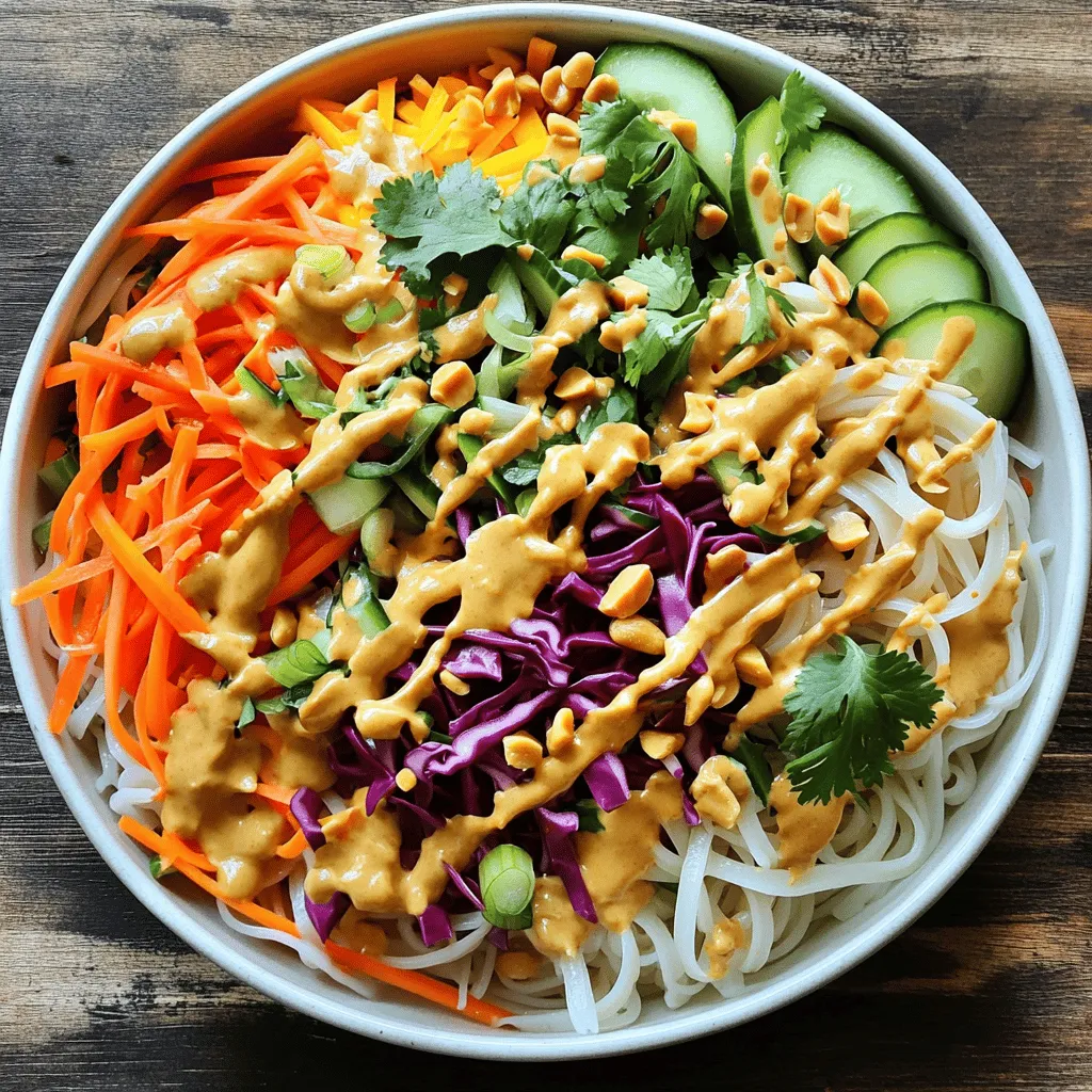 - 8 oz rice noodles - 1 cup shredded carrots - 1 cup red cabbage, thinly sliced - 1 cup cucumber, julienned - 1 bell pepper (red or yellow), sliced Thai Peanut Noodle Salad starts with rice noodles. They are the base of this dish. You want them to be soft yet firm, so they hold up well. Fresh vegetables add color and crunch. I love using vibrant carrots, red cabbage, cucumbers, and bell peppers. They mix well and make the salad bright and appealing. - 1/2 cup creamy peanut butter - 2 tablespoons low-sodium soy sauce - 2 tablespoons sesame oil - 2 tablespoons freshly squeezed lime juice - 1 tablespoon pure maple syrup - 1 tablespoon freshly grated ginger - 1 clove garlic, minced The dressing is the star of this salad. Creamy peanut butter gives it a rich base. Soy sauce and sesame oil add salty notes. Lime juice brings a zingy freshness. Maple syrup adds a touch of sweetness. Ginger and garlic round out the flavors beautifully. Mix them well for a creamy dressing that coats everything evenly. - 1/4 cup chopped peanuts - 1/4 cup green onions, chopped - 1/4 cup fresh cilantro, chopped Garnishes take this salad to the next level. Chopped peanuts add crunch and flavor. Green onions bring a slight sharpness. Fresh cilantro gives a burst of herbal taste. You can add these as you serve or let guests sprinkle their own. For the full recipe, check out the detailed instructions that guide you through this delightful dish. - Bring a large pot of water to a boil. - Add the rice noodles and cook as per package instructions. Cooking rice noodles is simple. You want them to be al dente, which usually takes about 3-5 minutes. Once cooked, drain the noodles. Rinse them under cold water. This stops the cooking and cools them down. Set them aside to cool completely. - Shred carrots and slice cabbage. - Julienning cucumber and slicing bell pepper. While the noodles cook, prep your veggies. Start by washing them well. Shred the carrots using a grater. Thinly slice the red cabbage to add crunch. Julienning the cucumber gives nice thin strips. Slice the bell pepper into thin strips, too. Place all your colorful veggies into a large mixing bowl. - Combine dressing ingredients. - Adjust thickness if needed. In a separate bowl, mix your dressing. Combine creamy peanut butter, soy sauce, sesame oil, lime juice, and maple syrup. Add grated ginger and minced garlic for flavor. If the dressing is too thick, add a bit of warm water. Whisk until smooth and creamy. - Mix noodles with vegetables. - Toss with peanut dressing. Now, it’s time to combine everything. Add the cooled rice noodles to the bowl of veggies. Drizzle the peanut dressing over the top. Gently toss everything together. Make sure each noodle and vegetable piece is coated with the dressing. - Transfer to serving platters. - Garnish with greens and peanuts. Transfer your beautiful salad to a serving platter. You want it to look vibrant and inviting. Garnish with chopped green onions, fresh cilantro, and a sprinkle of chopped peanuts for texture. - Refrigerate for enhanced flavors. For the best flavor, chill the salad. Place it in the fridge for 15-30 minutes. This allows the flavors to blend nicely. Enjoy your Thai Peanut Noodle Salad fresh and delicious! Check out the Full Recipe for more details. - Avoid overcooking: Rice noodles can become mushy easily. Cook them until they are just tender. - Rinse thoroughly after cooking: This stops the cooking and prevents stickiness. Rinse with cold water to keep them separate. - Add spices to the dressing: Try adding a pinch of cayenne or chili powder for some heat. - Experiment with fresh herbs: Fresh mint or basil can brighten up the salad. They add a fresh taste that pairs well with the peanut dressing. - Use colorful platters: A bright platter makes the salad pop and looks inviting. - Arrange toppings attractively: Layer the ingredients in sections. This adds visual appeal and makes each bite interesting. These tips will help you create a stunning and tasty Thai Peanut Noodle Salad. For the complete recipe, check out the Full Recipe section above! {{image_4}} You can add protein to your Thai Peanut Noodle Salad easily. Chicken, shrimp, or tofu all work well. For chicken, grill or bake it first. Slice it thin and mix it in. Shrimp can be sautéed quickly in a pan. If you prefer tofu, use firm tofu. Cube it and pan-fry until golden. This addition makes the salad more filling and tasty. For those needing gluten-free options, use gluten-free noodles. Many brands offer rice or quinoa noodles. You can also make your dressing gluten-free. Choose tamari instead of soy sauce. If you're vegan, stick with maple syrup and skip any animal products. This way, everyone can enjoy the salad. You can make your salad even better by adding more veggies. Bell peppers, snap peas, or radishes add great crunch. They also bring a pop of color. For extra texture, toss in seeds or nuts. Sunflower seeds, sesame seeds, or cashews work well. These additions make the salad more exciting and nutritious. For the full recipe, check out the detailed steps above! - Store in airtight containers. - Separate dressing from salad if possible. To keep your Thai peanut noodle salad fresh, use airtight containers. This helps keep moisture in and pests out. If you can, store the dressing separately. This way, your salad stays crunchy and tasty. - Suitable for up to 3 days. - Signs of spoilage to look for. You can keep the salad in the fridge for up to three days. After that, the veggies may wilt and lose their crunch. Watch for any off smells or slimy textures. If you see these signs, it’s time to toss it out. - How to refresh the salad. - Adjusting dressing consistency. When you're ready to enjoy your salad, take it out of the fridge. If it looks dry, add a splash of fresh lime juice or a bit of water to the dressing. This helps revive the flavors. Toss everything well to coat the noodles and veggies again. Enjoy your delightful salad! Thai Peanut Noodle Salad is a colorful dish that combines rice noodles and fresh veggies. You get a mix of textures and flavors. The creamy peanut dressing adds a rich, nutty taste. Lime juice brings a zesty kick while fresh veggies add crunch. This dish is not only tasty but also healthy. Yes, you can make this salad ahead of time. Prepare the veggies and noodles, then store them separately. Mix the peanut dressing in advance too. When you're ready to enjoy, combine everything. This keeps the noodles fresh and the veggies crisp. You can get creative with your salad. Try adding cooked chicken or shrimp for protein. Avocado adds creaminess, and snap peas give extra crunch. You can also use any fresh herbs you like, such as mint or basil. Customize it to suit your taste. Absolutely! This salad works great for meal prep. Store the salad in airtight containers. Keep the dressing separate until you’re ready to eat. This keeps everything fresh and flavorful. It can stay good in the fridge for up to three days. To add heat, try mixing in crushed red pepper flakes. You could also add sriracha to the dressing for a spicy kick. If you love heat, add sliced jalapeños on top. Adjust the spice to your liking for a fun twist on this salad. Thai Peanut Noodle Salad combines rice noodles, fresh veggies, and a creamy dressing. This dish is simple, tasty, and quick to prepare. You can add proteins or switch ingredients based on your diet. Store leftovers properly to enjoy later without losing flavor. Remember, this salad shines when served fresh. Experiment with garnishes and spices to make it your own. Enjoy creating this vibrant meal that is sure to please anyone at the table.