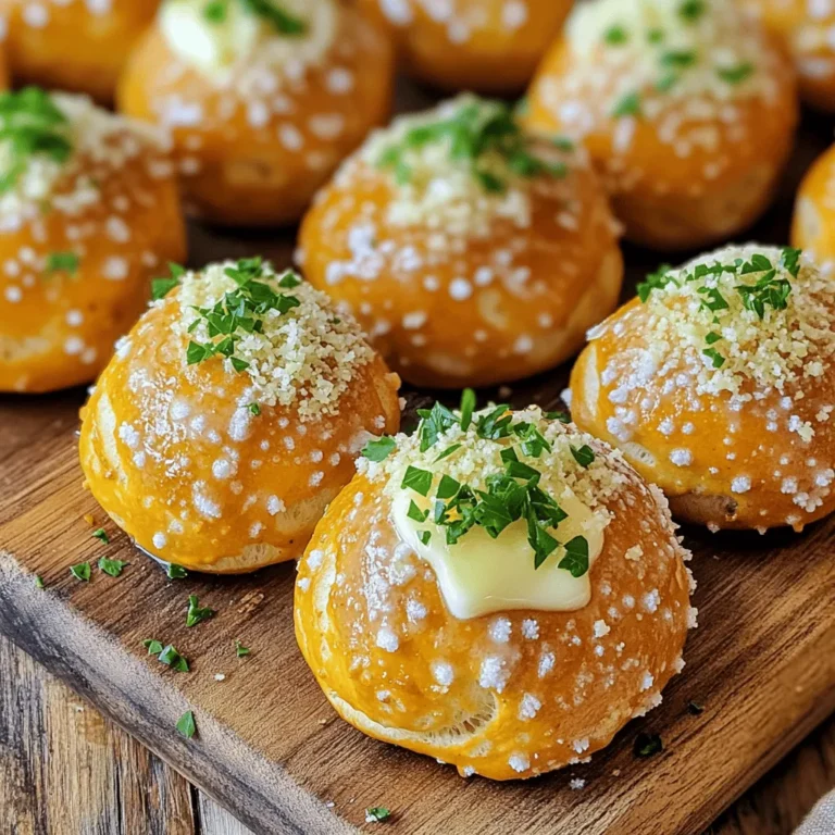 To make these tasty pretzel bites, gather these main ingredients: - 1 can of refrigerated pizza dough - 1/4 cup baking soda - 1 cup water - 4 tablespoons unsalted butter, melted - 1 teaspoon garlic powder - 1/2 teaspoon fine sea salt - 1 cup freshly grated Parmesan cheese - 1 tablespoon fresh parsley, finely chopped (for garnish) These ingredients work together to create a savory treat. The pizza dough serves as the base. The baking soda and water mixture gives the bites their classic pretzel texture. Garlic powder and Parmesan add rich flavors that everyone loves. Here’s what you need to prepare these pretzel bites: - Baking sheet - Parchment paper - Medium-sized pot - Slotted spoon - Mixing bowl - Pastry brush Using the right tools helps you create perfect bites. The parchment paper ensures they don’t stick. The slotted spoon lets you easily dip the dough in the hot baking soda bath. You can make your pretzel bites even more special with these optional ingredients: - Different cheeses like cheddar or mozzarella - Spices like cayenne or paprika for a kick - Fresh herbs like rosemary or thyme Feel free to mix and match these options. Customizing allows you to create flavors you love. Each variation can lead to a new favorite snack. Check out the Full Recipe for more ideas on making these bites your own! First, set your oven to 425°F (220°C). This hot oven is key for great texture. While the oven heats, grab a baking sheet. Line it with parchment paper. This will help your pretzel bites not stick. Next, take a medium pot and add 1 cup of water. Bring the water to a rolling boil. Once it's boiling, carefully stir in 1/4 cup of baking soda. It will bubble up, so be cautious. This bath gives your bites that classic pretzel taste and texture. In a small bowl, melt 4 tablespoons of unsalted butter. Add 1 teaspoon of garlic powder and 1/2 teaspoon of fine sea salt. Mix it well until combined. This mix adds rich flavor to your bites. Now it’s time to bake! Dip each square of dough in the baking soda bath for about 30 seconds. Place them on the baking sheet, leaving space in between. Brush the garlic butter mixture on top of each bite. Sprinkle freshly grated Parmesan cheese on each one. Bake in the preheated oven for 10-12 minutes. They should turn golden brown. Once done, let them cool for a few minutes. Drizzle any leftover garlic butter over the top for more flavor. Finally, garnish with chopped parsley. Enjoy your tasty snack! For the full recipe, check the details above. To make your pretzel bites light and fluffy, use fresh pizza dough. Let it sit at room temperature before you cut it. This helps with rolling and shaping. When you dip the dough in the baking soda bath, keep an eye on the time. Thirty seconds is just right. Over-soaking can make them tough. Store any leftover pretzel bites in an airtight container. They can last for up to three days. To reheat, place them in a warm oven at 350°F (175°C) for about 5-7 minutes. This keeps them soft and tasty. You can also microwave them for 15-20 seconds, but they might lose some crunch. One big mistake is not using enough baking soda in the water bath. This step gives the pretzels their unique flavor and texture. Don’t skip the garlic butter brush, either. It adds flavor and helps the cheese stick. Lastly, avoid crowding the baking sheet. Leave space for the bites to expand while baking. {{image_4}} You can easily spice up these bites. Add crushed red pepper flakes to the garlic butter. This gives you a warm kick that pairs great with the cheese. You may also mix in some cayenne pepper for an extra layer of heat. This version will light up your taste buds. For a twist, add herbs like oregano or thyme to the garlic butter. These herbs bring out fresh flavors that work well with the Parmesan. You can even mix in a bit of mozzarella cheese for a gooey texture. Just sprinkle it over the pretzel bites before baking. This adds a new dimension to your pretzels. If you want something sweet, try a cinnamon sugar mix. After baking, brush the bites with melted butter. Then, toss them in a mix of sugar and cinnamon. This makes a perfect treat for dessert. You can even serve them with a chocolate or caramel dip for a fun twist. For the full recipe, check out the detailed instructions above. Storing your garlic parmesan pretzel bites keeps them fresh and tasty. Let them cool completely before storing. Place them in an airtight container. This helps lock in moisture. You can also use zip-top bags for easy storage. If you want to keep them crispy, add a paper towel inside the bag. This absorbs extra moisture. You can freeze pretzel bites for later use. First, let them cool down. Then, place them in a single layer on a baking sheet. Freeze until solid, about 1 hour. After that, transfer them to a freezer-safe bag. To thaw, remove them from the freezer and let them sit at room temperature. You can reheat them in the oven for a few minutes. This brings back their crispness. When stored correctly, pretzel bites last about 3 days at room temperature. If you refrigerate them, they stay fresh for about a week. For the best taste, eat them within 2-3 days. If frozen, they can last up to 3 months. Just remember to label your bags with the date. This way, you know when to enjoy your delicious snacks! Yes, you can use frozen pizza dough. Just thaw it before you start. Follow the same steps as with refrigerated dough. This makes it easy and quick. These pretzel bites pair well with many dips. Here are some tasty options: - Ranch dressing - Marinara sauce - Cheese sauce - Honey mustard Serve them warm with your favorite dip for a great snack. To make softer pretzel bites, reduce baking time. Bake for 8 to 10 minutes instead of 10 to 12. This helps keep them fluffy. You can also add a bit more butter to the dough for extra moisture. Yes, you can prepare them in advance. Make the dough and shape the bites. Store them in the fridge for up to 24 hours. Bake them just before serving. This keeps them fresh and warm. Check out the Full Recipe for all the details. This blog post covered everything you need to make quick garlic Parmesan pretzel bites. We discussed the key ingredients, step-by-step instructions, and useful tips for the best results. You can even try different variations to suit your taste. Remember to store them properly for maximum freshness. With these easy steps, you’ll enjoy warm, fluffy pretzel bites, perfect for any snack time. Cook, enjoy, and share your creations with others!