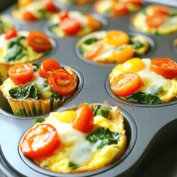 To make these easy veggie egg muffins, you will need simple, fresh ingredients. Here’s what you’ll need: - 6 large eggs - 1 cup fresh spinach, roughly chopped - 1/2 cup bell peppers, diced - 1/4 cup red onion, finely chopped - 1/2 cup cherry tomatoes, quartered - 1/4 cup shredded cheese - 1 teaspoon garlic powder - 1 teaspoon salt - 1/2 teaspoon freshly ground black pepper - Cooking spray or oil for greasing These muffins are quick to prepare, taking only about 10 minutes to prep. They make a healthy meal that you can enjoy anytime. Using fresh vegetables can make your egg muffins pop with flavor and color. Here are some great options: - Spinach adds a mild taste and is packed with nutrients. - Bell peppers bring sweetness and crunch. Choose your favorite color! - Red onion gives a nice bite and sweetness when cooked. - Cherry tomatoes add juiciness and a burst of flavor. Feel free to swap in other veggies too! Zucchini, broccoli, or mushrooms can work well. Cheese adds creaminess and flavor that complements the eggs. Here are some tasty choices: - Cheddar cheese adds a sharp and rich taste. - Mozzarella cheese provides a mild and gooey texture. - A blend of cheeses can give you a complex flavor profile. Choose the cheese that you love most! This will make your veggie egg muffins even better. Start by preheating your oven to 350°F (175°C). This step is key. While the oven warms up, take a standard muffin tin and lightly grease it. You can use cooking spray or a drizzle of oil. Make sure to coat each cup well. This helps the muffins release easily later. Next, grab a large mixing bowl. Crack six large eggs into the bowl. Whisk them together until they look frothy. This should take about a minute. Now, add the chopped spinach, diced bell peppers, finely chopped red onion, quartered cherry tomatoes, and shredded cheese to the eggs. Also, sprinkle in garlic powder, salt, and black pepper. Use a spatula to fold everything gently. Mix until all the veggies are well coated with egg. Carefully pour the egg mixture into the prepared muffin tin. Fill each cup about three-quarters full. This gives them room to rise. Place the muffin tin in your preheated oven. Bake for 18-20 minutes. You’ll know they are done when the tops are set and lightly golden. A toothpick should come out clean when inserted in the center. Once baked, take the muffin tin out of the oven. Let it cool for about 5 minutes. Run a knife around each muffin. This helps them come out easily. Enjoy your veggie egg muffins warm, or cool them completely for meal prep. Store in an airtight container in the fridge for up to a week. For soft and fluffy egg muffins, you need to whisk the eggs well. Make sure the yolks and whites mix completely. Add the veggies gently, so they don't break down too much. Baking at the right temperature is key. Set your oven to 350°F (175°C) and keep an eye on them. They should rise and be golden on top. To keep your muffins from sticking, grease the muffin tin well. Use cooking spray or a drizzle of oil. Make sure to cover each cup evenly. After baking, let them cool for a few minutes. Then, run a knife around the edges to help them pop out easily. This simple step saves a lot of hassle! These veggie egg muffins are super flexible. Serve them warm right from the oven. They also work great cold as a snack. Pair them with a fresh salad for lunch. You can even slice them in half and add avocado or salsa. For a fun twist, try serving them on a colorful platter to impress your guests. Enjoy them any time of day! {{image_4}} You can boost flavor and nutrition by adding protein. Bacon or sausage works great. Cook the meat first, then chop it into small pieces. Mix it into your egg mixture. This adds a tasty crunch and richness. You can also try diced ham or cooked turkey for a leaner option. Each choice gives a unique twist to your veggie egg muffins. Herbs and spices can change the taste of your muffins. Fresh herbs like basil, parsley, or cilantro add brightness. Try adding a teaspoon of dried oregano or thyme for a warm flavor. If you like heat, a pinch of red pepper flakes can spice things up. Experiment with different combinations to find your favorite blend. To make these muffins dairy-free, skip the cheese. You can use nutritional yeast for a cheesy flavor without dairy. For a vegan version, replace eggs with a mixture of flaxseed and water. Use 1 tablespoon of ground flaxseed with 2.5 tablespoons of water for each egg. This keeps your muffins fluffy and delicious. You can also add silken tofu for extra protein. Check out the Full Recipe for more ideas on how to customize your veggie egg muffins! Store your veggie egg muffins in the fridge. Place them in an airtight container. They will stay fresh for up to a week. Label the container with the date. This helps you remember when you made them. You can freeze these muffins for longer storage. First, cool them completely. Then, wrap each muffin in plastic wrap. Place the wrapped muffins in a freezer-safe bag. They can last up to three months in the freezer. When ready to eat, simply thaw them in the fridge overnight. Reheat your muffins in a few simple steps. For best results, use the oven. Preheat to 350°F (175°C). Place the muffins on a baking sheet and heat for about 10 minutes. You can also use the microwave for a quick option. Heat on medium power for 30 seconds or until warm. Enjoy your tasty muffins warm for breakfast or a snack! Yes, you can use frozen vegetables in these muffins. Just make sure to thaw and drain them before mixing. This keeps the muffins from getting too watery. Frozen veggies like spinach, bell peppers, or mixed blends work well. They add flavor and nutrients, making your muffins even better. These veggie egg muffins can last up to one week in the fridge. Store them in an airtight container. This keeps them fresh and tasty for your busy mornings or snacks. I often make a big batch and enjoy them throughout the week. The best way to reheat veggie egg muffins is in a microwave. Place one muffin on a plate and heat it for about 30-45 seconds. If you want a crispier texture, pop them in the oven at 350°F (175°C) for about 10 minutes. This way, they taste just as good as when you first baked them. For the full recipe, check out the detailed steps above. This blog post covered how to make veggie egg muffins from start to finish. We explored key ingredients, like vegetables and cheese options. I shared step-by-step instructions for preparing and baking. Tips for perfect texture and serving were included. We discussed various protein add-ins, herbs, and adaptations for special diets. Finally, I provided storage and reheating tips. In summary, these muffins are tasty and easy to make. Get creative and enjoy them at any meal!