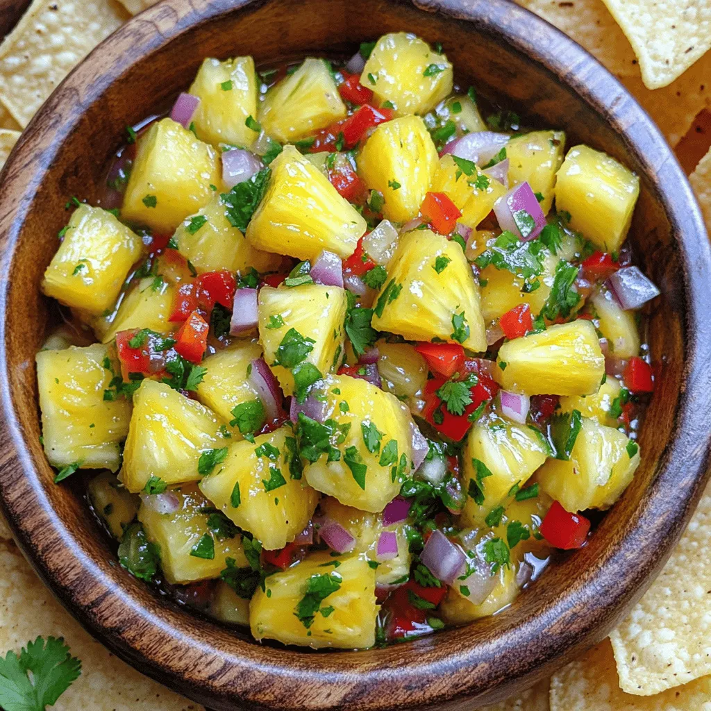 - 2 cups fresh pineapple, diced into small cubes - 2 habanero peppers, seeded and minced - 1 medium red bell pepper, finely chopped - 1 small red onion, finely chopped - 1/4 cup fresh cilantro, finely chopped - Juice of 1 lime - Salt, to taste - 1 tablespoon honey (optional) In this salsa, fresh pineapple shines. You want ripe, juicy pineapple for the best flavor. It adds sweetness and a tropical vibe. Next, we use habanero peppers for heat. They pack a punch! Adjust the amount based on how hot you like it. Red bell pepper adds a fresh crunch and color. The red onion gives a mild bite. Fresh cilantro brings a burst of flavor that brightens everything. Don’t forget the lime juice! It adds a zesty tang. The optional honey can balance the heat with a touch of sweetness. - Mixing bowl - Chopping board - Knife - Measuring cups You need a few tools to make this salsa. A mixing bowl is a must for combining all the ingredients. A chopping board and knife help you prepare the fresh produce. Measuring cups ensure you get the right amounts. These tools make the process smooth and simple. For the full recipe, check the section above. Enjoy making your Pineapple Habanero Salsa! 1. In a large mixing bowl, combine the base ingredients: - 2 cups fresh pineapple, diced into small cubes - 1 medium red bell pepper, finely chopped - 1 small red onion, finely chopped Stir well to mix everything evenly. 2. Next, incorporate habaneros to taste. - Use 2 habanero peppers, seeded and minced. - Before adding all, taste a small piece to check the heat. Adjust the amount based on how spicy you want it. 3. Now, add cilantro and lime juice. - Include 1/4 cup fresh cilantro, finely chopped. - Squeeze the juice of 1 lime into the bowl. Gently stir to combine all ingredients. 1. Season the salsa with salt. Add salt to your liking for flavor. 2. If you want a hint of sweetness, incorporate honey. - Add 1 tablespoon honey if desired. Mix very well to blend all flavors together. 3. Allow the salsa to meld. Let it sit covered for at least 30 minutes at room temperature. This step enhances the overall taste. Enjoy your Pineapple Habanero Salsa with tortilla chips, grilled meats, or tacos. For the Full Recipe, refer to the earlier section. - Modifying spice levels: If you want less heat, use fewer habanero peppers. You can start with one and taste it before adding more. You can also replace habaneros with jalapeños for a milder kick. - Alternatives for fresh ingredients: If you can't find fresh pineapple, you can use canned pineapple. Just make sure to drain it well. You can also swap out red bell pepper for green or yellow ones based on your taste. - Serving suggestions: Serve your salsa in a bright bowl. This adds color and makes it more inviting. Pair it with crispy tortilla chips or grilled fish for a tasty meal. - Garnishing techniques: A sprinkle of fresh cilantro on top adds a nice touch. Squeeze some lime juice over the salsa just before serving for extra zing. - Making salsa in advance: You can make this salsa a few hours ahead. This gives the flavors time to blend. Just keep it covered in the fridge until you’re ready to serve. - Storing leftovers correctly: If you have any salsa left, store it in an airtight container. It can last about 3-5 days in the fridge. If it starts to smell or look off, it’s best to throw it away. {{image_4}} You can make your pineapple habanero salsa even more exciting. Try adding mango or avocado. Mango brings a sweet, juicy twist. Avocado adds creaminess and richness. Both flavors blend nicely with the pineapple. You can also play with different citrus juices. Orange or grapefruit juice brightens the salsa. Each option adds a unique taste. If you want more heat, consider using other peppers. Jalapeños or serranos can work well. They offer different heat levels and flavors. You can also add spices for more complexity. Cumin or smoked paprika can enhance the flavor. Just remember to start small and taste as you go. For vegan-friendly options, replace honey with agave syrup. This keeps the sweetness without using animal products. If you want a low-sugar version, skip the honey. You can also use citrus juice for natural sweetness. Adjusting these ingredients makes the salsa fit your diet. To keep Pineapple Habanero Salsa fresh, store it in the fridge. It lasts about 3 to 5 days. Use an airtight container to keep out air and moisture. This helps the salsa stay fresh longer. Glass jars or plastic containers work well. Just make sure they seal tightly. You can freeze Pineapple Habanero Salsa for longer storage. To freeze, place it in a freezer-safe container. Leave some space at the top, as salsa expands when frozen. It can last up to 3 months in the freezer. When you want to use it, take the salsa out of the freezer. Put it in the fridge to thaw overnight. For quicker thawing, you can place it in a bowl of cold water. This method keeps the flavors intact. After thawing, stir well and taste. Adjust seasoning if needed for the best flavor. You can store Pineapple Habanero Salsa for up to five days in the fridge. To keep it fresh, place it in an airtight container. After five days, the flavors may change. The salsa can still be safe to eat, but it might not taste as bright and fresh. Always check for any off smells or colors before using. Yes, you can use canned pineapple if fresh is not available. Just make sure to drain the juice. Canned pineapple tends to be sweeter, so you might want to adjust the honey in the recipe. This swap can still give you a tasty salsa. However, fresh pineapple provides a firmer texture and brighter taste. Pineapple Habanero Salsa is great with many dishes. Here are some ideas: - Tortilla chips for a tasty snack - Grilled chicken or fish for added flavor - Tacos or burritos as a zesty topping - Salads for a fresh twist This salsa brightens up any meal! Yes, this salsa can be spicy due to the habanero peppers. If you want less heat, use fewer habaneros or remove the seeds. You can also mix in a bit of diced cucumber or bell pepper to tone it down. If you like it hotter, add more minced habanero until you reach your desired spice level. Absolutely! You can use other peppers depending on your taste. Jalapeños will provide a milder heat. Serrano peppers can give a nice kick without being overwhelming. For a sweet flavor, try using bell peppers. Just remember to adjust the quantity based on how spicy you want your salsa to be. In this blog post, we covered how to make Pineapple Habanero Salsa step-by-step. You learned about the main ingredients, required tools, and tips for making it your own. Remember, you can adjust the spice levels and add fun fruits. Don’t forget to store your salsa properly for the best taste. This salsa can spice up many dishes. It's fresh, easy, and packed with flavor. Enjoy your cooking adventure, and unleash your creativity with this delicious recipe!