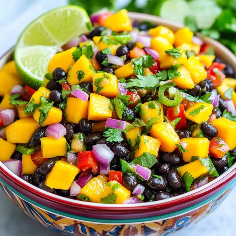 - 1 ripe mango, diced - 1 can (15 oz) black beans, rinsed and drained - 1 red bell pepper, finely chopped - 1/2 medium red onion, finely chopped - 1 small jalapeño pepper, minced - 1/4 cup fresh cilantro leaves, chopped - Juice of 1 fresh lime - 1 tablespoon extra-virgin olive oil - Salt and black pepper to taste The main ingredients create a vibrant mix of flavors. The ripe mango gives a sweet taste, while black beans add protein and texture. Red bell pepper provides a crunchy bite, and red onion adds a mild sharpness. The jalapeño adds heat, but you can adjust it to your liking. Fresh cilantro brings a bright note, and lime juice gives it a zesty kick. Olive oil adds richness to the salsa, while salt and pepper enhance all the flavors. - Additional spices (e.g., cumin, chili powder) - Sliced avocados - Corn for added sweetness Optional ingredients can take your salsa to the next level. If you want more depth, add cumin or chili powder for warmth. Sliced avocado can make it creamy, which pairs well with the sweet mango. You can also add corn for a touch of sweetness and crunch. These extras make your salsa unique and even more enjoyable. You can find the full recipe to get all the details you need. - In a large bowl, combine the diced mango, black beans, red bell pepper, and red onion. - Stir the mixture gently to keep the mango cubes intact. - Carefully fold in the minced jalapeño and chopped cilantro. - In a separate bowl, whisk together the lime juice, olive oil, salt, and pepper. - Drizzle this dressing over the salsa mixture and toss gently. - Taste the salsa and adjust the seasoning if needed. - Let the salsa rest for 15 minutes to meld the flavors. You can find the Full Recipe above for a complete guide. Enjoy your delicious creation! - Use perfectly ripe mangoes for optimal sweetness. A ripe mango will have a sweet, fragrant smell. Look for mangoes that yield slightly when you press them. This means they are soft and ready to eat. - Adjust jalapeño quantity based on spice preference. If you like heat, use more jalapeño. If you prefer mild salsa, start with less. Always taste as you go. - Resting the salsa enhances flavor. Letting it sit for 15 minutes allows the juices to mix. This resting time makes every bite burst with flavor. - Serve in a colorful bowl and garnish with cilantro and lime wedges. A bright bowl makes the salsa pop. The green cilantro and yellow lime add charm. - Pair with tortilla chips or grilled dishes for serving. This salsa tastes great with crunchy chips. It also adds flavor to grilled chicken or fish. Enjoy it at your next gathering! {{image_4}} This salsa is very flexible. You can make it vegan and gluten-free. It uses only fresh, whole ingredients. If you want more protein, try adding quinoa. Quinoa is a great choice. It’s easy to cook and works well with the salsa flavors. Just cook the quinoa and let it cool before mixing it in. To boost the creaminess, add diced avocado. Avocado pairs nicely with mango and beans. It also gives a smooth texture. Another fun twist is to add corn. Sweet corn brings a nice crunch and a hint of sweetness. Mix in about a half-cup of corn for great results. These simple changes keep the salsa fresh and interesting. For the full recipe, check out the link. After you enjoy your mango black bean salsa, store any leftovers in the fridge. Use an airtight container to keep it fresh. This salsa tastes best within 2-3 days. The flavors will blend and get even better, but it won't last forever. If you want to save your salsa for later, you can freeze it. Just scoop it into a freezer-safe container. It will stay good for several months. When you're ready to eat it, thaw the salsa in the fridge overnight. This way, it stays safe and tasty for your next meal. To make mango black bean salsa, gather these ingredients: - 1 ripe mango, diced into small cubes - 1 can (15 oz) black beans, thoroughly rinsed and drained - 1 red bell pepper, finely chopped - 1/2 medium red onion, finely chopped - 1 small jalapeño pepper, minced - 1/4 cup fresh cilantro leaves, chopped - Juice of 1 fresh lime - 1 tablespoon extra-virgin olive oil - Salt and black pepper to taste Start by mixing the diced mango, black beans, red bell pepper, and red onion in a large bowl. Stir gently so the mango stays intact. Next, fold in the minced jalapeño and cilantro. In a separate bowl, whisk together lime juice, olive oil, salt, and pepper. Drizzle this dressing over the salsa and toss gently. Let it sit for at least 15 minutes to blend the flavors. You can serve mango black bean salsa in many fun ways. Here are some ideas: - With crunchy tortilla chips for a fresh snack - As a topping on grilled chicken for added flavor - On fish tacos to enhance the taste - As a side dish with rice or quinoa - In lettuce wraps for a light meal Each option makes the salsa shine and adds a burst of flavor to your meal. Mango black bean salsa keeps well in the fridge. Store it in an airtight container. It’s best enjoyed within 2-3 days. For longer storage, you can freeze it. Just remember to thaw it in the fridge before serving. Freshness is key to enjoying all the bright flavors! Mango black bean salsa is easy to make and tasty. You blend fresh ingredients like mango and beans, then toss in spices and lime juice. You can adapt the recipe to fit your diet and add extra flavors. Remember to rest the salsa so the tastes mix well. Store leftovers in the fridge for a few days or freeze for later. Enjoy this bright, healthy dish with friends, chips, or on grilled meats. Make it your own each time for the best experience!