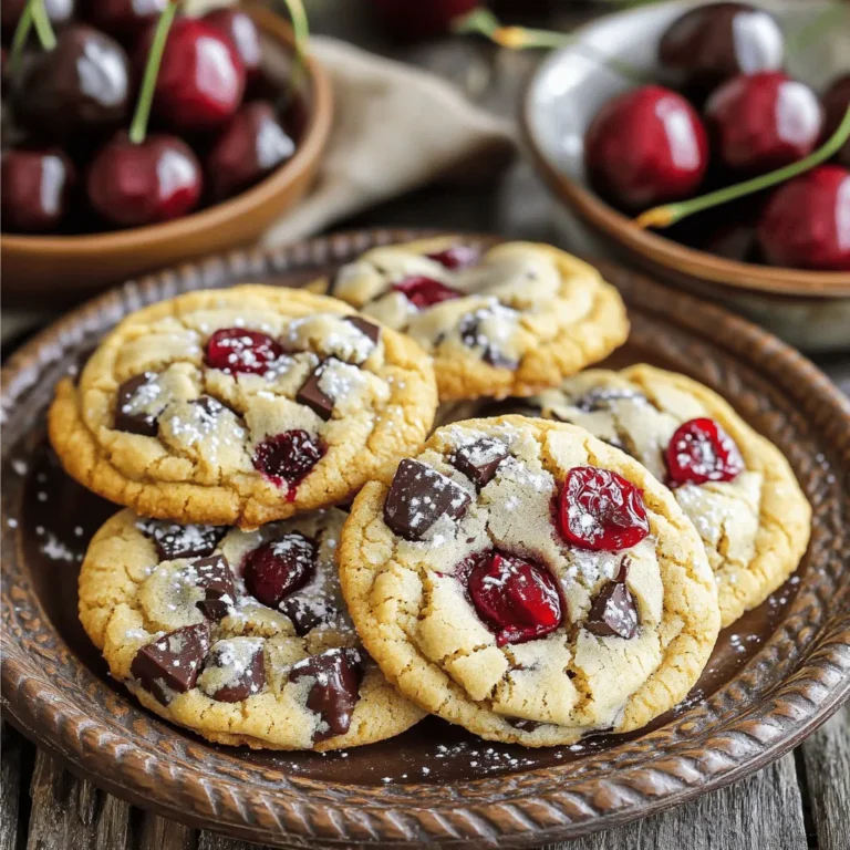 To make these cherry chocolate chunk cookies, gather these simple ingredients: - 1 cup unsalted butter, softened to room temperature - 3/4 cup light brown sugar, tightly packed - 1/2 cup granulated sugar - 2 large eggs, at room temperature - 1 teaspoon pure vanilla extract - 2 1/4 cups all-purpose flour - 1 teaspoon baking soda - 1/2 teaspoon fine sea salt - 1 cup dark chocolate chunks (or chips) - 1 cup fresh cherries, pitted and halved - 1/2 cup walnuts, chopped (optional) These ingredients come together to create a perfect blend of sweet and tart flavors. The soft butter helps the dough stay moist, while the sugars add that needed sweetness. The fresh cherries give a burst of flavor in every bite. For a twist, think about these add-ins: - 1/2 cup shredded coconut - 1/2 cup white chocolate chunks - 1/2 teaspoon almond extract - A pinch of cinnamon for warmth Adding these can change the whole cookie experience. Coconut adds a chewy texture, and white chocolate gives a creamier taste. Almond extract can deepen the flavor too. If you lack some ingredients, here are easy swaps: - Use margarine instead of butter. - Swap brown sugar with coconut sugar. - Replace eggs with 1/4 cup unsweetened applesauce for vegan cookies. - Use gluten-free flour instead of all-purpose flour. These substitutions make it easy to adapt this recipe. No matter your dietary needs, you can enjoy cherry chocolate chunk cookies. For the full recipe, make sure to follow the steps I shared! To make the dough, start by gathering your ingredients. You need butter, sugars, eggs, and vanilla. Cream the softened butter with both sugars in a large bowl. Use an electric mixer on medium speed for about three to four minutes. You want it light and fluffy. Then, add in the eggs one at a time. Mix well after each addition. Stir in the vanilla extract next. In another bowl, whisk together flour, baking soda, and salt. Gradually mix this dry blend into your wet ingredients. Do this on low speed until you see no dry flour. Be careful not to overmix! Finally, fold in the dark chocolate chunks and halved cherries. If you like walnuts, toss those in too. This mixture makes a lovely dough. Preheat your oven to 350°F (175°C). Line two baking sheets with parchment paper to prevent sticking. Using a cookie scoop or tablespoon, drop rounded portions of dough onto the sheets. Make sure to leave about two inches between each cookie. This space helps them spread while baking. Bake the cookies for 10 to 12 minutes. They should have golden edges, while the centers look soft. It’s okay if they seem slightly underbaked. They will continue to firm up as they cool. Once baked, remove the cookies from the oven. Let them cool on the baking sheets for about five minutes. This resting time helps them set. After that, transfer the cookies to wire racks to cool completely. This step is key to keeping them from getting soggy. When cooled, your cherry chocolate chunk cookies are ready to enjoy! For the full recipe, check out the complete guide on making these irresistible treats. To get the best texture for your Cherry Chocolate Chunk Cookies, use room temperature butter. This helps create a light, fluffy dough. Cream the butter and sugars well, about three to four minutes. This step adds air to the mix. Don’t skip it! When adding flour, mix just until incorporated. Overmixing can lead to tough cookies. Also, fold in the chocolate and cherries gently. You want them evenly spread but not crushed. Many people make simple mistakes. One is using cold butter. Cold butter makes it hard to cream properly. Another mistake is not measuring flour correctly. Too much flour can make the cookies dry. Use a spoon to scoop flour into your measuring cup, then level it off. Lastly, keep an eye on baking time. Cookies can go from perfect to burnt in a minute. Check them when they are golden brown at the edges but still soft in the center. Serve these cookies warm, right out of the oven. Warm cookies taste the best! For a fun twist, add a scoop of vanilla ice cream on top. The cold ice cream pairs nicely with the warm cookie. You can also plate them with fresh cherries. This adds color and flavor. For a sweet touch, dust the cookies with powdered sugar before serving. This makes them look even more tempting. For the full recipe, follow the steps outlined above to create these delicious treats! {{image_4}} You can change the chocolate in these cookies. Dark chocolate is rich, but you can use milk chocolate for a sweeter taste. White chocolate adds a creamy flavor too. Mix different chocolates for a fun twist. You might try a mix of dark and milk chocolate chunks. This makes each bite exciting and new. If you want to switch up the fruit, go ahead! Dried cranberries or blueberries work well. You could even use chopped strawberries for a refreshing change. Each fruit gives a new flavor and texture. Just remember to adjust the sugar if the fruit is sweeter than cherries. For those who need gluten-free cookies, the recipe can change easily. Use a gluten-free flour blend instead of all-purpose flour. You can find these blends in most stores. They work well and keep the cookies soft. Add a bit of xanthum gum if your blend does not already have it. This helps bind everything together for the perfect cookie. For the full recipe, check out the Cherry Chocolate Chunk Cookies section. To keep your cherry chocolate chunk cookies fresh, store them in an airtight container. This helps prevent them from drying out. You can place a slice of bread in the container. This extra slice will keep the cookies soft. If you use this method, replace the bread slice every few days. Keep the cookies at room temperature for up to five days. If you want to save some cookies for later, freezing is a great option. First, let the cookies cool completely. Then, place them in a single layer on a baking sheet. Freeze them for about an hour until they are firm. After that, transfer the cookies to a freezer bag. Make sure to remove as much air as possible. You can freeze them for up to three months. When you are ready to enjoy them, just thaw them at room temperature. Cherry chocolate chunk cookies have a good shelf life. When stored correctly, they last about five days at room temperature. If frozen, they can last for up to three months. However, the taste and texture are best enjoyed fresh. For the best flavor, eat the cookies within the first few days after baking. You can always check for any signs of spoilage before eating. Enjoy these treats while they are still delicious! Yes, you can use frozen cherries. Just make sure to thaw and drain them first. This step helps reduce excess moisture. If you skip this, your cookies may turn out soggy. Frozen cherries work well and still taste great. You can replace eggs with several options. Use 1/4 cup unsweetened applesauce for each egg. Another choice is 1 tablespoon ground flaxseed mixed with 3 tablespoons water. Let it sit for a few minutes until it thickens. These substitutes help bind the cookies while keeping them moist. To achieve a chewier texture, try these tips: - Use more brown sugar than white sugar. - Chill the dough for 30 minutes before baking. - Bake the cookies slightly less than the recipe states. This keeps them soft. These changes give your cookies that perfect chewy bite! In this post, we covered essential ingredients and step-by-step instructions for cherry chocolate chunk cookies. You learned about optional add-ins and substitutes. I shared tips for the perfect texture and common mistakes to avoid. We explored different variations, as well as storage tips for leftovers. Baking can be fun and rewarding. With these guidelines, you can create delicious cookies that please everyone. Enjoy your baking journey!