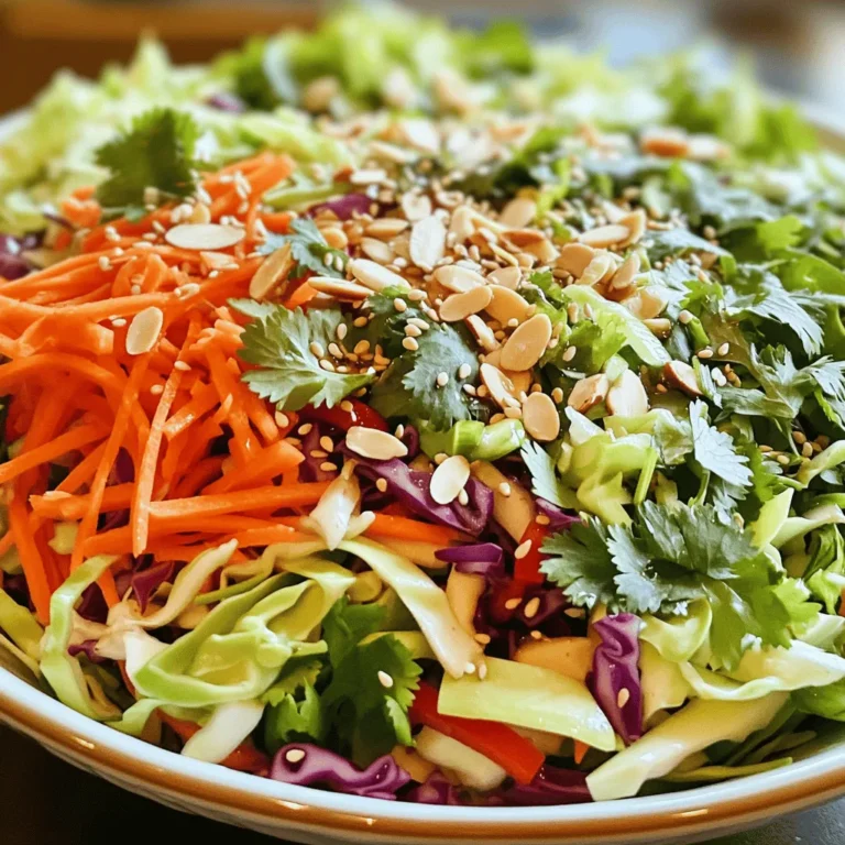 - 4 cups green cabbage, finely shredded - 1 cup red cabbage, finely shredded - 1 cup carrots, grated or julienned - 1 red bell pepper, cut into thin matchsticks - ½ cup green onions, chopped - ½ cup fresh cilantro, roughly chopped - 1/3 cup slivered almonds (or sunflower seeds for nut-free) - 1/3 cup toasted sesame seeds - 3 tablespoons soy sauce (or tamari for gluten-free) - 2 tablespoons rice vinegar - 1 tablespoon honey or maple syrup - 1 tablespoon toasted sesame oil - 1 teaspoon fresh ginger, grated - 1 teaspoon garlic, minced - Salt and freshly ground black pepper to taste The ingredients in Crunchy Asian Slaw bring bright colors and flavors. Each one plays a vital role. Green cabbage adds crispness, while red cabbage adds a pop of color. Carrots give sweetness, and red bell pepper brings crunch. Green onions and cilantro add fresh notes. Slivered almonds or sunflower seeds give a nutty flavor and texture. The toasted sesame seeds finish the dish with a warm, nutty taste. For the dressing, soy sauce or tamari gives a salty depth. Rice vinegar adds tang, while honey or maple syrup balances the flavors. Toasted sesame oil brings richness. Fresh ginger and garlic add a kick. You can adjust salt and pepper to your liking. Together, these ingredients create a vibrant and tasty salad. You can find the full recipe [here](#). - Combine all shredded and chopped vegetables in a large mixing bowl. - Toss ingredients gently for even distribution. To start, gather your fresh produce. I love using crisp green cabbage and vibrant red cabbage. The color makes the slaw look amazing. Then, add grated carrots for sweetness and crunch. The red bell pepper brings a nice pop of color, too. I also add chopped green onions and cilantro for flavor. Lastly, toss in slivered almonds or sunflower seeds for a bit of crunch. - Whisk together dressing ingredients in a separate bowl. - Ensure all components are well mixed. For the dressing, mix soy sauce with rice vinegar for a tangy base. Add honey or maple syrup for sweetness, and toasted sesame oil for a nutty kick. Grate fresh ginger and mince garlic to enhance the flavor. Give it a good whisk until everything blends nicely. The dressing should have a balance of salty, sweet, and tangy notes. - Pour dressing over the slaw mixture. - Toss gently to coat all ingredients. - Allow to marinate for at least 15 minutes in the refrigerator. Now, pour the dressing over the slaw mixture. Gently toss everything together. This helps the flavors mix well. Once coated, let it chill in the refrigerator for at least 15 minutes. This resting time helps the flavors meld. Trust me, it’s worth the wait! If you want the full recipe, check it out. Enjoy your crunchy Asian slaw! - Use fresh produce for the best flavor and crunch. - Adjust sweetness with honey or maple syrup to taste. Using fresh produce makes a big difference. Fresh cabbage and crunchy carrots bring life to your slaw. The crispness adds that satisfying crunch in every bite. If you like it sweeter, add honey or maple syrup. Start with a small amount and taste as you go. - Let it sit longer for deeper flavor. - Add a squeeze of lime or lemon before serving for freshness. Allowing the slaw to rest helps the flavors blend. The longer it sits, the better it tastes. Right before serving, squeeze fresh lime or lemon juice over the top. This adds a bright, zesty note that wakes up the dish. - Julienning vegetables ahead of time for quick assembly. - Store dressing separately until ready to serve. Cut your vegetables in advance to save time. Julienning makes for a quick assembly when you are ready to serve. Keep the dressing separate until serving to keep your slaw crunchy and fresh. These simple steps make your cooking experience easier and more enjoyable. For the full recipe, check out the Crunchy Asian Slaw Delight. {{image_4}} You can easily make this slaw nut-free. Just substitute slivered almonds with sunflower seeds. This change keeps the crunch but removes nuts. If you want an even simpler recipe, you can exclude sesame seeds altogether. This will still leave you with a fresh and tasty salad. If you love a kick of heat, try a spicy chili dressing instead of the standard one. It adds a fun twist and wakes up the flavors. Another option is to use apple cider vinegar in place of rice vinegar. This change gives a different taste that many enjoy. To make your slaw heartier, add proteins like grilled chicken or tofu. They boost the nutrition and make it a filling meal. For a touch of sweetness, incorporate fruits like mandarin oranges or chopped apples. These fruits balance the crunch with a juicy burst of flavor. You can mix and match these ideas to create your own unique slaw. For the full recipe, check out the Crunchy Asian Slaw Delight! - Store in an airtight container in the fridge. - Keep dressing separate until serving to maintain crunch. - Best consumed within 2-3 days for optimal freshness. - Slaw may become soggy if left for too long. - Not recommended for freezing due to texture changes. - Best enjoyed fresh. When you make Crunchy Asian Slaw, proper storage is key. An airtight container keeps it crisp. If you mix the dressing in advance, the slaw will lose its crunch. Always wait to add the dressing until you are ready to eat. For the best taste, eat your slaw within a few days. After 2-3 days, it won't taste as fresh. The longer it sits, the soggier it gets. Freezing this slaw is not a good idea. When you freeze vegetables, they can lose their nice crunch. Enjoy it fresh for the best experience. Remember, freshness is part of the appeal! For all the details on making this dish, check the full recipe. Yes, but store dressing separately until right before serving. This keeps the slaw crunchy. Crunchy Asian Slaw pairs well with grilled meats, sushi, or as a light lunch option. Yes, if you use maple syrup instead of honey. This makes it a great choice for everyone. Use tamari instead of soy sauce for a gluten-free option. This allows everyone to enjoy it. It is low in calories and high in vitamins from fresh vegetables. This makes it a healthy choice. To sum up, the Crunchy Asian Slaw is fresh and flavorful with simple ingredients. You can mix colorful veggies, whip up a tasty dressing, and get creative with variations. This dish fits into many meals and is easy to prep. Remember to keep it fresh for the best crunch. Enjoy experimenting with flavors, and make this slaw your own. You’ll love how quick and satisfying it is to make!