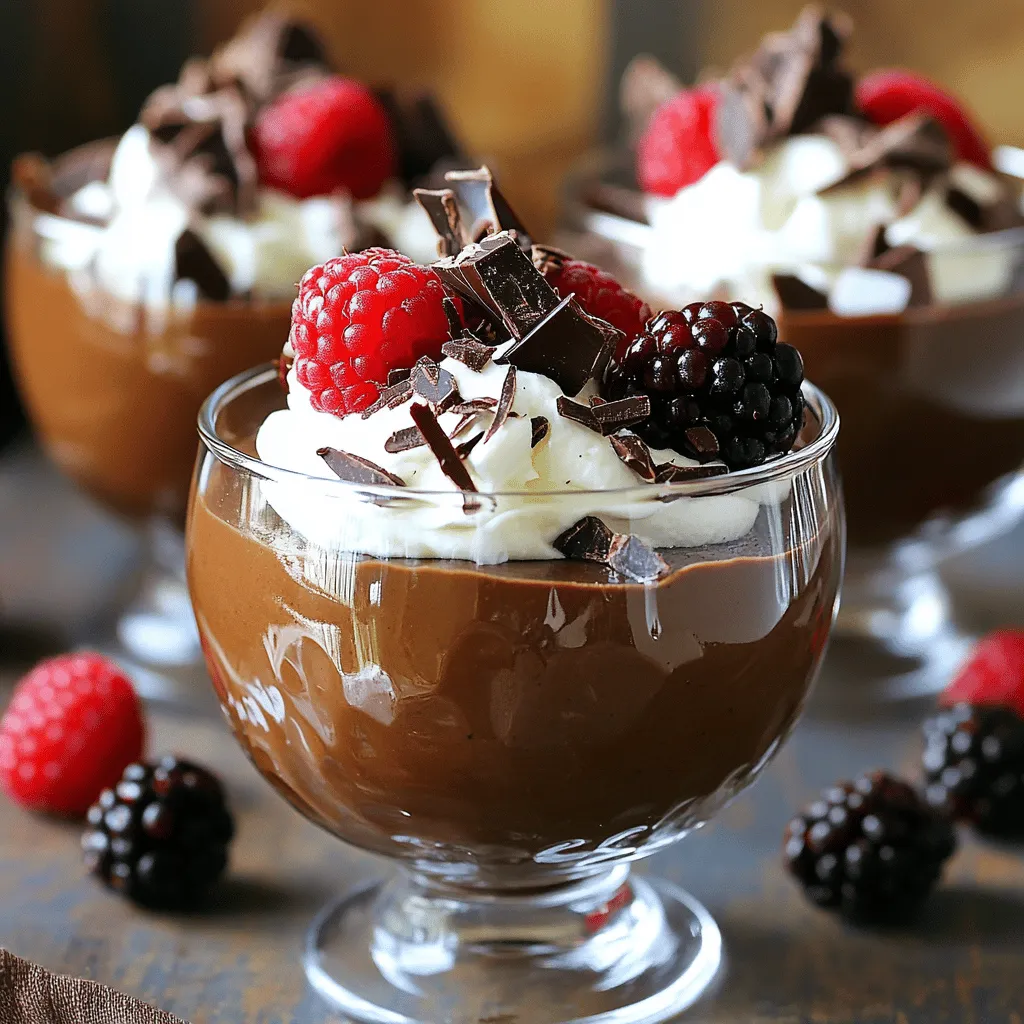 - 2 ripe avocados - 1/3 cup unsweetened cocoa powder - 1/4 cup maple syrup - 1/4 cup almond milk - 1 teaspoon vanilla extract - Pinch of salt The main ingredients for this mousse are simple and healthy. Avocados give the mousse a rich, creamy texture. Cocoa powder adds the deep chocolate flavor we all love. Maple syrup brings just the right amount of sweetness. Almond milk keeps it light and smooth. A touch of vanilla makes it fragrant, while a pinch of salt balances the flavors. - Whipped coconut cream - Fresh berries - Shaved dark chocolate Optional toppings can elevate your mousse. Whipped coconut cream adds a light, fluffy texture. Fresh berries bring a burst of color and a tangy taste. Shaved dark chocolate adds a rich, crunchy contrast. Feel free to mix and match toppings to suit your taste! For the full recipe, check the details. You'll enjoy making this easy and tasty treat! - Peel and pit the avocados. - Place avocados in a food processor. First, take your ripe avocados and cut them in half. Remove the pit carefully. Now, use a spoon to scoop out the green flesh and place it in your food processor. This step is key. The avocado gives the mousse its creamy texture. - Blend until smooth. - Add cocoa powder, maple syrup, almond milk, vanilla, and salt. Blend the avocados on high speed until they are smooth. This may take about 30 seconds. You want no lumps. Next, sift in the unsweetened cocoa powder. This helps avoid clumps. Then, pour in the maple syrup, almond milk, vanilla extract, and a pinch of salt. These ingredients add flavor and sweetness, making your mousse rich and delicious. - Blend ingredients until silky. - Adjust sweetness if necessary. Blend everything together on high speed. Stop to scrape down the sides of the bowl if needed. You want a silky-smooth mixture. After blending, taste your mousse. If you want it sweeter, add more maple syrup. Blend again for a few seconds to mix it in. - Transfer to serving bowls. - Chill in the refrigerator for at least 30 minutes. Once blended, transfer the mousse to serving bowls. This can be colorful cups or simple bowls. Cover them and place in the fridge for at least 30 minutes. Chilling helps the mousse firm up and enhances the flavors. Before serving, add optional toppings like whipped coconut cream, fresh berries, or dark chocolate shavings for a beautiful finish. You can find the Full Recipe to guide you through every step in detail. To make your mousse smooth, blend the ingredients long enough. I suggest blending for at least one minute. This ensures the avocados break down well. You should stop the processor and scrape down the bowl every so often. This step is key for an even mix. It helps prevent any lumps and gives you that creamy texture. I love using maple syrup for sweetness. It adds a nice flavor and pairs well with chocolate. If you want, you can try other sweeteners too. Options like agave syrup or honey work well. Just remember to taste as you go. This way, you can find the right balance for your palate. Serving matters. I recommend colorful bowls to brighten your dish. They make each serving pop visually. You can get creative with toppings too. A dollop of whipped coconut cream, fresh berries, or dark chocolate shavings adds flair. Arrange them artfully to impress your guests. A little extra touch goes a long way in making your dessert look gourmet. {{image_4}} If you want a vegan version of this mousse, you can swap maple syrup for corn syrup or agave. Both options work well and keep the mousse sweet and smooth. Just make sure to taste it as you mix. You may find that you like one sweetener better than the other! This recipe is naturally gluten-free. Just ensure that all your ingredients are gluten-free. Check labels on the cocoa powder and any toppings you choose. This way, you can enjoy your dessert without any worries! To make your mousse even more exciting, think about adding flavors. A bit of espresso or coffee can give it a rich mocha taste. You can also try adding extracts like almond or mint. Just a few drops can change the whole vibe of your dessert. Mix and match to find your favorite combinations! For the full recipe, check out the Decadent Avocado Chocolate Mousse. To keep your avocado chocolate mousse fresh, store it in an airtight container. This helps prevent air from getting in and changing the texture. You should refrigerate it right after serving to keep it tasty. The mousse will stay good for up to three days in the fridge. To maintain the flavor and texture, avoid leaving it out too long. If you see any browning, just give it a quick stir. The cocoa will help hide any small color changes. Yes, you can freeze avocado chocolate mousse! This is great if you want to save some for later. Just scoop it into a freezer-safe container, leaving some space at the top. The mousse may change a bit in texture after freezing, but it will still taste delicious. When you’re ready to eat it, move the mousse to the fridge to thaw overnight. If you want it faster, place it in a bowl of cold water for a couple of hours. After thawing, stir it well to restore its creamy texture. Enjoy your mousse again! For the full recipe, check out the earlier sections. Avocados are packed with good fats. They contain monounsaturated fats that can help your heart. They also have fiber, which aids digestion. You’ll find vitamins like E, C, and K in avocados. These nutrients support skin health and boost your immune system. Using avocado in desserts means you get a treat that’s also healthy. Yes, you can make this mousse ahead. Just store it in the fridge in an airtight container. Covering the mousse helps keep it fresh. It’s best to make it a day before serving. This way, the flavors blend well and it sets nicely. Absolutely! This mousse is a fun and tasty treat for kids. It has no added refined sugar, just natural sweetness from maple syrup. The creamy texture is inviting, and kids love chocolate. Plus, it’s a sneaky way to get them to eat healthy fats from avocados. The mousse will stay fresh for about three days in the fridge. Make sure you keep it covered well. If you notice any browning on top, just stir it in. The taste will still be great! Serve it cold for the best experience. For the full recipe, check out the details above. In this blog post, I shared how to make a creamy avocado chocolate mousse using simple ingredients like ripe avocados, cocoa powder, and maple syrup. I also offered tips for perfect texture, sweetness adjustments, and creative variations. Remember to chill your mousse for a smooth finish and enjoy fun toppings like coconut cream and berries. This dessert is not just tasty; it’s healthy too. Experiment with flavors and share it with others! You’ll love the results and the smiles it brings. Enjoy your homemade treat!