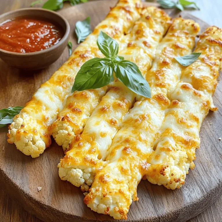 To make cheesy cauliflower breadsticks, you need a few key items: - 1 medium head of cauliflower, riced - 1 cup shredded mozzarella cheese - 1/2 cup grated Parmesan cheese These ingredients hold everything together: - 2 large eggs - 1 teaspoon garlic powder - 1 teaspoon dried oregano - 1/2 teaspoon salt - 1/4 teaspoon black pepper - 1/4 teaspoon crushed red pepper flakes (optional for heat) For extra flavor, consider these: - 1/2 cup marinara sauce (for dipping) With these simple ingredients, you can create a tasty dish. Each item plays a vital role in the final flavor and texture. The riced cauliflower serves as a low-carb base, while the cheeses add creaminess and depth. The eggs help bind everything, ensuring your breadsticks hold together. Seasonings enhance the dish's flavor, making it an irresistible snack. When you serve it with marinara, you elevate the experience. For the full recipe, check out the details provided earlier. First, we need to rice the cauliflower. Chop a medium head into chunks. Use a food processor to pulse it until it looks like fine rice. Then, transfer the riced cauliflower to a microwave-safe bowl. Microwave it for about 8 minutes. This makes it tender and ready to use. Next, we must squeeze out the excess moisture. Let the cooked cauliflower cool for a few minutes. Then, place it in a clean kitchen towel. Gather the corners and twist to remove as much water as possible. This step is key for crunchy breadsticks. Now it's time to mix the ingredients. In a large bowl, combine the drained cauliflower, 1 cup of shredded mozzarella, and 1/2 cup of grated Parmesan cheese. Add 2 large eggs, 1 teaspoon of garlic powder, 1 teaspoon of dried oregano, 1/2 teaspoon of salt, and 1/4 teaspoon of black pepper. If you like heat, add 1/4 teaspoon of crushed red pepper flakes. Stir the mixture until everything is well combined. This forms a dough-like texture that will hold together well when baked. Next, we spread the mixture on the baking sheet. Line it with parchment paper for easy removal. Transfer the cauliflower mix to the sheet, spreading it out evenly. Aim for a rectangular shape about 1/4 inch thick. Now we bake! Preheat your oven to 425°F (220°C) and bake for 25-30 minutes. Look for golden-brown edges and a firm center. Once baked, let the breadsticks cool for a few minutes. This helps with slicing. Use a sharp knife or pizza cutter to cut them into sticks. Serve warm with marinara sauce for dipping. Enjoy these cheesy, crunchy delights! For the full recipe, check the entire guide. To get your cauliflower breadsticks crispy, you need to focus on two things: moisture and heat. First, squeeze out as much moisture from the riced cauliflower as you can. Use a clean kitchen towel to twist and press the cooked cauliflower. This step is key. Moisture will make your breadsticks soggy. Next, spread the cauliflower mixture evenly on the baking sheet. Thin layers bake better. Aim for about 1/4 inch thick. The more surface area, the crispier the edges will be. Bake at 425°F (220°C) for that perfect crunch. Want to kick up the taste? Try adding spices like smoked paprika or Italian seasoning. They add a nice twist. If you prefer a sharper flavor, swap mozzarella with cheddar cheese. You can also use feta for a tangy bite. Feel free to experiment with different herbs or spices. Fresh basil or thyme can elevate the taste. Make it your own! For a dairy-free option, use vegan cheese that melts well. Just remember, each cheese brings its own unique flavor profile. Enjoy exploring! For the full recipe, check out the [Full Recipe]. {{image_4}} You can change the cheese to fit your taste. Cheddar brings a sharp flavor. It melts well and adds color. Feta gives a crumbly texture and a tangy taste. It pairs nicely with herbs. For those avoiding dairy, try non-dairy cheese. Look for options made from nuts or soy. These can melt and taste great too. Before baking, you can add more flavor. Sprinkle some dried herbs like basil or thyme on top. Garlic powder or onion powder adds a nice kick too. You might also want to try spices like paprika or cumin for extra zest. For dipping, marinara sauce is classic, but ranch or garlic sauce works well too. Experiment and find your favorite combo! To store your cheesy cauliflower breadsticks, first let them cool completely. After cooling, place them in an airtight container. You can refrigerate them for up to three days. If you want to keep them longer, freeze the breadsticks. Wrap them tightly in plastic wrap and then in aluminum foil. They can last in the freezer for up to three months. When you want to enjoy your breadsticks again, reheating them correctly is key. The best way is to use an oven. Preheat your oven to 350°F (175°C). Place the breadsticks on a baking sheet and heat for about 10-15 minutes. This method keeps them crispy. You can also use a microwave, but it may make them a bit soggy. If you use the microwave, heat them for 30-second intervals until warm. Enjoy them with marinara sauce for that fresh taste! If you want to swap out cauliflower, you can try broccoli. Riced broccoli works well and gives a similar texture. Another option is zucchini. However, you must drain the excess moisture from zucchini. Other low-carb choices include mashed turnips or even eggplant. Just remember, these may change the taste a bit. Yes, you can make these breadsticks ahead. Prepare the mixture and form the dough. Then, press it onto the baking sheet. Wrap it well and store it in the fridge for up to two days. When you are ready, just bake them straight from the fridge. This saves time and effort on busy days. Yes, these breadsticks are gluten-free. All the ingredients used are naturally gluten-free. The cheese, eggs, and cauliflower do not contain gluten. Be sure to check the labels on your cheese to confirm. If you keep an eye on that, you can enjoy these breadsticks worry-free. To amp up the cheesy flavor, add more cheese to the mix. You can mix in extra mozzarella or even cheddar for a different taste. Sprinkling cheese on top before baking also helps. Try adding cream cheese to the dough for a creamy texture. This will make your breadsticks even more delicious! For the full recipe, check the detailed instructions above. These cheesy cauliflower breadsticks are easy to make and fun to eat. We covered how to prep, mix, and bake them for the best taste and texture. You can add your favorite herbs, cheeses, and dips for variety. Whether you store them or enjoy them fresh, they stay tasty. With a few simple steps, you can create a satisfying snack for any meal. Enjoy experimenting with flavors and sharing with friends! You’ll love how easy they are to make and customize.