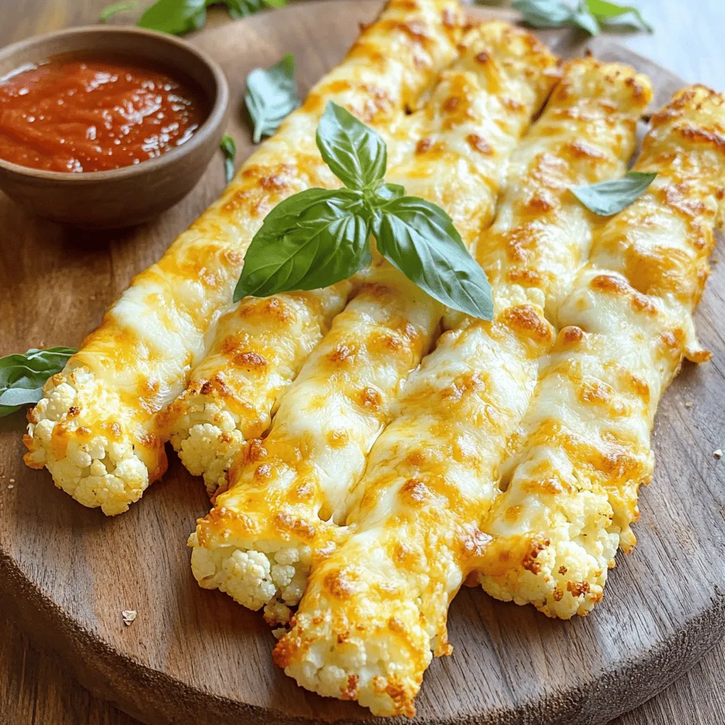 To make cheesy cauliflower breadsticks, you need a few key items: - 1 medium head of cauliflower, riced - 1 cup shredded mozzarella cheese - 1/2 cup grated Parmesan cheese These ingredients hold everything together: - 2 large eggs - 1 teaspoon garlic powder - 1 teaspoon dried oregano - 1/2 teaspoon salt - 1/4 teaspoon black pepper - 1/4 teaspoon crushed red pepper flakes (optional for heat) For extra flavor, consider these: - 1/2 cup marinara sauce (for dipping) With these simple ingredients, you can create a tasty dish. Each item plays a vital role in the final flavor and texture. The riced cauliflower serves as a low-carb base, while the cheeses add creaminess and depth. The eggs help bind everything, ensuring your breadsticks hold together. Seasonings enhance the dish's flavor, making it an irresistible snack. When you serve it with marinara, you elevate the experience. For the full recipe, check out the details provided earlier. First, we need to rice the cauliflower. Chop a medium head into chunks. Use a food processor to pulse it until it looks like fine rice. Then, transfer the riced cauliflower to a microwave-safe bowl. Microwave it for about 8 minutes. This makes it tender and ready to use. Next, we must squeeze out the excess moisture. Let the cooked cauliflower cool for a few minutes. Then, place it in a clean kitchen towel. Gather the corners and twist to remove as much water as possible. This step is key for crunchy breadsticks. Now it's time to mix the ingredients. In a large bowl, combine the drained cauliflower, 1 cup of shredded mozzarella, and 1/2 cup of grated Parmesan cheese. Add 2 large eggs, 1 teaspoon of garlic powder, 1 teaspoon of dried oregano, 1/2 teaspoon of salt, and 1/4 teaspoon of black pepper. If you like heat, add 1/4 teaspoon of crushed red pepper flakes. Stir the mixture until everything is well combined. This forms a dough-like texture that will hold together well when baked. Next, we spread the mixture on the baking sheet. Line it with parchment paper for easy removal. Transfer the cauliflower mix to the sheet, spreading it out evenly. Aim for a rectangular shape about 1/4 inch thick. Now we bake! Preheat your oven to 425°F (220°C) and bake for 25-30 minutes. Look for golden-brown edges and a firm center. Once baked, let the breadsticks cool for a few minutes. This helps with slicing. Use a sharp knife or pizza cutter to cut them into sticks. Serve warm with marinara sauce for dipping. Enjoy these cheesy, crunchy delights! For the full recipe, check the entire guide. To get your cauliflower breadsticks crispy, you need to focus on two things: moisture and heat. First, squeeze out as much moisture from the riced cauliflower as you can. Use a clean kitchen towel to twist and press the cooked cauliflower. This step is key. Moisture will make your breadsticks soggy. Next, spread the cauliflower mixture evenly on the baking sheet. Thin layers bake better. Aim for about 1/4 inch thick. The more surface area, the crispier the edges will be. Bake at 425°F (220°C) for that perfect crunch. Want to kick up the taste? Try adding spices like smoked paprika or Italian seasoning. They add a nice twist. If you prefer a sharper flavor, swap mozzarella with cheddar cheese. You can also use feta for a tangy bite. Feel free to experiment with different herbs or spices. Fresh basil or thyme can elevate the taste. Make it your own! For a dairy-free option, use vegan cheese that melts well. Just remember, each cheese brings its own unique flavor profile. Enjoy exploring! For the full recipe, check out the [Full Recipe]. {{image_4}} You can change the cheese to fit your taste. Cheddar brings a sharp flavor. It melts well and adds color. Feta gives a crumbly texture and a tangy taste. It pairs nicely with herbs. For those avoiding dairy, try non-dairy cheese. Look for options made from nuts or soy. These can melt and taste great too. Before baking, you can add more flavor. Sprinkle some dried herbs like basil or thyme on top. Garlic powder or onion powder adds a nice kick too. You might also want to try spices like paprika or cumin for extra zest. For dipping, marinara sauce is classic, but ranch or garlic sauce works well too. Experiment and find your favorite combo! To store your cheesy cauliflower breadsticks, first let them cool completely. After cooling, place them in an airtight container. You can refrigerate them for up to three days. If you want to keep them longer, freeze the breadsticks. Wrap them tightly in plastic wrap and then in aluminum foil. They can last in the freezer for up to three months. When you want to enjoy your breadsticks again, reheating them correctly is key. The best way is to use an oven. Preheat your oven to 350°F (175°C). Place the breadsticks on a baking sheet and heat for about 10-15 minutes. This method keeps them crispy. You can also use a microwave, but it may make them a bit soggy. If you use the microwave, heat them for 30-second intervals until warm. Enjoy them with marinara sauce for that fresh taste! If you want to swap out cauliflower, you can try broccoli. Riced broccoli works well and gives a similar texture. Another option is zucchini. However, you must drain the excess moisture from zucchini. Other low-carb choices include mashed turnips or even eggplant. Just remember, these may change the taste a bit. Yes, you can make these breadsticks ahead. Prepare the mixture and form the dough. Then, press it onto the baking sheet. Wrap it well and store it in the fridge for up to two days. When you are ready, just bake them straight from the fridge. This saves time and effort on busy days. Yes, these breadsticks are gluten-free. All the ingredients used are naturally gluten-free. The cheese, eggs, and cauliflower do not contain gluten. Be sure to check the labels on your cheese to confirm. If you keep an eye on that, you can enjoy these breadsticks worry-free. To amp up the cheesy flavor, add more cheese to the mix. You can mix in extra mozzarella or even cheddar for a different taste. Sprinkling cheese on top before baking also helps. Try adding cream cheese to the dough for a creamy texture. This will make your breadsticks even more delicious! For the full recipe, check the detailed instructions above. These cheesy cauliflower breadsticks are easy to make and fun to eat. We covered how to prep, mix, and bake them for the best taste and texture. You can add your favorite herbs, cheeses, and dips for variety. Whether you store them or enjoy them fresh, they stay tasty. With a few simple steps, you can create a satisfying snack for any meal. Enjoy experimenting with flavors and sharing with friends! You’ll love how easy they are to make and customize.