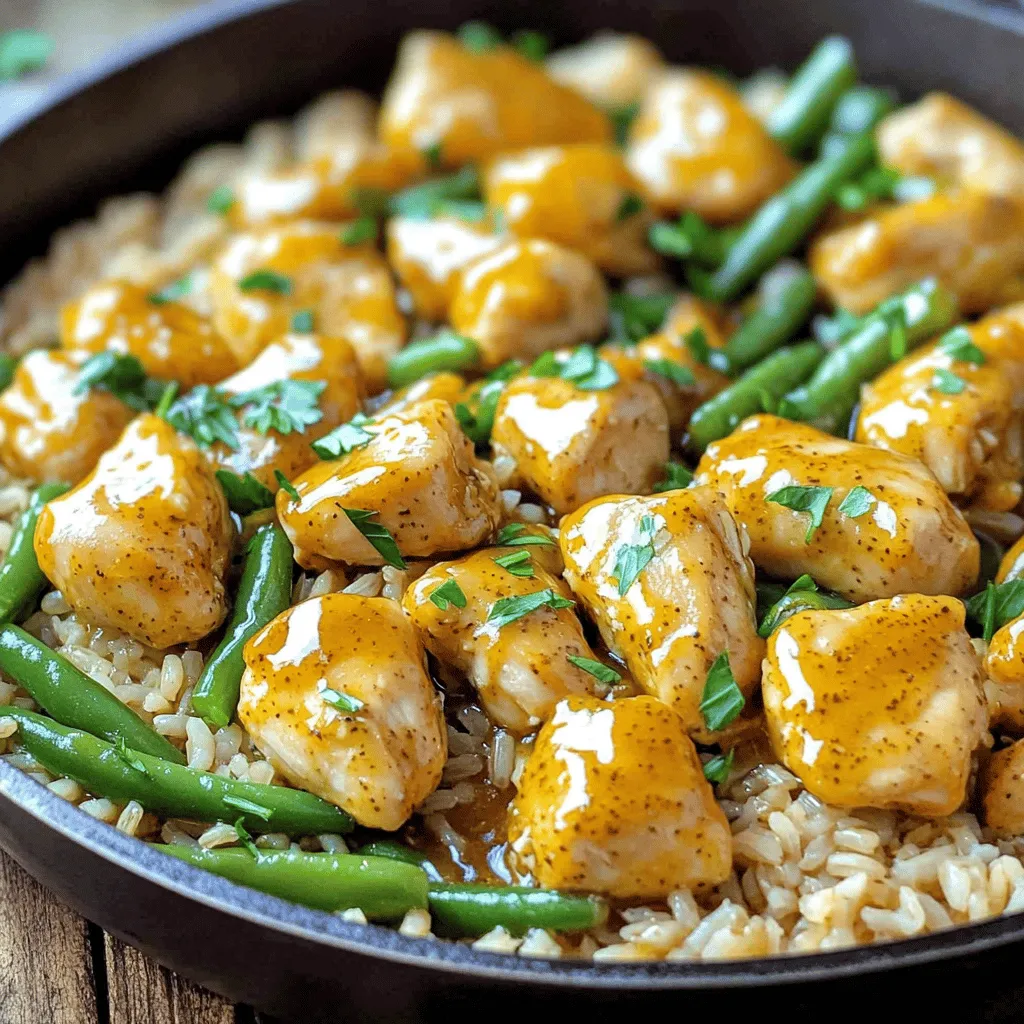 - 1 lb boneless, skinless chicken breasts, diced - 1 cup brown rice, rinsed - 2 cups low-sodium chicken broth - 3 tablespoons honey - 2 tablespoons Dijon mustard - 1 tablespoon extra-virgin olive oil - 1 teaspoon garlic powder - 1 teaspoon onion powder - 1 teaspoon smoked paprika - Salt and black pepper to taste - 1 cup fresh green beans, trimmed and halved - ¼ cup fresh parsley, chopped The key to a great Honey Mustard Chicken and Rice Skillet is in the ingredients. First, the chicken gives us protein. I like to use boneless, skinless chicken breasts. They cook fast and stay juicy. Next, we add brown rice. It has a nuttier flavor than white rice. Plus, it adds fiber to our meal. Rinsing the rice helps remove extra starch, making it less sticky. Now, let’s talk about the honey mustard sauce. I mix honey and Dijon mustard. This mix offers a sweet and tangy taste that pairs perfectly with chicken. For seasoning, I use garlic powder, onion powder, and smoked paprika. These spices add depth and warmth. Salt and black pepper enhance all the flavors. Fresh green beans brighten the dish. They add color and crunch. Finally, I sprinkle fresh parsley on top. It gives a fresh taste and makes the dish look pretty. Using quality ingredients makes this dish shine. Each element plays a part in creating a tasty, balanced meal. You can find the full recipe above to guide you through each step. - Prepare chicken and seasoning: Start with 1 pound of boneless chicken. Cut it into small pieces. In a bowl, mix salt, black pepper, garlic powder, onion powder, and smoked paprika. Coat the chicken with this spice mix. Make sure each piece gets covered well. - Rinse and toast the rice: Measure 1 cup of brown rice. Rinse it under cold water until the water runs clear. This helps remove excess starch. In your skillet, add the rinsed rice. Stir it for 1-2 minutes to toast it slightly. This brings out the nutty flavor. - Sauté chicken: Now, heat 1 tablespoon of olive oil in the skillet over medium heat. Once hot, add the seasoned chicken. Cook it for 5-7 minutes, stirring often. The chicken should turn light golden and be fully cooked. Remove the chicken and set it aside on a plate. - Combine ingredients and cook rice: In the same skillet, add 2 cups of low-sodium chicken broth. Pour in 3 tablespoons of honey and 2 tablespoons of Dijon mustard. Stir well to mix. Add the toasted rice into the broth mixture. Bring it to a gentle boil, then reduce the heat to low. Cover the skillet and let it simmer for about 20 minutes. - Add green beans and finish the dish: After 20 minutes, check the rice. If it's tender and the liquid is absorbed, add 1 cup of trimmed and halved green beans. Stir them in and re-cover the skillet. Cook for another 5 minutes. Finally, return the cooked chicken to the skillet and mix gently. Heat everything for 2-3 more minutes. This simple process leads to a warm, tasty meal that brings joy to any table. If you want a detailed recipe, check the Full Recipe. - How to avoid overcooking chicken: To keep chicken juicy, cook it until it reaches 165°F. Use a meat thermometer for best results. This will ensure the chicken stays tender and full of flavor. Avoid cooking it too long, as it can dry out quickly. - Tips for perfectly cooked rice: Rinse your brown rice well before cooking. This removes excess starch and helps it cook evenly. Use the right amount of broth; too much can make rice mushy. Follow the simmer time closely, and let it rest covered after cooking for a fluffy texture. - Plating options: Serve the dish straight from the skillet for a rustic look. If you prefer, plate the chicken and rice in bowls. Drizzle extra honey on top and garnish with parsley for a beautiful finish. This adds a nice touch and enhances the dish's appeal. - Ideal sides to pair with the dish: This meal pairs well with a fresh salad or steamed veggies. A light cucumber salad adds crunch and freshness. Alternatively, some crusty bread can round out the meal, soaking up any extra sauce. Enjoy the mix of flavors and textures! {{image_4}} You can tweak this recipe for your taste. - Brown rice alternatives: If you want a quicker cook time, use white rice or quinoa. They both absorb flavors well and cook faster. Just remember to adjust the liquid and cooking time. - Chicken substitutes: Try turkey breast or tofu for a different protein. Both options work well with the honey mustard sauce. They absorb flavors nicely and provide a tasty change. Adding some extra elements can give your dish a fun twist. - Additions for extra flavor: Consider adding a splash of apple cider vinegar or a pinch of red pepper flakes. These will add a nice zing and a bit of heat. A tablespoon of soy sauce can also deepen the flavor profile. - Switching up vegetables: Feel free to swap in other veggies. Peas, bell peppers, or carrots work great. They add color and nutrients while keeping things fresh and exciting. For the full experience, check the Full Recipe and explore more ways to enhance your cooking! To store leftovers, let the dish cool first. Then, place it in an airtight container. This keeps the chicken and rice fresh. You can store it in the fridge for up to three days. After that, the flavors may fade, and the rice may dry out. For the best way to reheat, use a skillet. Add a splash of chicken broth or water. Heat it over medium-low heat. This helps keep the chicken moist. Stir often to avoid sticking. You can also use a microwave. Just cover the dish with a lid or wrap to trap steam. Heat in short bursts, checking to keep it warm. This helps you maintain both flavor and texture. Enjoy your meal just as much as when it was fresh! How long does it take to cook? It takes about 35 minutes to cook Honey Mustard Chicken and Rice Skillet. This includes 10 minutes of prep time and 25 minutes of cooking time. What can I serve with Honey Mustard Chicken and Rice Skillet? You can serve this dish with a simple side salad or steamed vegetables. A crisp green salad pairs well, adding freshness to the meal. Can I make this dish in advance? Yes, you can prepare the dish a day ahead. Cook it fully, let it cool, and store it in the fridge. This makes for quick dinners! Is it possible to freeze Honey Mustard Chicken and Rice Skillet? Yes, you can freeze it! Just cool the dish completely, then transfer it to an airtight container. It can last up to three months in the freezer. Caloric content per serving Each serving of Honey Mustard Chicken and Rice Skillet has about 400 calories. This can vary based on portion sizes and ingredients used. Dietary modifications for the recipe If you need a gluten-free option, use gluten-free rice and ensure your mustard is gluten-free. You can also replace chicken with tofu for a vegetarian meal. In this post, we explored a tasty Honey Mustard Chicken and Rice Skillet recipe. I shared key ingredients like chicken, rice, and honey mustard sauce. You learned how to prepare, cook, and season this dish for the best flavors. We also discussed tips for cooking and ways to store leftovers. As you try this recipe, remember to enjoy your cooking journey. Feel free to make it your own with different ingredients or spice levels. I hope your meal is great and brings joy to your table.