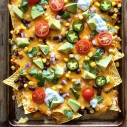 To make the best sheet pan nachos, gather these simple ingredients: - 1 bag (12 oz) of your favorite tortilla chips - 1 cup shredded sharp cheddar cheese - 1 cup shredded Monterey Jack cheese - 1 can (15 oz) black beans, rinsed and well-drained - 1 cup corn kernels (can be fresh or frozen) - 1 fresh jalapeño, thinly sliced - 1/2 cup cherry tomatoes, halved - 1 ripe avocado, diced - 1/4 cup red onion, finely chopped - 1/2 cup sour cream for serving - 1/4 cup fresh cilantro, chopped for garnish - 1 tablespoon olive oil for drizzling - Sea salt and freshly ground black pepper to taste Seasoning can make your nachos pop! I suggest: - Sea salt to enhance flavors - Black pepper for a mild kick - Chili powder for a smoky taste - Cumin adds warmth and depth - Garlic powder for extra flavor Feel free to mix and match these spices. They can change the game for your nachos! Nachos are great because you can customize them! Here are some optional toppings to consider: - Sliced olives for briny flavor - Diced bell peppers for sweetness and crunch - Pickled jalapeños if you want more heat - Salsa or pico de gallo for freshness - Lime wedges to squeeze on top Get creative and add your favorite toppings. The sky's the limit with sheet pan nachos! For the full recipe, check out my detailed guide above. First, preheat your oven to 400°F (200°C). This step is key for crispy nachos. Grab a large, rimmed sheet pan. Spread out your tortilla chips evenly on the pan. This creates a strong base for all your tasty toppings. Drizzle olive oil over the chips. Use just enough to coat them lightly. Season with sea salt and black pepper. This adds flavor and makes the chips pop. Now it’s time to build your nachos! Start by adding black beans and corn kernels. Distribute them evenly so every chip gets some. Next, sprinkle a mix of sharp cheddar and Monterey Jack cheese on top. This blend offers a rich taste and melts beautifully. Then, add sliced jalapeños and halved cherry tomatoes. They not only taste great but also add color. Place your sheet pan in the preheated oven. Bake for about 10-12 minutes. Watch for the cheese to melt and bubble. This is when the magic happens! While they bake, chop your avocado and red onion. Once the nachos are done, take them out carefully. Let them cool for a minute to avoid burns. Top with diced avocado and chopped red onion. Lastly, add dollops of sour cream and sprinkle with cilantro. Enjoy your warm, cheesy sheet pan nachos! Choose sturdy tortilla chips that won't break easily. Look for thick chips made from corn. Brands like Tostitos or Mission work well. You want chips that can hold toppings without getting soggy. Avoid thin chips, as they will crumble under the weight of your nacho toppings. To keep your nachos crispy, bake them at a high heat. Preheat your oven to 400°F (200°C). Spread the chips in a single layer on your sheet pan. Avoid stacking them on top of each other. If you prefer soft nachos, add toppings before baking. The heat will soften the chips. But remember, they might lose some crunch. A few simple mistakes can ruin your nacho experience. First, don't overload your chips with toppings. This can make them soggy. Second, avoid using cold toppings right from the fridge. Let them warm up before adding. Lastly, bake your nachos long enough for the cheese to melt, but not too long. You want the cheese bubbling, not burnt. For the full recipe, check out the details above and enjoy your nachos! {{image_4}} You can make nachos vegetarian by skipping meat. Use beans, cheese, and veggies for flavor. To create a vegan version, replace cheese with vegan cheese or nutritional yeast. Use guacamole or salsa for extra taste. Fresh veggies like bell peppers, olives, and mushrooms add crunch. For spice lovers, add more jalapeños or use hot sauce. You can include spicy cheese or chorizo for heat. If you prefer mild flavors, use sweet peppers instead of jalapeños. Opt for mild cheese to keep it easy on the palate. Get creative with your toppings! Add cooked meat like chicken or beef for protein. You can also toss on some pickled onions for a tangy kick. Fresh herbs like parsley or green onions can enhance flavor. Try adding pineapple for a sweet twist. For a fun crunch, sprinkle crushed tortilla chips on top before serving. Check out the Full Recipe for more ideas! After enjoying your sheet pan nachos, you might have some left. To store them, let them cool first. Then, place them in an airtight container. This keeps them fresh for about two days. If you want to keep them longer, consider freezing. Just make sure to wrap them well in plastic wrap before placing them in a freezer bag. Reheating nachos can be tricky. The goal is to keep them crispy. Preheat your oven to 350°F (175°C). Spread the nachos on a baking sheet. Heat them for about 10 minutes or until warm. Avoid the microwave, as it can make them soggy. If you want, add a sprinkle of fresh cheese before reheating. This helps revive the cheesy goodness. Freezing nachos is simple. However, it's best to freeze them before baking. Layer the chips, beans, and cheese in a freezer-safe dish. Cover tightly with plastic wrap, then foil. When you're ready, bake straight from the freezer. Just add a few extra minutes to the baking time. Enjoy your fresh, homemade nachos later! For a detailed recipe, check the Full Recipe. To make sheet pan nachos easier, use pre-cooked or canned ingredients. Rinsing canned black beans saves time. Choose bagged cheese for quick melting. You can also prep toppings ahead of time. The best cheese for nachos is a mix of sharp cheddar and Monterey Jack. Sharp cheddar adds a strong taste. Monterey Jack melts smoothly, creating that gooey texture we love. You can also try pepper jack for a spicy kick. You can prepare a nacho base ahead of time. Layer the chips, beans, and cheese. Store it in the fridge until you're ready to bake. Add fresh toppings after baking to keep them crisp and flavorful. Serve sheet pan nachos with sides like guacamole, salsa, or jalapeños. Sour cream adds creaminess. You can also offer a fresh salad to balance the rich flavors. To make the best homemade nachos, start with high-quality tortilla chips. Layer them with tasty toppings, ensuring even coverage. Bake until the cheese melts but don’t overdo it. Customize with your favorite toppings for a personal touch. For a full recipe, check the Sizzling Sheet Pan Nachos Delight. Making sheet pan nachos is fun and easy. We covered the ingredients, steps, and tips to make them perfect. You learned how to customize nachos with various toppings and styles. Remember to store leftovers properly for later enjoyment. Forgetting the basics can lead to mistakes. Use this guide to impress friends and family with your nacho skills. Enjoy your next nacho night!