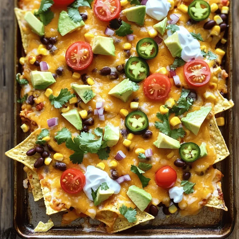 To make the best sheet pan nachos, gather these simple ingredients: - 1 bag (12 oz) of your favorite tortilla chips - 1 cup shredded sharp cheddar cheese - 1 cup shredded Monterey Jack cheese - 1 can (15 oz) black beans, rinsed and well-drained - 1 cup corn kernels (can be fresh or frozen) - 1 fresh jalapeño, thinly sliced - 1/2 cup cherry tomatoes, halved - 1 ripe avocado, diced - 1/4 cup red onion, finely chopped - 1/2 cup sour cream for serving - 1/4 cup fresh cilantro, chopped for garnish - 1 tablespoon olive oil for drizzling - Sea salt and freshly ground black pepper to taste Seasoning can make your nachos pop! I suggest: - Sea salt to enhance flavors - Black pepper for a mild kick - Chili powder for a smoky taste - Cumin adds warmth and depth - Garlic powder for extra flavor Feel free to mix and match these spices. They can change the game for your nachos! Nachos are great because you can customize them! Here are some optional toppings to consider: - Sliced olives for briny flavor - Diced bell peppers for sweetness and crunch - Pickled jalapeños if you want more heat - Salsa or pico de gallo for freshness - Lime wedges to squeeze on top Get creative and add your favorite toppings. The sky's the limit with sheet pan nachos! For the full recipe, check out my detailed guide above. First, preheat your oven to 400°F (200°C). This step is key for crispy nachos. Grab a large, rimmed sheet pan. Spread out your tortilla chips evenly on the pan. This creates a strong base for all your tasty toppings. Drizzle olive oil over the chips. Use just enough to coat them lightly. Season with sea salt and black pepper. This adds flavor and makes the chips pop. Now it’s time to build your nachos! Start by adding black beans and corn kernels. Distribute them evenly so every chip gets some. Next, sprinkle a mix of sharp cheddar and Monterey Jack cheese on top. This blend offers a rich taste and melts beautifully. Then, add sliced jalapeños and halved cherry tomatoes. They not only taste great but also add color. Place your sheet pan in the preheated oven. Bake for about 10-12 minutes. Watch for the cheese to melt and bubble. This is when the magic happens! While they bake, chop your avocado and red onion. Once the nachos are done, take them out carefully. Let them cool for a minute to avoid burns. Top with diced avocado and chopped red onion. Lastly, add dollops of sour cream and sprinkle with cilantro. Enjoy your warm, cheesy sheet pan nachos! Choose sturdy tortilla chips that won't break easily. Look for thick chips made from corn. Brands like Tostitos or Mission work well. You want chips that can hold toppings without getting soggy. Avoid thin chips, as they will crumble under the weight of your nacho toppings. To keep your nachos crispy, bake them at a high heat. Preheat your oven to 400°F (200°C). Spread the chips in a single layer on your sheet pan. Avoid stacking them on top of each other. If you prefer soft nachos, add toppings before baking. The heat will soften the chips. But remember, they might lose some crunch. A few simple mistakes can ruin your nacho experience. First, don't overload your chips with toppings. This can make them soggy. Second, avoid using cold toppings right from the fridge. Let them warm up before adding. Lastly, bake your nachos long enough for the cheese to melt, but not too long. You want the cheese bubbling, not burnt. For the full recipe, check out the details above and enjoy your nachos! {{image_4}} You can make nachos vegetarian by skipping meat. Use beans, cheese, and veggies for flavor. To create a vegan version, replace cheese with vegan cheese or nutritional yeast. Use guacamole or salsa for extra taste. Fresh veggies like bell peppers, olives, and mushrooms add crunch. For spice lovers, add more jalapeños or use hot sauce. You can include spicy cheese or chorizo for heat. If you prefer mild flavors, use sweet peppers instead of jalapeños. Opt for mild cheese to keep it easy on the palate. Get creative with your toppings! Add cooked meat like chicken or beef for protein. You can also toss on some pickled onions for a tangy kick. Fresh herbs like parsley or green onions can enhance flavor. Try adding pineapple for a sweet twist. For a fun crunch, sprinkle crushed tortilla chips on top before serving. Check out the Full Recipe for more ideas! After enjoying your sheet pan nachos, you might have some left. To store them, let them cool first. Then, place them in an airtight container. This keeps them fresh for about two days. If you want to keep them longer, consider freezing. Just make sure to wrap them well in plastic wrap before placing them in a freezer bag. Reheating nachos can be tricky. The goal is to keep them crispy. Preheat your oven to 350°F (175°C). Spread the nachos on a baking sheet. Heat them for about 10 minutes or until warm. Avoid the microwave, as it can make them soggy. If you want, add a sprinkle of fresh cheese before reheating. This helps revive the cheesy goodness. Freezing nachos is simple. However, it's best to freeze them before baking. Layer the chips, beans, and cheese in a freezer-safe dish. Cover tightly with plastic wrap, then foil. When you're ready, bake straight from the freezer. Just add a few extra minutes to the baking time. Enjoy your fresh, homemade nachos later! For a detailed recipe, check the Full Recipe. To make sheet pan nachos easier, use pre-cooked or canned ingredients. Rinsing canned black beans saves time. Choose bagged cheese for quick melting. You can also prep toppings ahead of time. The best cheese for nachos is a mix of sharp cheddar and Monterey Jack. Sharp cheddar adds a strong taste. Monterey Jack melts smoothly, creating that gooey texture we love. You can also try pepper jack for a spicy kick. You can prepare a nacho base ahead of time. Layer the chips, beans, and cheese. Store it in the fridge until you're ready to bake. Add fresh toppings after baking to keep them crisp and flavorful. Serve sheet pan nachos with sides like guacamole, salsa, or jalapeños. Sour cream adds creaminess. You can also offer a fresh salad to balance the rich flavors. To make the best homemade nachos, start with high-quality tortilla chips. Layer them with tasty toppings, ensuring even coverage. Bake until the cheese melts but don’t overdo it. Customize with your favorite toppings for a personal touch. For a full recipe, check the Sizzling Sheet Pan Nachos Delight. Making sheet pan nachos is fun and easy. We covered the ingredients, steps, and tips to make them perfect. You learned how to customize nachos with various toppings and styles. Remember to store leftovers properly for later enjoyment. Forgetting the basics can lead to mistakes. Use this guide to impress friends and family with your nacho skills. Enjoy your next nacho night!