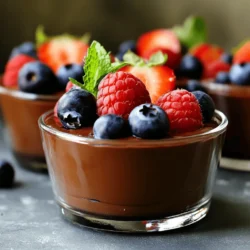 - 1 cup silken tofu, well-drained - 1/2 cup dairy-free dark chocolate chips - 1/4 cup pure maple syrup - 1 teaspoon pure vanilla extract - 1/4 cup almond milk (or any preferred plant-based milk) - A pinch of fine sea salt To create a rich and creamy vegan chocolate mousse, start with silken tofu. This ingredient acts as the base, giving the mousse its smooth texture. Next, use dairy-free dark chocolate chips for that deep chocolate flavor. Maple syrup adds sweetness, while vanilla extract enhances the taste. Almond milk provides a lighter texture, and a pinch of sea salt balances the flavors. - Fresh berries (raspberries, strawberries) - Mint leaves Garnishes are a fun way to elevate your mousse. Fresh berries like raspberries or strawberries add color and a burst of flavor. A few mint leaves can brighten up the dish and make it look fancy. - Alternative sweeteners - Different types of plant-based milk - Substituting chocolate brands If you want to change things up, consider alternative sweeteners like agave or coconut sugar. You can also swap almond milk for oat or soy milk based on your taste. Lastly, different brands of chocolate can change the taste and texture, so feel free to explore! For the full recipe, check out the details above. To start, we need to melt the dairy-free dark chocolate chips. You can use two methods: a double boiler or a microwave. - Double Boiler: Place the chocolate chips in a heatproof bowl. Set this bowl over a pot of simmering water. Stir often until the chocolate melts smoothly. - Microwave: Place the chocolate chips in a microwave-safe bowl. Heat in 30-second bursts, stirring well each time. This helps prevent burning. Once melted, let the chocolate cool slightly. The right consistency should be smooth and glossy, ready to blend into our mousse. Now, we move on to blending. A high-speed blender is key for this step. It ensures a smooth and creamy texture. 1. In your blender, add the drained silken tofu, maple syrup, vanilla extract, almond milk, and a pinch of sea salt. 2. Blend on high speed until you achieve a creamy, lump-free mixture. This base is the heart of your mousse, so make sure it's silky smooth before moving on. Next, it’s time for the final touches. Carefully pour the slightly cooled melted chocolate into the tofu mixture. Blend again until fully combined and creamy. - Adjusting Sweetness: Taste the mousse. If you want it sweeter, add more maple syrup and blend again. Now, transfer the mousse into individual bowls using a spatula. This helps you get every bit of that delicious mixture. - Chilling: Place the bowls in the fridge for at least 2 hours. This chilling time is vital for the mousse to set properly and enhance its rich flavors. When you're ready to serve, add fresh berries and mint leaves on top. This not only looks beautiful but adds a fresh taste. Enjoy your creamy, decadent delight! For the complete recipe, be sure to check the Full Recipe section. To make smooth vegan chocolate mousse, use well-drained silken tofu. This step is key. If the tofu has excess water, it can make your mousse too runny. So, press it gently between paper towels to remove moisture. When blending, use a high-speed blender or food processor. Blend the tofu until it’s creamy and smooth. This will ensure a rich texture. Pause to scrape down the sides. This helps mix everything evenly. To boost the taste, try adding spices like cinnamon or espresso. A dash of cinnamon adds warmth, while espresso deepens the chocolate flavor. Just a little goes a long way. You can also experiment with extracts. Almond or peppermint extracts bring new layers of flavor. Start with a few drops, then taste and adjust. This will make your mousse unique and special. Choosing the right serving dishes can elevate your mousse. Clear glass cups show off the glossy texture. You can also use small bowls for a cozy feel. For garnishing, get creative! Fresh berries like raspberries or strawberries add color and freshness. Add a sprig of mint for an extra pop. This not only looks good but also enhances the taste. Enjoy the beautiful dessert! {{image_4}} You can easily change the taste of vegan chocolate mousse. One fun way is to add nut butter. It gives a rich flavor and creamy texture. Try almond or peanut butter for a twist. You can also mix in spices. A pinch of cinnamon or a dash of espresso powder can elevate the mousse. Another option is to incorporate fruit purees. Ripe bananas or cooked sweet potatoes add sweetness and a unique twist. They also make the mousse even creamier. For those with dietary needs, vegan chocolate mousse can be made gluten-free. All the main ingredients are naturally gluten-free, so you’re safe here. If you want to lower the sugar, swap maple syrup for a low-sugar alternative. Stevia or monk fruit sweetener works well. Just remember, these options can change the taste a bit, so adjust to your liking. Serving this mousse can be as fun as making it. Pair it with other desserts for a sweet treat. It goes well with vegan cookies or fruit tarts. You can also serve it alongside coffee or tea. The rich chocolate flavor balances nicely with a good brew. For a special touch, add a dollop of whipped coconut cream on top. This adds creaminess and makes it look beautiful. Enjoy your delicious creations! To keep your vegan chocolate mousse fresh, store it in the fridge. Use an airtight container to avoid any unwanted odors. This mousse stays tasty for about 3 to 5 days. Always check for any signs of spoilage before serving. You can freeze this mousse if you want to save some for later. First, scoop it into a freezer-safe container. Make sure to leave some space at the top, as it may expand. It can last up to 2 months in the freezer. To defrost, place it in the fridge overnight. Avoid microwaving it, as heat can change the texture. If you have leftover mousse, get creative! Use it as a topping for pancakes or waffles. You can also blend it into smoothies for a rich treat. Try using it in a dessert parfait with some granola and fruit. This way, you can enjoy your mousse in a new way! For the full recipe, check the previous section. Vegan chocolate mousse can last for about 3 to 5 days in the fridge. Store it in an airtight container to keep it fresh. If you notice any change in smell or texture, it’s best to toss it out. Yes, you can easily make this recipe nut-free. Instead of almond milk, use oat milk or soy milk. These options provide a creamy texture without nuts. Make sure to check that the chocolate chips are also nut-free. Vegan chocolate mousse is often lower in fat. It replaces heavy cream with silken tofu, which adds protein. It also uses maple syrup, a natural sweetener. This can be a healthier choice for many. However, it’s still a treat, so enjoy it in moderation! In this post, we explored easy ways to create vegan chocolate mousse. We looked at key ingredients like silken tofu and dairy-free chocolate. You learned step-by-step instructions for making the mousse, plus tips for the best texture and flavor. We discussed different variations and how to store your mousse safely. Try this dessert for its taste and health benefits. Enjoy your creamy treat while impressing your friends!