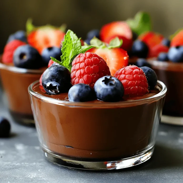 - 1 cup silken tofu, well-drained - 1/2 cup dairy-free dark chocolate chips - 1/4 cup pure maple syrup - 1 teaspoon pure vanilla extract - 1/4 cup almond milk (or any preferred plant-based milk) - A pinch of fine sea salt To create a rich and creamy vegan chocolate mousse, start with silken tofu. This ingredient acts as the base, giving the mousse its smooth texture. Next, use dairy-free dark chocolate chips for that deep chocolate flavor. Maple syrup adds sweetness, while vanilla extract enhances the taste. Almond milk provides a lighter texture, and a pinch of sea salt balances the flavors. - Fresh berries (raspberries, strawberries) - Mint leaves Garnishes are a fun way to elevate your mousse. Fresh berries like raspberries or strawberries add color and a burst of flavor. A few mint leaves can brighten up the dish and make it look fancy. - Alternative sweeteners - Different types of plant-based milk - Substituting chocolate brands If you want to change things up, consider alternative sweeteners like agave or coconut sugar. You can also swap almond milk for oat or soy milk based on your taste. Lastly, different brands of chocolate can change the taste and texture, so feel free to explore! For the full recipe, check out the details above. To start, we need to melt the dairy-free dark chocolate chips. You can use two methods: a double boiler or a microwave. - Double Boiler: Place the chocolate chips in a heatproof bowl. Set this bowl over a pot of simmering water. Stir often until the chocolate melts smoothly. - Microwave: Place the chocolate chips in a microwave-safe bowl. Heat in 30-second bursts, stirring well each time. This helps prevent burning. Once melted, let the chocolate cool slightly. The right consistency should be smooth and glossy, ready to blend into our mousse. Now, we move on to blending. A high-speed blender is key for this step. It ensures a smooth and creamy texture. 1. In your blender, add the drained silken tofu, maple syrup, vanilla extract, almond milk, and a pinch of sea salt. 2. Blend on high speed until you achieve a creamy, lump-free mixture. This base is the heart of your mousse, so make sure it's silky smooth before moving on. Next, it’s time for the final touches. Carefully pour the slightly cooled melted chocolate into the tofu mixture. Blend again until fully combined and creamy. - Adjusting Sweetness: Taste the mousse. If you want it sweeter, add more maple syrup and blend again. Now, transfer the mousse into individual bowls using a spatula. This helps you get every bit of that delicious mixture. - Chilling: Place the bowls in the fridge for at least 2 hours. This chilling time is vital for the mousse to set properly and enhance its rich flavors. When you're ready to serve, add fresh berries and mint leaves on top. This not only looks beautiful but adds a fresh taste. Enjoy your creamy, decadent delight! For the complete recipe, be sure to check the Full Recipe section. To make smooth vegan chocolate mousse, use well-drained silken tofu. This step is key. If the tofu has excess water, it can make your mousse too runny. So, press it gently between paper towels to remove moisture. When blending, use a high-speed blender or food processor. Blend the tofu until it’s creamy and smooth. This will ensure a rich texture. Pause to scrape down the sides. This helps mix everything evenly. To boost the taste, try adding spices like cinnamon or espresso. A dash of cinnamon adds warmth, while espresso deepens the chocolate flavor. Just a little goes a long way. You can also experiment with extracts. Almond or peppermint extracts bring new layers of flavor. Start with a few drops, then taste and adjust. This will make your mousse unique and special. Choosing the right serving dishes can elevate your mousse. Clear glass cups show off the glossy texture. You can also use small bowls for a cozy feel. For garnishing, get creative! Fresh berries like raspberries or strawberries add color and freshness. Add a sprig of mint for an extra pop. This not only looks good but also enhances the taste. Enjoy the beautiful dessert! {{image_4}} You can easily change the taste of vegan chocolate mousse. One fun way is to add nut butter. It gives a rich flavor and creamy texture. Try almond or peanut butter for a twist. You can also mix in spices. A pinch of cinnamon or a dash of espresso powder can elevate the mousse. Another option is to incorporate fruit purees. Ripe bananas or cooked sweet potatoes add sweetness and a unique twist. They also make the mousse even creamier. For those with dietary needs, vegan chocolate mousse can be made gluten-free. All the main ingredients are naturally gluten-free, so you’re safe here. If you want to lower the sugar, swap maple syrup for a low-sugar alternative. Stevia or monk fruit sweetener works well. Just remember, these options can change the taste a bit, so adjust to your liking. Serving this mousse can be as fun as making it. Pair it with other desserts for a sweet treat. It goes well with vegan cookies or fruit tarts. You can also serve it alongside coffee or tea. The rich chocolate flavor balances nicely with a good brew. For a special touch, add a dollop of whipped coconut cream on top. This adds creaminess and makes it look beautiful. Enjoy your delicious creations! To keep your vegan chocolate mousse fresh, store it in the fridge. Use an airtight container to avoid any unwanted odors. This mousse stays tasty for about 3 to 5 days. Always check for any signs of spoilage before serving. You can freeze this mousse if you want to save some for later. First, scoop it into a freezer-safe container. Make sure to leave some space at the top, as it may expand. It can last up to 2 months in the freezer. To defrost, place it in the fridge overnight. Avoid microwaving it, as heat can change the texture. If you have leftover mousse, get creative! Use it as a topping for pancakes or waffles. You can also blend it into smoothies for a rich treat. Try using it in a dessert parfait with some granola and fruit. This way, you can enjoy your mousse in a new way! For the full recipe, check the previous section. Vegan chocolate mousse can last for about 3 to 5 days in the fridge. Store it in an airtight container to keep it fresh. If you notice any change in smell or texture, it’s best to toss it out. Yes, you can easily make this recipe nut-free. Instead of almond milk, use oat milk or soy milk. These options provide a creamy texture without nuts. Make sure to check that the chocolate chips are also nut-free. Vegan chocolate mousse is often lower in fat. It replaces heavy cream with silken tofu, which adds protein. It also uses maple syrup, a natural sweetener. This can be a healthier choice for many. However, it’s still a treat, so enjoy it in moderation! In this post, we explored easy ways to create vegan chocolate mousse. We looked at key ingredients like silken tofu and dairy-free chocolate. You learned step-by-step instructions for making the mousse, plus tips for the best texture and flavor. We discussed different variations and how to store your mousse safely. Try this dessert for its taste and health benefits. Enjoy your creamy treat while impressing your friends!