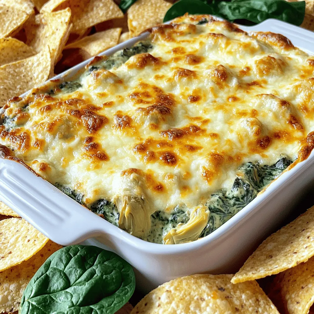 - Spinach - Artichoke Hearts - Cream Cheese - Sour Cream - Mozzarella Cheese - Parmesan Cheese - Garlic - Red Pepper Flakes - Lemon Juice - Seasoning You can make this dip your own by using some easy swaps. - Dairy-free options: Use cashew cream or dairy-free cream cheese instead of regular cream cheese. Coconut yogurt works well in place of sour cream. - Veggie additions: Try adding chopped bell peppers or sun-dried tomatoes for extra flavor. You can even use kale instead of spinach for a twist. Feel free to explore these ideas to suit your taste. They can change the flavor and make the dip unique. Want to try a new spin? Check out the Full Recipe for more ideas! - Preheat your oven to 350°F (175°C). A hot oven helps the dip bake well. - In a medium bowl, mix the cream cheese and sour cream. Blend until smooth and creamy. - Fold in the fresh spinach and artichoke hearts. Add in the minced garlic and red pepper flakes. - Squeeze in the lemon juice, then add the mozzarella and Parmesan cheese. Mix until everything is well combined. - Choose a medium-sized baking dish. It should hold all the dip without overflowing. - Pour the mixture into the dish and smooth it out. Bake for 20-25 minutes. Look for a bubbly top that is golden brown. This simple method brings out the best in your spinach artichoke dip. Enjoy the creamy goodness! For the complete recipe, check out the [Full Recipe]. To get the best texture in your dip, you want it creamy. Start with room temperature cream cheese. This helps it blend smoothly. Mix the cream cheese and sour cream well. Use a hand mixer or a sturdy spatula. This step is key to avoiding lumps. When you add the spinach and artichokes, fold gently. This keeps the dip light. If you stir too hard, it can get tough. Make sure to mix the ingredients evenly. A smooth, rich dip is your goal. To boost the taste, add spices. A pinch of garlic powder or onion powder works great. If you want more heat, use extra red pepper flakes. For a fun twist, try smoked paprika or cayenne. Fresh herbs also add a nice touch. Chopped basil or parsley can brighten the dip. You can mix in fresh dill for a unique flavor. These little changes can make a big difference. Serve this dip warm for the best taste. Pair it with tortilla chips or toasted baguette slices. Both options make for a great crunch. For a nice look, serve it in the baking dish. Add a sprinkle of extra Parmesan on top. You can also garnish with fresh spinach leaves. This adds color and makes it more appealing. Enjoy the dip with friends and family for a fun gathering! {{image_4}} You can make this dip even better with simple changes. Adding spices boosts the flavor. For example, try smoked paprika or cayenne pepper. These spices add warmth and depth. You can also mix in herbs like basil or oregano for freshness. For different taste profiles, swap out ingredients. Use Greek yogurt instead of sour cream for tanginess. Change cream cheese for ricotta for a lighter texture. These swaps keep the dip exciting. Want a lighter dip? Use reduced-fat cream cheese and sour cream. This cuts calories but keeps great taste. You can also add more spinach to boost nutrition without adding many calories. If you're gluten-free, serve the dip with veggie sticks or gluten-free chips. This way, everyone can enjoy it. You can even use rice cakes for a crunchy dipper. Serving matters! Try using a bread bowl for a fun twist. Hollow out a loaf of bread and fill it with the dip. It looks great and tastes delicious. For dipping alternatives, use fresh veggies like carrots and bell peppers. They add crunch and color. You can also serve with pita chips or pretzel bites for a fun texture. By trying these variations, you'll keep your spinach artichoke dip fresh and fun. For the complete method, check the Full Recipe. To keep your spinach artichoke dip fresh, use airtight containers. Glass containers work best. They help keep flavors intact. You can also use plastic containers with tight lids. Store the dip in the fridge within two hours after serving. It keeps well for about three days. When ready to enjoy again, the oven is your best friend. Set it to 350°F (175°C). Place the dip in an oven-safe dish. Heat for about 15 minutes until warm. Stir halfway through to keep it smooth. You can also use a microwave for quick reheating. Put a small portion in a microwave-safe bowl. Heat for 30 seconds, then stir. Repeat until warm. This method can change the texture slightly, so watch it closely. Keep the dip creamy by not overheating. Enjoy your delicious leftovers just as much as the first time! For the full recipe, check out the creamy spinach artichoke delight. Can I make this dip ahead of time? Yes, you can prepare this dip a day in advance. Just mix the ingredients, place them in your baking dish, and cover it with plastic wrap. Store it in the fridge until you are ready to bake it. This saves time and lets the flavors blend. How long will leftovers last? Store any leftover dip in an airtight container. It will stay fresh for about 3 to 4 days in the fridge. Reheat it in the oven or microwave before serving again. Why is my dip too thick? If your dip is too thick, it may need more creaminess. You can add a bit of sour cream or cream cheese to loosen it up. Mix well until you reach your desired texture. What can I use as a dipper? Tortilla chips and toasted baguette slices work great. You can also use fresh veggies like carrots, celery, or bell peppers for a healthy twist. The caloric content of this dip depends on the ingredients you use. Here is a rough estimate per serving: - Cream cheese: 100 calories - Sour cream: 60 calories - Mozzarella cheese: 80 calories - Parmesan cheese: 20 calories - Spinach and artichokes add minimal calories. Spinach is rich in vitamins A, C, and K. It helps boost your immune system. Artichokes are high in fiber and good for digestion. Together, they make this dip not just tasty but also healthy. Enjoying this dish can be a smart choice for your snacking needs. This blog post showed how to make a creamy spinach artichoke dip. We covered the main ingredients and substitutions. I shared step-by-step instructions, tips for perfect consistency, and ideas for serving. You learned about variations and how to store leftovers. Remember, you can customize this dip to suit your taste. Enjoy exploring different flavors and tweaks. Whether it’s for a party or a quiet night, this dip will shine. Dive into your culinary adventure with confidence and creativity. Happy cooking!
