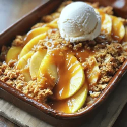 To make a delicious salted caramel apple crumble, you need these simple ingredients: - 5 medium-sized apples (preferably Granny Smith or Honeycrisp) - 1 tablespoon fresh lemon juice - 1 cup brown sugar (divided) - 1 teaspoon ground cinnamon - ½ teaspoon ground nutmeg - ½ cup salted caramel sauce - 1 cup rolled oats - ¾ cup all-purpose flour - ½ cup cold unsalted butter - ¼ teaspoon sea salt Each ingredient plays a special role in creating this tasty dish. The apples give sweetness and a nice tart flavor. The lemon juice keeps the apples from browning. Brown sugar adds a rich sweetness. The spices, like cinnamon and nutmeg, bring warmth and depth to the flavor. Salted caramel sauce is the star of the show. It adds a creamy texture and a sweet, salty taste that pairs perfectly with the apples. The oats and flour in the crumble topping give it a nice crunch. The cold butter helps create that crumbly texture we love. When you gather these ingredients, you set the stage for a delightful dessert. This recipe is perfect for sharing with family and friends. For the complete recipe, check out the Full Recipe. 1. Preheating the oven: Set your oven to 350°F (175°C). This step warms up your cooking space. It ensures even baking for your crumble. 2. Preparing the apple mixture: In a big bowl, combine 5 sliced apples with 1 tablespoon of lemon juice. Add ½ cup of brown sugar, 1 teaspoon of cinnamon, and ½ teaspoon of nutmeg. Toss it all well. You want every apple slice covered in sweet spices. 3. Layering the caramel sauce: Spread your apple mix evenly in a greased 9x13-inch dish. Drizzle ½ cup of salted caramel sauce over the apples. Make sure it covers all the fruit for that rich flavor. 1. Mixing dry ingredients: In another bowl, mix 1 cup of rolled oats, ½ cup of flour, and ½ cup of brown sugar. Add ¼ teaspoon of sea salt for a nice touch. 2. Incorporating the butter: Cut ½ cup of cold butter into small cubes. Add it to the dry mix. Use a fork or your hands to blend it. Aim for a mix that looks like coarse crumbs with some small butter chunks. 3. Applying the crumble topping: Sprinkle the crumble mix evenly over the apple layer in the dish. This topping creates a tasty crust when baked. 1. Baking time and temperature: Place your dish in the oven. Bake for 35-40 minutes. Look for a golden-brown top and bubbly apples. 2. Checking for doneness: Your crumble is ready when the topping is golden. The apples should be soft and juicy. 3. Cooling before serving: Take the dish out of the oven. Let it cool for about 10 minutes. This cooling time helps all flavors mix well. For the complete recipe, refer to the [Full Recipe]. Enjoy your cooking adventure! When selecting apples, choose ones that are firm and sweet. Firm apples hold their shape when baked. Sweet apples add a nice flavor contrast to the salty caramel. I recommend using Granny Smith or Honeycrisp apples. They balance sweetness and tartness well. You can use store-bought caramel sauce for ease. However, making homemade caramel sauce can elevate your dish. To make perfect caramel, start with sugar in a heavy pan. Heat it on medium until it melts and turns golden. Stir gently to avoid burning. Add cream slowly and mix well. Serve your crumble warm for the best taste. Pair it with a scoop of vanilla ice cream or a dollop of whipped cream. For a lovely touch, drizzle more salted caramel sauce on top. Sprinkle a pinch of sea salt for extra flavor. Arrange it nicely on a plate to impress your guests. {{image_4}} To make this recipe gluten-free, swap all-purpose flour with almond flour or gluten-free flour blend. Use certified gluten-free oats for the crumble. This change keeps the texture light and crumbly. You may need to adjust the baking time slightly. Check for a golden top to ensure it is baked well. For a vegan version, replace the butter with coconut oil or a vegan butter alternative. Use coconut cream or a plant-based caramel to ensure a rich flavor. You can make caramel using coconut sugar and plant milk. This keeps the recipe creamy without any animal products. To enhance the flavor, add chopped nuts like walnuts or pecans to the crumble. This adds crunch and depth. You can also sprinkle in additional spices, like ginger or cloves, for warmth. For a fruity twist, mix in berries or pears with the apples. These changes make each bite unique and exciting. To store leftovers, let the crumble cool completely. Then, cover it tightly with plastic wrap or place it in an airtight container. This keeps it fresh and prevents it from drying out. You can store it in the fridge for up to four days. If you want to retain the best flavor, eat it within two days. If you want to freeze the crumble, first let it cool. Cut it into portions, then wrap each piece in plastic wrap. After that, place the wrapped pieces in a freezer bag. This helps keep the air out. You can freeze it for up to three months. To reheat, place the crumble in the oven at 350°F (175°C) for about 25 minutes. Cover it with foil to prevent burning. The best time to enjoy the crumble is warm, right after it cools for ten minutes. This way, the caramel is gooey and the apples are tender. To maintain the texture after storage, reheat it gently. This keeps the crumble topping crisp. Pair it with vanilla ice cream for a special treat. For the ultimate experience, drizzle extra salted caramel on top! You can find the full recipe for this delightful dessert and more tips in the previous sections. To make salted caramel sauce, you need just a few simple ingredients: - 1 cup granulated sugar - 6 tablespoons unsalted butter - ½ cup heavy cream - 1 teaspoon sea salt Start by placing the sugar in a medium saucepan over medium heat. Stir gently until it melts and turns a deep amber color. Then, add the butter and stir until melted. Slowly pour in the cream while stirring. Be careful, as it will bubble up. Lastly, sprinkle in the salt and mix well. This sauce is rich and perfect for your crumble. Yes, you can prepare the crumble ahead of time! Here are some tips: - Make the apple filling and crumble topping separately. - Store the apple mixture in the fridge for up to two days. - Keep the crumble topping in an airtight container at room temperature for a day or in the fridge for longer. When ready to bake, layer the apple filling, add the salted caramel, and top with the crumble. This way, you save time on busy days! The salted caramel apple crumble lasts about 3 to 4 days in the fridge. To store it: - Allow the crumble to cool down completely. - Cover it tightly with plastic wrap or aluminum foil. - Place it in the fridge to keep it fresh. If you want to enjoy it later, reheat it in the oven for a few minutes before serving. Pair your salted caramel apple crumble with these delightful options: - Vanilla ice cream - Whipped cream - Freshly brewed coffee - Spiced chai tea - Caramel sauce drizzle These pairings enhance the flavors and make your dessert even more enjoyable. Try different combinations for a fun dessert experience! In this blog post, we explored a delicious salted caramel apple crumble. We covered essential ingredients, clear steps for preparation, and tips for selecting the best apples and caramel sauce. I also shared variations for gluten-free and vegan options and offered storage advice. Creating this crumble is easy and fun. Enjoy the warm flavors and share with friends. You can tweak it to suit your taste. Simple touches can make a big difference. Now, it’s time to bake and delight in every bite!