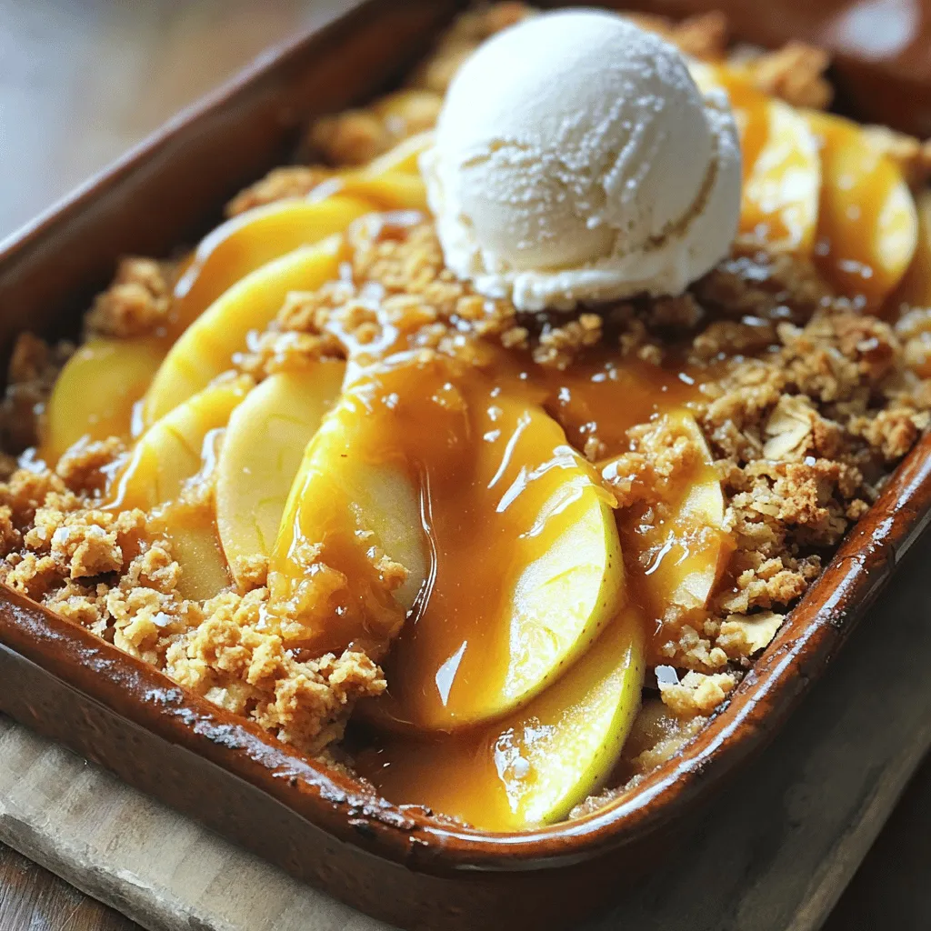 To make a delicious salted caramel apple crumble, you need these simple ingredients: - 5 medium-sized apples (preferably Granny Smith or Honeycrisp) - 1 tablespoon fresh lemon juice - 1 cup brown sugar (divided) - 1 teaspoon ground cinnamon - ½ teaspoon ground nutmeg - ½ cup salted caramel sauce - 1 cup rolled oats - ¾ cup all-purpose flour - ½ cup cold unsalted butter - ¼ teaspoon sea salt Each ingredient plays a special role in creating this tasty dish. The apples give sweetness and a nice tart flavor. The lemon juice keeps the apples from browning. Brown sugar adds a rich sweetness. The spices, like cinnamon and nutmeg, bring warmth and depth to the flavor. Salted caramel sauce is the star of the show. It adds a creamy texture and a sweet, salty taste that pairs perfectly with the apples. The oats and flour in the crumble topping give it a nice crunch. The cold butter helps create that crumbly texture we love. When you gather these ingredients, you set the stage for a delightful dessert. This recipe is perfect for sharing with family and friends. For the complete recipe, check out the Full Recipe. 1. Preheating the oven: Set your oven to 350°F (175°C). This step warms up your cooking space. It ensures even baking for your crumble. 2. Preparing the apple mixture: In a big bowl, combine 5 sliced apples with 1 tablespoon of lemon juice. Add ½ cup of brown sugar, 1 teaspoon of cinnamon, and ½ teaspoon of nutmeg. Toss it all well. You want every apple slice covered in sweet spices. 3. Layering the caramel sauce: Spread your apple mix evenly in a greased 9x13-inch dish. Drizzle ½ cup of salted caramel sauce over the apples. Make sure it covers all the fruit for that rich flavor. 1. Mixing dry ingredients: In another bowl, mix 1 cup of rolled oats, ½ cup of flour, and ½ cup of brown sugar. Add ¼ teaspoon of sea salt for a nice touch. 2. Incorporating the butter: Cut ½ cup of cold butter into small cubes. Add it to the dry mix. Use a fork or your hands to blend it. Aim for a mix that looks like coarse crumbs with some small butter chunks. 3. Applying the crumble topping: Sprinkle the crumble mix evenly over the apple layer in the dish. This topping creates a tasty crust when baked. 1. Baking time and temperature: Place your dish in the oven. Bake for 35-40 minutes. Look for a golden-brown top and bubbly apples. 2. Checking for doneness: Your crumble is ready when the topping is golden. The apples should be soft and juicy. 3. Cooling before serving: Take the dish out of the oven. Let it cool for about 10 minutes. This cooling time helps all flavors mix well. For the complete recipe, refer to the [Full Recipe]. Enjoy your cooking adventure! When selecting apples, choose ones that are firm and sweet. Firm apples hold their shape when baked. Sweet apples add a nice flavor contrast to the salty caramel. I recommend using Granny Smith or Honeycrisp apples. They balance sweetness and tartness well. You can use store-bought caramel sauce for ease. However, making homemade caramel sauce can elevate your dish. To make perfect caramel, start with sugar in a heavy pan. Heat it on medium until it melts and turns golden. Stir gently to avoid burning. Add cream slowly and mix well. Serve your crumble warm for the best taste. Pair it with a scoop of vanilla ice cream or a dollop of whipped cream. For a lovely touch, drizzle more salted caramel sauce on top. Sprinkle a pinch of sea salt for extra flavor. Arrange it nicely on a plate to impress your guests. {{image_4}} To make this recipe gluten-free, swap all-purpose flour with almond flour or gluten-free flour blend. Use certified gluten-free oats for the crumble. This change keeps the texture light and crumbly. You may need to adjust the baking time slightly. Check for a golden top to ensure it is baked well. For a vegan version, replace the butter with coconut oil or a vegan butter alternative. Use coconut cream or a plant-based caramel to ensure a rich flavor. You can make caramel using coconut sugar and plant milk. This keeps the recipe creamy without any animal products. To enhance the flavor, add chopped nuts like walnuts or pecans to the crumble. This adds crunch and depth. You can also sprinkle in additional spices, like ginger or cloves, for warmth. For a fruity twist, mix in berries or pears with the apples. These changes make each bite unique and exciting. To store leftovers, let the crumble cool completely. Then, cover it tightly with plastic wrap or place it in an airtight container. This keeps it fresh and prevents it from drying out. You can store it in the fridge for up to four days. If you want to retain the best flavor, eat it within two days. If you want to freeze the crumble, first let it cool. Cut it into portions, then wrap each piece in plastic wrap. After that, place the wrapped pieces in a freezer bag. This helps keep the air out. You can freeze it for up to three months. To reheat, place the crumble in the oven at 350°F (175°C) for about 25 minutes. Cover it with foil to prevent burning. The best time to enjoy the crumble is warm, right after it cools for ten minutes. This way, the caramel is gooey and the apples are tender. To maintain the texture after storage, reheat it gently. This keeps the crumble topping crisp. Pair it with vanilla ice cream for a special treat. For the ultimate experience, drizzle extra salted caramel on top! You can find the full recipe for this delightful dessert and more tips in the previous sections. To make salted caramel sauce, you need just a few simple ingredients: - 1 cup granulated sugar - 6 tablespoons unsalted butter - ½ cup heavy cream - 1 teaspoon sea salt Start by placing the sugar in a medium saucepan over medium heat. Stir gently until it melts and turns a deep amber color. Then, add the butter and stir until melted. Slowly pour in the cream while stirring. Be careful, as it will bubble up. Lastly, sprinkle in the salt and mix well. This sauce is rich and perfect for your crumble. Yes, you can prepare the crumble ahead of time! Here are some tips: - Make the apple filling and crumble topping separately. - Store the apple mixture in the fridge for up to two days. - Keep the crumble topping in an airtight container at room temperature for a day or in the fridge for longer. When ready to bake, layer the apple filling, add the salted caramel, and top with the crumble. This way, you save time on busy days! The salted caramel apple crumble lasts about 3 to 4 days in the fridge. To store it: - Allow the crumble to cool down completely. - Cover it tightly with plastic wrap or aluminum foil. - Place it in the fridge to keep it fresh. If you want to enjoy it later, reheat it in the oven for a few minutes before serving. Pair your salted caramel apple crumble with these delightful options: - Vanilla ice cream - Whipped cream - Freshly brewed coffee - Spiced chai tea - Caramel sauce drizzle These pairings enhance the flavors and make your dessert even more enjoyable. Try different combinations for a fun dessert experience! In this blog post, we explored a delicious salted caramel apple crumble. We covered essential ingredients, clear steps for preparation, and tips for selecting the best apples and caramel sauce. I also shared variations for gluten-free and vegan options and offered storage advice. Creating this crumble is easy and fun. Enjoy the warm flavors and share with friends. You can tweak it to suit your taste. Simple touches can make a big difference. Now, it’s time to bake and delight in every bite!