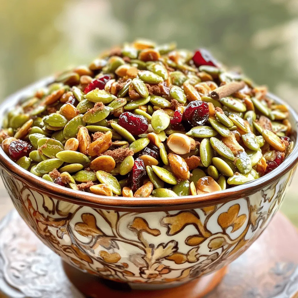 - 2 cups raw pumpkin seeds (pepitas) - 1 tablespoon olive oil - 2 tablespoons pure maple syrup - 1 teaspoon ground cinnamon - 1/2 teaspoon smoked paprika - 1/4 teaspoon cayenne pepper - 1/4 teaspoon garlic powder - 1/4 teaspoon sea salt - 1/4 cup chopped nuts (almonds, pecans, or walnuts) - 1/4 cup dried cranberries or apricots The main ingredients for your Spiced Pumpkin Seed Crunch create a wonderful base. Raw pumpkin seeds give a great crunch and nutty taste. Olive oil helps to coat the seeds, while maple syrup adds natural sweetness. These three elements work well together. Next, the spices bring the flavor to life. Ground cinnamon offers warmth. Smoked paprika adds depth, and cayenne pepper gives a kick. Garlic powder and sea salt round out the flavor, making this snack hard to resist. If you want to mix things up, you can add nuts or dried fruit. The nuts add extra crunch and nutrients. Dried cranberries or apricots lend a sweet touch that pairs nicely with the spices. This recipe is simple but packs a punch. For the full recipe, check out the details in the article. - Preheat your oven to 350°F (175°C) and line a baking sheet with parchment paper. This makes cleanup easy. - In a large bowl, combine 2 cups of raw pumpkin seeds, 1 tablespoon of olive oil, and 2 tablespoons of pure maple syrup. Mix until all the seeds are well coated. - Now, add 1 teaspoon of ground cinnamon, 1/2 teaspoon of smoked paprika, 1/4 teaspoon of cayenne pepper, 1/4 teaspoon of garlic powder, and 1/4 teaspoon of sea salt to the bowl. Stir well to cover every seed with the spices. - Spread this mixture evenly on the baking sheet. Make sure to keep it in a single layer for the best roasting. - Place the baking sheet in the oven and toast for 15-20 minutes. Make sure to stir it halfway through. This helps achieve an even golden color. - Keep an eye on the seeds. Look for a golden hue and a nutty aroma to know they are done. Check out the Full Recipe for more details on this tasty snack! To get that perfect crunch, make sure to spread the seeds in a single layer. This allows heat to reach all sides. Stir the seeds regularly while they bake. This helps prevent burning and keeps them evenly toasted. You can adjust the cayenne pepper based on how spicy you like it. If you enjoy a bit more heat, add a little more. After baking, sprinkle a pinch of salt over the seeds. This simple step boosts the flavor and makes them even tastier. You can enjoy Spiced Pumpkin Seed Crunch as a snack right out of the bowl. It also works well on salads, soups, or yogurt. The crunch adds texture and flavor to any dish. For a special touch, consider serving it in a decorative bowl with some extra seeds on top. This not only looks nice but also invites everyone to dig in! {{image_4}} You can change the flavor of your Spiced Pumpkin Seed Crunch easily. For a sweet version, add dried fruits, like cranberries or apricots, and a drizzle of honey. This makes a tasty mix that kids will love. For a savory twist, try spices like cumin or coriander. These spices give it a warm, earthy taste that is perfect for snacking. Feel free to experiment with different nuts and seeds. You can add almonds, walnuts, or pecans for a crunchier texture. Sunflower seeds are a great option too. They add a nice crunch and a bit of protein. Hemp seeds are another choice if you want more nutrients. Mixing nuts and seeds makes your snack more interesting and healthy. You can easily make this recipe vegan. Just ensure all your added ingredients are plant-based. This way, everyone can enjoy it. The good news is that all the ingredients in this recipe are naturally gluten-free. So, if you have gluten sensitivities, you can snack without worry. Enjoy your Spiced Pumpkin Seed Crunch without any dietary concerns. For the full recipe, check out the link above. To keep your Spiced Pumpkin Seed Crunch fresh, store it in an airtight container. This helps maintain its crunchiness. Place the container in a cool, dry spot. Avoid direct sunlight, as it can make the seeds lose flavor and texture. For the best taste and texture, enjoy your Spiced Pumpkin Seed Crunch within 2-3 weeks. This ensures that you get the full flavor and satisfying crunch that makes this snack so special. If you want to save your Spiced Pumpkin Seed Crunch for longer, you can freeze it. To do this, place the cooled mix in a freezer-safe bag. Squeeze out as much air as possible before sealing. When you’re ready to eat, just take out what you need and let it thaw at room temperature. This method helps keep the seeds tasty for months! To make Spiced Pumpkin Seed Crunch, first preheat your oven to 350°F (175°C). Line a baking sheet with parchment paper. In a big bowl, mix 2 cups of raw pumpkin seeds, 1 tablespoon of olive oil, and 2 tablespoons of pure maple syrup. Stir until the seeds are well-coated. Next, add 1 teaspoon of ground cinnamon, 1/2 teaspoon of smoked paprika, 1/4 teaspoon of cayenne pepper, 1/4 teaspoon of garlic powder, and 1/4 teaspoon of sea salt. Mix again to coat each seed with the spices. Spread the seeds in a single layer on the baking sheet. Toast them in the oven for 15-20 minutes. Remember to stir halfway through. When they turn golden and smell nutty, they are ready. Let them cool for a few minutes. If you want, add 1/4 cup of chopped nuts and 1/4 cup of dried cranberries or apricots for extra flavor and texture. Cool completely before storing. Check out the Full Recipe for more details. Yes, this snack is naturally vegan! All of the ingredients can fit a vegan diet. Use raw pumpkin seeds, olive oil, and pure maple syrup. Make sure any nuts or dried fruits you add are also vegan-friendly. This recipe is a great option for anyone looking for plant-based snacks. You can serve Spiced Pumpkin Seed Crunch in many ways! It makes a great snack on its own. You can also sprinkle it on salads for a tasty crunch. Try it on soups for added flavor, or mix it with yogurt for a delightful treat. This snack is versatile and fits well in many meals. In this blog post, we explored a simple and tasty Spiced Pumpkin Seed Crunch recipe. We looked at the key ingredients, including pumpkin seeds, olive oil, and maple syrup, along with spices for flavor. I shared easy steps to prepare and bake this healthy snack. You can customize it with nuts and dried fruits for extra taste. Finally, store your crunch right to keep it fresh. Enjoy this versatile snack on its own or with meals. Remember, the crunch is all about your taste!