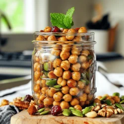 - 1 can (15 oz) chickpeas, thoroughly drained and rinsed - 1 tablespoon extra virgin olive oil - 1 teaspoon garlic powder - 1 teaspoon smoked paprika - 1/2 teaspoon cayenne pepper - 1/2 teaspoon sea salt - 1/2 teaspoon freshly ground black pepper - 1 cup assorted nuts (almonds, cashews, walnuts) - 1/2 cup dried cranberries or raisins - 1/4 cup pumpkin seeds (pepitas) - 1 teaspoon pure maple syrup (optional) Gathering the right ingredients is key for a tasty snack mix. Chickpeas are the star here. They give a crunchy base and pack a protein punch. The olive oil helps them roast well. Garlic powder and smoked paprika add depth. Cayenne pepper gives a hint of heat. Adjust it to your taste. Sea salt and black pepper round out the flavor. Nuts add a nice crunch and healthy fats. I love using a mix of almonds, cashews, and walnuts for variety. Dried cranberries or raisins add sweetness and chewiness. Pumpkin seeds give a nice crunch, too. If you want a touch of sweetness, drizzle maple syrup over the warm chickpeas before mixing. This recipe is simple, but the flavors shine through. You can find the full recipe [here](#). First, preheat your oven to 400°F (200°C). This helps the chickpeas get crispy. Next, drain a can of chickpeas. Rinse them well under cold water. Place them in a colander to drain fully. After that, use a clean kitchen towel to dry the chickpeas. This step is key to achieving that crunchy texture you want. In a medium bowl, combine the dried chickpeas with seasoning. Add 1 tablespoon of extra virgin olive oil, 1 teaspoon of garlic powder, 1 teaspoon of smoked paprika, ½ teaspoon of cayenne pepper, ½ teaspoon of sea salt, and ½ teaspoon of black pepper. Toss everything together until the chickpeas are well coated. If you like a bit of sweetness, drizzle 1 teaspoon of pure maple syrup. It adds a nice touch! Spread the seasoned chickpeas on a baking sheet lined with parchment paper. This prevents sticking and makes cleanup easy. Roast them in the oven for 25 to 30 minutes. Remember to shake the baking sheet halfway through. This helps them roast evenly and get that golden brown color. While the chickpeas roast, heat a dry skillet over medium heat. Add 1 cup of assorted nuts, like almonds, cashews, and walnuts. Toast them for about 5 to 7 minutes. Stir them often to keep them from burning. You want them fragrant and lightly golden. Once the chickpeas are done, take them out of the oven and let them cool for a few minutes. If you used maple syrup, toss the chickpeas again to coat them well. In a large bowl, mix together the roasted chickpeas, toasted nuts, ½ cup of dried cranberries or raisins, and ¼ cup of pumpkin seeds. Toss everything to create a delightful snack mix. Let the mix cool completely before storing. Transfer it to an airtight container. This helps keep your snack fresh for longer. Enjoy your crispy roasted chickpea snack mix anytime you need a tasty treat! For the full recipe, check the details above! To get crispy chickpeas, start by patting them dry. After you drain and rinse the chickpeas, use a clean towel. This helps remove excess moisture. Drying them ensures they roast well. An even coating of oil and spices is key. Toss them well in the bowl until every chickpea shines. This step makes a big difference in crunchiness. You can jazz up your chickpeas with different spices. Try adding cumin for warmth or chili powder for heat. If you love sweet snacks, a dash of cinnamon works wonders. You can also mix in a bit of honey or sugar. This adds a nice contrast to the savory flavors. Don’t be afraid to experiment with your favorite seasonings. Make this snack mix your own! You can add dried fruits like apricots or figs for sweetness. Mix in nuts such as pecans or hazelnuts for crunch. Pumpkin seeds are also a great choice for added nutrition. If you want more texture, consider sunflower seeds. This way, you create a snack that fits your tastes perfectly. For the full recipe, check the detailed steps above! {{image_4}} You can make this snack mix even more fun by adding sweetness. Try drizzling honey or a bit of sugar over the roasted chickpeas. This simple addition gives your mix a nice balance. Sweet and savory flavors work great together. You can also add a sprinkle of cinnamon for a warm twist. It makes the snack feel extra cozy and delicious. If you crave cheese, I have great news! You can add cheese powder to your chickpeas before roasting. This adds a tasty and rich flavor. Other spices like onion powder or Italian herbs can also spice things up. You can even try adding a bit of chili powder for a kick. Each choice creates a unique flavor and makes the mix exciting. This snack mix can fit many diets. For a vegan option, skip the cheese and use plant-based seasonings. You can also make it gluten-free by using certified gluten-free oats or grains. If you watch your salt, try low-sodium chickpeas and season lightly. This way, everyone can enjoy this crunchy treat. There are many ways to make it fit your needs. For the full recipe, check out the earlier section! To keep your crispy roasted chickpea snack mix fresh, use airtight containers. Glass jars or plastic containers work well. Make sure they seal tightly to keep out air. Store your snack mix in a cool, dry place. Avoid sunlight and heat, which can make it go stale. If you want, you can also divide your mix into smaller portions. This makes it easy to grab and enjoy as a snack. When stored properly, your snack mix lasts about one week. If you place it in the fridge, it can last up to two weeks. However, for best taste and texture, eat it within the first week. This way, you enjoy the crunchiness of the chickpeas and nuts. If your snack mix loses its crunch, don’t worry! You can easily revive it. Preheat your oven to 350°F (175°C). Spread the mix on a baking sheet in a single layer. Heat it in the oven for 5 to 10 minutes. Keep an eye on it to avoid burning. This quick step brings back the crispy texture and makes it fresh again. Enjoy your snack mix as if it just came out of the oven! Yes, you can use canned chickpeas. Just make sure to rinse and drain them well. Rinsing helps remove excess sodium. Draining is key for a crispy texture. Crispy roasted chickpeas can last about a week. Store them in an airtight container at room temperature. Keep them away from moisture to maintain their crunch. If you want nut-free options, try seeds like sunflower or hemp. You can also use roasted chickpeas or extra dried fruit. These alternatives keep the mix tasty and crunchy. Yes, you can make this snack mix ahead of time. Prepare it a few days in advance. Just store it properly to keep the flavors fresh. Check out the Full Recipe for details on prep! This snack mix combines chickpeas, nuts, and dried fruits for a healthy treat. The chickpeas add protein and fiber, while nuts provide healthy fats. Roasting gives them a crunchy texture, and you can customize flavors with spices. Remember to store your mix in a tight container to keep it fresh. Enjoy trying different combinations to make your own perfect snack mix. Healthy snacking can be fun and tasty!
