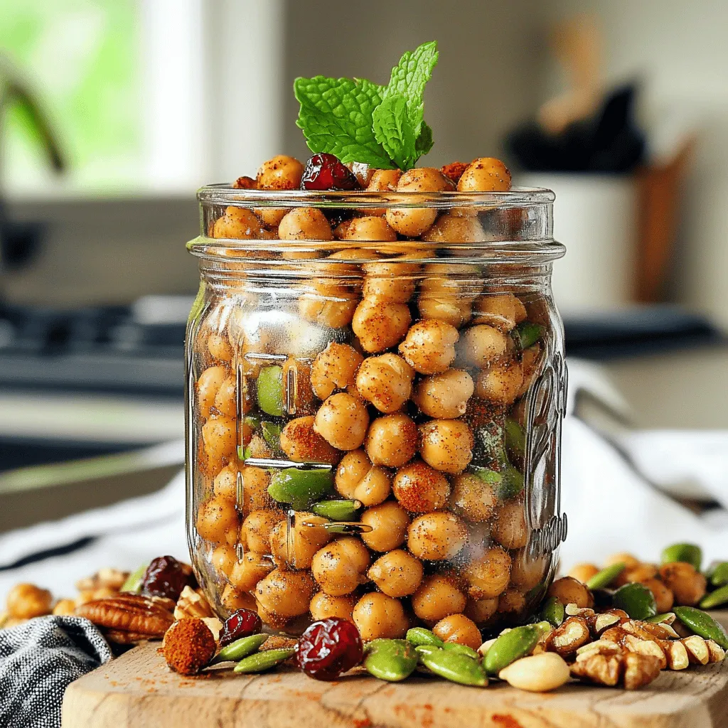 - 1 can (15 oz) chickpeas, thoroughly drained and rinsed - 1 tablespoon extra virgin olive oil - 1 teaspoon garlic powder - 1 teaspoon smoked paprika - 1/2 teaspoon cayenne pepper - 1/2 teaspoon sea salt - 1/2 teaspoon freshly ground black pepper - 1 cup assorted nuts (almonds, cashews, walnuts) - 1/2 cup dried cranberries or raisins - 1/4 cup pumpkin seeds (pepitas) - 1 teaspoon pure maple syrup (optional) Gathering the right ingredients is key for a tasty snack mix. Chickpeas are the star here. They give a crunchy base and pack a protein punch. The olive oil helps them roast well. Garlic powder and smoked paprika add depth. Cayenne pepper gives a hint of heat. Adjust it to your taste. Sea salt and black pepper round out the flavor. Nuts add a nice crunch and healthy fats. I love using a mix of almonds, cashews, and walnuts for variety. Dried cranberries or raisins add sweetness and chewiness. Pumpkin seeds give a nice crunch, too. If you want a touch of sweetness, drizzle maple syrup over the warm chickpeas before mixing. This recipe is simple, but the flavors shine through. You can find the full recipe [here](#). First, preheat your oven to 400°F (200°C). This helps the chickpeas get crispy. Next, drain a can of chickpeas. Rinse them well under cold water. Place them in a colander to drain fully. After that, use a clean kitchen towel to dry the chickpeas. This step is key to achieving that crunchy texture you want. In a medium bowl, combine the dried chickpeas with seasoning. Add 1 tablespoon of extra virgin olive oil, 1 teaspoon of garlic powder, 1 teaspoon of smoked paprika, ½ teaspoon of cayenne pepper, ½ teaspoon of sea salt, and ½ teaspoon of black pepper. Toss everything together until the chickpeas are well coated. If you like a bit of sweetness, drizzle 1 teaspoon of pure maple syrup. It adds a nice touch! Spread the seasoned chickpeas on a baking sheet lined with parchment paper. This prevents sticking and makes cleanup easy. Roast them in the oven for 25 to 30 minutes. Remember to shake the baking sheet halfway through. This helps them roast evenly and get that golden brown color. While the chickpeas roast, heat a dry skillet over medium heat. Add 1 cup of assorted nuts, like almonds, cashews, and walnuts. Toast them for about 5 to 7 minutes. Stir them often to keep them from burning. You want them fragrant and lightly golden. Once the chickpeas are done, take them out of the oven and let them cool for a few minutes. If you used maple syrup, toss the chickpeas again to coat them well. In a large bowl, mix together the roasted chickpeas, toasted nuts, ½ cup of dried cranberries or raisins, and ¼ cup of pumpkin seeds. Toss everything to create a delightful snack mix. Let the mix cool completely before storing. Transfer it to an airtight container. This helps keep your snack fresh for longer. Enjoy your crispy roasted chickpea snack mix anytime you need a tasty treat! For the full recipe, check the details above! To get crispy chickpeas, start by patting them dry. After you drain and rinse the chickpeas, use a clean towel. This helps remove excess moisture. Drying them ensures they roast well. An even coating of oil and spices is key. Toss them well in the bowl until every chickpea shines. This step makes a big difference in crunchiness. You can jazz up your chickpeas with different spices. Try adding cumin for warmth or chili powder for heat. If you love sweet snacks, a dash of cinnamon works wonders. You can also mix in a bit of honey or sugar. This adds a nice contrast to the savory flavors. Don’t be afraid to experiment with your favorite seasonings. Make this snack mix your own! You can add dried fruits like apricots or figs for sweetness. Mix in nuts such as pecans or hazelnuts for crunch. Pumpkin seeds are also a great choice for added nutrition. If you want more texture, consider sunflower seeds. This way, you create a snack that fits your tastes perfectly. For the full recipe, check the detailed steps above! {{image_4}} You can make this snack mix even more fun by adding sweetness. Try drizzling honey or a bit of sugar over the roasted chickpeas. This simple addition gives your mix a nice balance. Sweet and savory flavors work great together. You can also add a sprinkle of cinnamon for a warm twist. It makes the snack feel extra cozy and delicious. If you crave cheese, I have great news! You can add cheese powder to your chickpeas before roasting. This adds a tasty and rich flavor. Other spices like onion powder or Italian herbs can also spice things up. You can even try adding a bit of chili powder for a kick. Each choice creates a unique flavor and makes the mix exciting. This snack mix can fit many diets. For a vegan option, skip the cheese and use plant-based seasonings. You can also make it gluten-free by using certified gluten-free oats or grains. If you watch your salt, try low-sodium chickpeas and season lightly. This way, everyone can enjoy this crunchy treat. There are many ways to make it fit your needs. For the full recipe, check out the earlier section! To keep your crispy roasted chickpea snack mix fresh, use airtight containers. Glass jars or plastic containers work well. Make sure they seal tightly to keep out air. Store your snack mix in a cool, dry place. Avoid sunlight and heat, which can make it go stale. If you want, you can also divide your mix into smaller portions. This makes it easy to grab and enjoy as a snack. When stored properly, your snack mix lasts about one week. If you place it in the fridge, it can last up to two weeks. However, for best taste and texture, eat it within the first week. This way, you enjoy the crunchiness of the chickpeas and nuts. If your snack mix loses its crunch, don’t worry! You can easily revive it. Preheat your oven to 350°F (175°C). Spread the mix on a baking sheet in a single layer. Heat it in the oven for 5 to 10 minutes. Keep an eye on it to avoid burning. This quick step brings back the crispy texture and makes it fresh again. Enjoy your snack mix as if it just came out of the oven! Yes, you can use canned chickpeas. Just make sure to rinse and drain them well. Rinsing helps remove excess sodium. Draining is key for a crispy texture. Crispy roasted chickpeas can last about a week. Store them in an airtight container at room temperature. Keep them away from moisture to maintain their crunch. If you want nut-free options, try seeds like sunflower or hemp. You can also use roasted chickpeas or extra dried fruit. These alternatives keep the mix tasty and crunchy. Yes, you can make this snack mix ahead of time. Prepare it a few days in advance. Just store it properly to keep the flavors fresh. Check out the Full Recipe for details on prep! This snack mix combines chickpeas, nuts, and dried fruits for a healthy treat. The chickpeas add protein and fiber, while nuts provide healthy fats. Roasting gives them a crunchy texture, and you can customize flavors with spices. Remember to store your mix in a tight container to keep it fresh. Enjoy trying different combinations to make your own perfect snack mix. Healthy snacking can be fun and tasty!