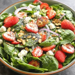 - Baby spinach - Strawberries - Red onion Fresh produce creates the base of this salad. Baby spinach offers a mild, earthy taste. It is soft and tender, making it perfect for salads. Strawberries add sweetness and a pop of color. Their juicy texture complements the spinach well. Red onion gives a slight bite and crunch. Slice it thin for a better mix of flavors. - Sliced almonds - Feta cheese Optional additions can elevate this salad. Sliced almonds bring a nutty crunch and healthy fats. Toast them for an extra depth of flavor. Feta cheese adds creaminess and saltiness. It pairs well with the sweet strawberries. Feel free to skip these if you want a lighter version. - Extra virgin olive oil - Apple cider vinegar - Honey (or maple syrup) The dressing is key to tying all the flavors together. Extra virgin olive oil provides richness and smoothness. Apple cider vinegar adds a tangy kick. Balance the acidity with honey or maple syrup. Both sweeteners work well, so pick what you like best. This dressing can also be made in advance for convenience. To see the full ingredients and steps, check the Full Recipe. How to slice strawberries Start by washing the strawberries under cool water. Pat them dry with a clean towel. Remove the green tops by slicing them off with a sharp knife. Next, slice the strawberries into thin pieces. Aim for even slices so they blend well in the salad. Each slice should be about a quarter-inch thick. This helps the strawberries mix nicely with the spinach. Preparing baby spinach Take the fresh baby spinach and give it a good rinse. Use cold water to keep it crisp. After washing, shake off the excess water. You can also spin it in a salad spinner. This step is key because wet spinach can make your salad soggy. Place the spinach in a large bowl, ready for mixing. Combining salad ingredients In a spacious mixing bowl, gently add the spinach, sliced strawberries, and other ingredients. Include the toasted almonds, crumbled feta cheese, and thinly sliced red onion. Use your hands or salad tongs to fold everything together. Be gentle to avoid bruising the spinach or crushing the strawberries. This helps keep the salad light and fresh. Tips on folding vs. stirring When mixing your salad, folding is better than stirring. Folding means you lift the ingredients from the bottom and turn them over gently. This keeps the items intact and preserves their shape. Stirring can break the berries and spinach. So, take your time and be gentle. Whisking techniques In a small bowl, combine the olive oil, apple cider vinegar, honey, and poppy seeds. Use a whisk to mix them well. Start slowly to blend the honey into the oil. This helps the honey dissolve better. Keep whisking until the mixture looks smooth and thick. Achieving the right emulsification To emulsify means to mix oil and vinegar into a smooth dressing. It’s important for flavor. If the dressing separates, it won't coat the salad well. Keep whisking until you see no more separation. This should take about 30 seconds. A well-emulsified dressing will cling to your salad and enhance every bite. For the full recipe, refer to the Spinach Strawberry Poppyseed Salad 🥗. To make your Spinach Strawberry Poppyseed Salad shine, adjust the sweetness and acidity. If you like it sweeter, add more honey or maple syrup. For a tangy kick, add a bit more apple cider vinegar. This balance creates a lively taste. Use salt and pepper wisely. Start with a small amount, then taste. A pinch of salt can enhance flavors. Freshly cracked black pepper adds warmth. Experiment until you find your perfect blend. Serve your salad in a large, beautiful bowl for a lovely display. You can also plate individual servings for a nice touch. This makes each serving feel special. Garnish is key! Add extra sliced strawberries on top for color. A sprinkle of poppy seeds creates elegance. Whole almonds add crunch and a visual pop. These small touches impress guests and elevate the dish. To save time, prep ingredients ahead. Wash and slice the strawberries in advance. You can even toast the almonds before serving. This way, everything is ready when you need it. Keep the salad fresh by mixing the dressing right before serving. Dressing can make spinach wilt quickly. Prepare the dressing in a separate bowl, then combine it with the salad when you are ready to eat. Enjoy your fresh mix right away. For the full recipe, check out the Spinach Strawberry Poppyseed Salad. {{image_4}} You can switch up the nuts and cheese in this salad to suit your taste. Try adding walnuts or pecans for a rich crunch. Both nuts bring a warm, earthy flavor that pairs well with the sweet strawberries. If you prefer a different cheese, goat cheese is a fantastic option. It adds a creamy texture and tangy taste that brightens the salad. Using seasonal ingredients can make your salad even tastier. In spring, fresh blueberries or raspberries can work well alongside strawberries. During summer, peaches or nectarines add a juicy sweetness. For veggie additions, consider sliced cucumbers or bell peppers. Both will add color and crunch to your dish, making it more appealing and nutritious. Feel free to get creative with your dressing! You can use different oils, like avocado or walnut oil, for a unique flavor twist. For vinegar, try balsamic or red wine vinegar. Both can change the salad’s taste profile. If you want to alter the sweetness, swap honey for agave syrup or maple syrup. Each sweetener brings its own flavor, allowing you to customize the salad to your liking. For the full recipe, refer to the Spinach Strawberry Poppyseed Salad section. To keep your salad fresh, store any leftovers in an airtight container. Place the spinach and strawberries in the fridge. This prevents them from wilting or spoiling. Use the salad within two days for the best taste. If you have leftover dressing, store it separately. This keeps the salad crisper. You can freeze some salad components, but not all. Spinach can freeze well if you blanch it first. This helps keep its color and taste. Strawberries can also freeze, but they will become mushy once thawed. Avoid freezing the dressing, as it may separate and change texture. Feta and almonds should also not be frozen, as they lose their quality. If you want to refresh the salad, try these methods. For best results, let it sit at room temperature for about 15 minutes. This brings back some of its original crispness. Avoid microwaving, as this can make the salad soggy. Instead, toss it gently to mix the ingredients again before serving. This helps revive the flavors and texture. Yes, you can make this salad vegan. Simply replace the feta cheese with a plant-based cheese. For sweetness, use maple syrup instead of honey. This keeps the flavors while making it plant-friendly. You can also add more nuts or seeds for extra crunch. To keep the salad fresh, store the spinach and dressing separately. This stops the spinach from wilting. Keep the salad in a sealed container in the fridge. Use it within a day or two for the best taste. Always wash the spinach just before using it for maximum crispiness. You can try other dressings like balsamic vinaigrette or a citrus dressing. A lemon-tahini dressing would also pair well. Each of these adds a unique twist to the salad. Experiment to find your favorite! This salad is packed with nutrients. Spinach is rich in vitamins A, C, and K. Strawberries provide antioxidants and vitamin C. Almonds add healthy fats and protein. Feta cheese offers calcium, while olive oil adds healthy fats. Each ingredient brings its own health benefits, making this salad a smart choice. This blog post covered how to make a fresh and tasty salad. You learned about selecting fresh produce, like baby spinach, strawberries, and red onion. I shared tips for preparing ingredients and making a smooth dressing. We explored ways to enhance flavors and presented the salad beautifully. I also discussed variations and storage tips to keep your salad fresh. For flavorful results, be creative with your ingredients and try new combinations. Enjoy crafting your perfect salad!