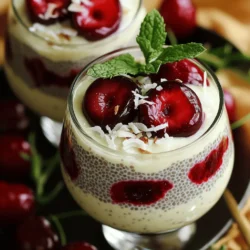 - 1 cup coconut milk (canned or carton) - 1/4 cup chia seeds - 2 tablespoons maple syrup (or honey) - 1 teaspoon vanilla extract - 1 cup fresh or frozen cherries, pitted and halved - 1/4 cup unsweetened shredded coconut - Fresh mint leaves for garnish (optional) Gather these ingredients to create the perfect cherry coconut chia pudding. Each item plays a key role in flavor and texture. Coconut milk brings a creamy base. Chia seeds add a fun, gel-like texture. Maple syrup or honey sweetens the dish, while vanilla extract rounds out the flavors. Fresh or frozen cherries provide a burst of tartness. Shredded coconut adds a nice chew and more coconut flavor. This pudding packs a nutritious punch. Each serving has about 200 calories. You get healthy fats from coconut and fiber from chia seeds. The chia seeds are full of omega-3 fatty acids. They also help keep you full for longer. Coconut milk provides good fats. It supports heart health and can boost energy. The cherries add vitamins and antioxidants, making this pudding a yummy treat that is also good for you. For more detailed nutritional information, be sure to check the Full Recipe. To make Cherry Coconut Chia Pudding, start by gathering your ingredients. In a spacious mixing bowl, pour in the coconut milk. Add the chia seeds, maple syrup, and vanilla extract. Whisk the mixture well. Ensure the chia seeds are evenly spread in the coconut milk. Next, cover the bowl tightly with plastic wrap or a lid. Place it in the refrigerator for at least four hours, but overnight is best. This chilling time is vital. It allows the chia seeds to soak up the liquid. This creates a gel-like texture, making the pudding creamy. Once the chilling time is complete, take the bowl out of the fridge. Gently stir the pudding to break up any clumps. Then, fold in the halved cherries and shredded coconut. Remember to save some cherries for later! Now that your pudding is ready, it’s time to serve! Scoop the mixture into clear glasses or bowls. This way, you can showcase the lovely layers. Top each serving with the reserved cherries and a sprinkle of shredded coconut. For an extra touch, add fresh mint leaves on top. This adds color and freshness. You can also layer the pudding with cherries for a beautiful look. Enjoy your Cherry Coconut Chia Pudding Delightful and Nutritious. For the complete recipe, check the Full Recipe section! To make your Cherry Coconut Chia Pudding a success, follow these easy tips. First, chia seeds can clump up. To avoid this, mix them well with the coconut milk right away. Stir for about a minute. This helps them spread out evenly. Chilling is important for the best pudding. I recommend letting it sit in the fridge for at least four hours. If you can, chill it overnight. This gives the chia seeds time to absorb the liquid and swell. The longer they sit, the thicker and creamier your pudding will be. Want to change the taste a bit? You can try different sweeteners. Instead of maple syrup, you can use honey or agave nectar. Each sweetener gives a unique flavor. You can also add extra nutrition with tasty add-ins. Consider nuts like almonds or walnuts for a crunch. A dash of cinnamon or nutmeg can add warmth. These small changes can really boost the flavor and health benefits of your pudding. For the full recipe, check out the Cherry Coconut Chia Pudding section above. {{image_4}} You can easily swap ingredients to fit your taste. Start with milk. Coconut milk works well, but you can try almond or oat milk too. These options make the pudding lighter and add new flavors. Next, let’s talk about fruits. Cherries shine in this recipe, but other fruits work great too. Try mango, berries, or even bananas. Each fruit adds its own twist. Mixing fruits can create a fun flavor blend. This recipe is already vegan and gluten-free! Chia seeds and coconut milk fit those needs perfectly. To keep it vegan, use maple syrup instead of honey. If you want to make it even healthier, add nuts or seeds on top. This adds crunch and boosts nutrition. With these simple swaps, everyone can enjoy Cherry Coconut Chia Pudding. Store leftover chia pudding in the fridge. This keeps it cool and fresh. Use an airtight container to prevent any odors from mixing in. Glass jars work well since they seal tightly. They also allow you to see the beautiful layers of cherries and coconut. Chia pudding stays fresh for about 4 to 5 days in the fridge. Always check for signs of spoilage before eating. If the pudding has a sour smell or changes color, it's best to discard it. Keeping track of storage time ensures you enjoy this tasty treat at its best. To make your chia pudding thicker, you can try a few simple tricks. First, increase the amount of chia seeds. Adding an extra tablespoon can create a denser texture. You can also reduce the liquid slightly. Use less coconut milk, so the seeds have less moisture to absorb. Remember, the longer you let it chill, the thicker it will get. Aim for at least six hours or overnight for the best results. Absolutely! You can swap cherries for many other fruits. Berries like blueberries or raspberries work great. Sliced bananas or diced mango add a nice twist too. Even peaches or sliced kiwi can be fun choices. Just make sure to adjust the sweetness if your fruit is very sweet or tart. This recipe is flexible, so feel free to get creative! Yes, chia pudding is quite healthy! Chia seeds are packed with fiber, protein, and omega-3 fatty acids. They help you feel full and support digestion. Coconut milk adds healthy fats, which are good for your heart. Plus, cherries are rich in antioxidants and vitamins. Each serving of this pudding provides a nutritious boost, making it a perfect snack or breakfast choice. This blog post covered how to make Cherry Coconut Chia Pudding. You learned about the key ingredients, easy steps to prepare it, and tips for the best results. We also explored flavor variations and storage tips. Enjoying this healthy treat can be simple and creative. Try different fruits or toppings to make it your own. With a little practice, you’ll enjoy delicious pudding that fits your diet. You’re ready to make this tasty dish today!