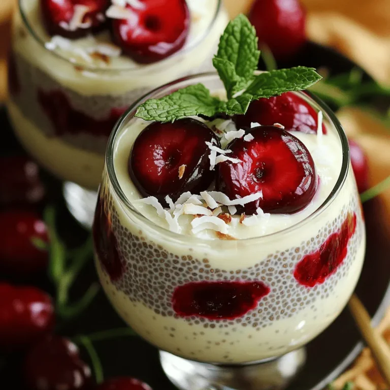 - 1 cup coconut milk (canned or carton) - 1/4 cup chia seeds - 2 tablespoons maple syrup (or honey) - 1 teaspoon vanilla extract - 1 cup fresh or frozen cherries, pitted and halved - 1/4 cup unsweetened shredded coconut - Fresh mint leaves for garnish (optional) Gather these ingredients to create the perfect cherry coconut chia pudding. Each item plays a key role in flavor and texture. Coconut milk brings a creamy base. Chia seeds add a fun, gel-like texture. Maple syrup or honey sweetens the dish, while vanilla extract rounds out the flavors. Fresh or frozen cherries provide a burst of tartness. Shredded coconut adds a nice chew and more coconut flavor. This pudding packs a nutritious punch. Each serving has about 200 calories. You get healthy fats from coconut and fiber from chia seeds. The chia seeds are full of omega-3 fatty acids. They also help keep you full for longer. Coconut milk provides good fats. It supports heart health and can boost energy. The cherries add vitamins and antioxidants, making this pudding a yummy treat that is also good for you. For more detailed nutritional information, be sure to check the Full Recipe. To make Cherry Coconut Chia Pudding, start by gathering your ingredients. In a spacious mixing bowl, pour in the coconut milk. Add the chia seeds, maple syrup, and vanilla extract. Whisk the mixture well. Ensure the chia seeds are evenly spread in the coconut milk. Next, cover the bowl tightly with plastic wrap or a lid. Place it in the refrigerator for at least four hours, but overnight is best. This chilling time is vital. It allows the chia seeds to soak up the liquid. This creates a gel-like texture, making the pudding creamy. Once the chilling time is complete, take the bowl out of the fridge. Gently stir the pudding to break up any clumps. Then, fold in the halved cherries and shredded coconut. Remember to save some cherries for later! Now that your pudding is ready, it’s time to serve! Scoop the mixture into clear glasses or bowls. This way, you can showcase the lovely layers. Top each serving with the reserved cherries and a sprinkle of shredded coconut. For an extra touch, add fresh mint leaves on top. This adds color and freshness. You can also layer the pudding with cherries for a beautiful look. Enjoy your Cherry Coconut Chia Pudding Delightful and Nutritious. For the complete recipe, check the Full Recipe section! To make your Cherry Coconut Chia Pudding a success, follow these easy tips. First, chia seeds can clump up. To avoid this, mix them well with the coconut milk right away. Stir for about a minute. This helps them spread out evenly. Chilling is important for the best pudding. I recommend letting it sit in the fridge for at least four hours. If you can, chill it overnight. This gives the chia seeds time to absorb the liquid and swell. The longer they sit, the thicker and creamier your pudding will be. Want to change the taste a bit? You can try different sweeteners. Instead of maple syrup, you can use honey or agave nectar. Each sweetener gives a unique flavor. You can also add extra nutrition with tasty add-ins. Consider nuts like almonds or walnuts for a crunch. A dash of cinnamon or nutmeg can add warmth. These small changes can really boost the flavor and health benefits of your pudding. For the full recipe, check out the Cherry Coconut Chia Pudding section above. {{image_4}} You can easily swap ingredients to fit your taste. Start with milk. Coconut milk works well, but you can try almond or oat milk too. These options make the pudding lighter and add new flavors. Next, let’s talk about fruits. Cherries shine in this recipe, but other fruits work great too. Try mango, berries, or even bananas. Each fruit adds its own twist. Mixing fruits can create a fun flavor blend. This recipe is already vegan and gluten-free! Chia seeds and coconut milk fit those needs perfectly. To keep it vegan, use maple syrup instead of honey. If you want to make it even healthier, add nuts or seeds on top. This adds crunch and boosts nutrition. With these simple swaps, everyone can enjoy Cherry Coconut Chia Pudding. Store leftover chia pudding in the fridge. This keeps it cool and fresh. Use an airtight container to prevent any odors from mixing in. Glass jars work well since they seal tightly. They also allow you to see the beautiful layers of cherries and coconut. Chia pudding stays fresh for about 4 to 5 days in the fridge. Always check for signs of spoilage before eating. If the pudding has a sour smell or changes color, it's best to discard it. Keeping track of storage time ensures you enjoy this tasty treat at its best. To make your chia pudding thicker, you can try a few simple tricks. First, increase the amount of chia seeds. Adding an extra tablespoon can create a denser texture. You can also reduce the liquid slightly. Use less coconut milk, so the seeds have less moisture to absorb. Remember, the longer you let it chill, the thicker it will get. Aim for at least six hours or overnight for the best results. Absolutely! You can swap cherries for many other fruits. Berries like blueberries or raspberries work great. Sliced bananas or diced mango add a nice twist too. Even peaches or sliced kiwi can be fun choices. Just make sure to adjust the sweetness if your fruit is very sweet or tart. This recipe is flexible, so feel free to get creative! Yes, chia pudding is quite healthy! Chia seeds are packed with fiber, protein, and omega-3 fatty acids. They help you feel full and support digestion. Coconut milk adds healthy fats, which are good for your heart. Plus, cherries are rich in antioxidants and vitamins. Each serving of this pudding provides a nutritious boost, making it a perfect snack or breakfast choice. This blog post covered how to make Cherry Coconut Chia Pudding. You learned about the key ingredients, easy steps to prepare it, and tips for the best results. We also explored flavor variations and storage tips. Enjoying this healthy treat can be simple and creative. Try different fruits or toppings to make it your own. With a little practice, you’ll enjoy delicious pudding that fits your diet. You’re ready to make this tasty dish today!