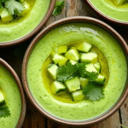 To make Cucumber Avocado Gazpacho, you need the following ingredients: - 2 large cucumbers, peeled and roughly chopped - 1 ripe avocado, pitted and diced - 1 green bell pepper, seeds removed and finely chopped - 1 small red onion, peeled and chopped - 2 cups vegetable broth (preferably chilled) - 2 tablespoons fresh lime juice - 1 clove garlic, minced - 1 teaspoon ground cumin - Salt and black pepper to taste - Fresh cilantro or mint leaves for garnish - Olive oil for drizzling (optional) Each ingredient brings its own health perks. Cucumbers are hydrating and low in calories. They help cool your body, especially in summer. Avocados add healthy fats, which are great for your heart. They also provide fiber and vitamins. Bell peppers add crunch and vitamin C, which boosts your immune system. Red onions bring flavor and antioxidants. Garlic offers health benefits like better digestion. When selecting produce, choose firm cucumbers and ripe avocados. Look for bright green bell peppers and onions without blemishes. Freshness is key for the best taste. Always wash your vegetables before you chop them. This helps remove dirt and pesticides. Enjoy making your gazpacho with these fresh and healthy ingredients! Start by getting all your ingredients ready. You need to peel the cucumbers. Roughly chop them and place them in a high-powered blender. Next, take the ripe avocado, pit it, and dice it. Add this to the blender too. Then, chop the green bell pepper and red onion. Toss these in with the minced garlic. To blend well, pour in the chilled vegetable broth and lime juice. Blend on high until the mix is smooth. This step is key to getting a creamy texture. Chilling the gazpacho is important. It helps the flavors blend and the soup cools down nicely. Ensure a smooth texture by blending all ingredients fully. If it feels too thick, add more broth or cold water. Blend again until it reaches your desired thickness. It's okay to taste as you go. Adjust the seasonings if needed for the best flavor. Make sure to mix the seasonings evenly. This way, every bite tastes just right. When serving, consider using bowls that contrast with the green soup. This makes it pop visually. Garnish with fresh cilantro or mint leaves for a fresh touch. You can also drizzle some olive oil on top for richness. Pair the gazpacho with crusty bread or a light salad. This makes for a lovely meal. You can serve it in fun glasses or small bowls for a creative touch. Enjoy your chilled cucumber avocado gazpacho! - Over-blending versus under-blending. Blend just enough to get a smooth texture. Too much blending can make it watery. Not enough blending leaves chunks. Aim for a creamy consistency. - Incorrect seasoning practices. Taste your mixture before serving. Adjust salt and pepper to match your taste. Too little seasoning can dull the flavors. - Improper chilling and serving temperatures. Chill the gazpacho for at least 30 minutes. Serve it cold for the best flavor. Warm gazpacho does not taste as good. - Variations using herbs and spices. Fresh herbs like cilantro or mint can add brightness. Use spices like smoked paprika for a warm kick. - Adding acidity or additional textures. A splash of vinegar or lemon juice brightens the dish. You can also add diced cucumber or avocado for crunch. - Incorporating complementary ingredients. Try adding jalapeños for heat or diced tomatoes for sweetness. Mix in some corn for a fun texture twist. - Recommended blenders for creamy soups. A high-powered blender works best for a smooth soup. Look for models that crush ice well. - Other essential kitchen tools for prep. Have a good cutting board and a sharp knife. These tools make chopping fast and safe. - Importance of high-quality knives and cutting boards. Invest in a solid chef's knife. It helps you cut ingredients precisely, making prep easier. {{image_4}} You can switch out the avocado and cucumber if you like. Try using zucchini instead of cucumber. For a creamy texture, use silken tofu. For avocado, you might use mashed banana for a different taste. Seasonal fruits, like ripe tomatoes or peaches, can add flavor and freshness. Local produce options also work well. Visit a farmer's market to see what’s fresh. You can customize this recipe for dietary needs. If you're dairy-free, simply skip the olive oil drizzle. Explore different flavor profiles for your gazpacho. For a Latino twist, add fresh cilantro and lime juice. You can spice things up with jalapeños or hot sauce. This gives the soup a kick. Adding fruits, like mango or pineapple, brings a lovely sweetness. You can also try citrus fruits for a tangy taste. Each variation lets you discover a new favorite. You can serve this gazpacho warm, too. Simply heat it gently in a pot. For a smoothie-style drink, blend it until super smooth and serve in a glass. Add ice cubes for a refreshing cold option. Flavored ice, made from fruit juice, can make it even better. Each serving style offers a fun way to enjoy this soup. You can adjust it based on how you feel that day! You can store gazpacho in the fridge for up to three days. Use an airtight container to keep it fresh. Glass or BPA-free plastic containers work best. If you want to enjoy it later, make sure to chill it well. You can even mix in some fresh herbs before serving for extra flavor. Yes, you can freeze gazpacho! However, the texture may change once thawed. To freeze, pour the gazpacho into freezer-safe bags or containers. Leave some space at the top to allow for expansion. When you are ready to eat, thaw it in the fridge overnight. Blend it again to restore its creamy texture. Look for changes in color or smell to check for spoilage. If it smells sour or has a strange texture, it’s best to toss it. Always trust your senses! If you have leftovers, consume them within three days for safety. Enjoy your chilled cucumber avocado gazpacho fresh for the best taste! Gazpacho is a cold soup from Spain. It usually blends fresh veggies like tomatoes, peppers, and cucumbers. This soup is perfect for hot weather. Traditional gazpacho often includes stale bread for texture. However, you can find many types of gazpacho, such as white gazpacho made with almonds or fruit-based versions. This cucumber avocado gazpacho stands out with its creamy texture and refreshing taste. Yes, you can make this gazpacho a day before serving. It tastes even better after chilling. I recommend chilling it for at least 30 minutes. If you have time, chilling it for a few hours enhances the flavors. Just remember to give it a stir before serving, as some separation may occur. Yes, this cucumber avocado gazpacho is vegan. It uses fresh vegetables and vegetable broth. You can adjust it for other diets by using low-sodium broth or adding a protein source. For instance, you can mix in some cooked quinoa for added texture and nutrition. This soup is versatile and can fit many dietary needs. Gazpacho is a simple and fresh dish. We covered key ingredients and their benefits. You learned preparation steps and blending techniques for the best texture. Serving suggestions, tips, and variations let you customize your gazpacho. Remember to avoid common mistakes for great flavor. Store properly to keep it fresh. Now, with these insights, you can enjoy gazpacho any time. Get creative and make it your own!