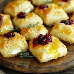 - Puff pastry - Brie cheese - Cranberry sauce For the perfect Cranberry Brie Bites, you need a few key ingredients. Puff pastry makes the base. It puffs up and gets golden when baked. Brie cheese adds creaminess and richness. It melts beautifully in the oven. Lastly, cranberry sauce gives a sweet and tangy burst. This mix creates a delightful flavor combo. - Honey - Fresh thyme leaves - Seasoning tips You can enhance the taste with optional ingredients. A drizzle of honey adds more sweetness. It complements the tartness of the cranberry sauce. Fresh thyme leaves make it fragrant and fresh. A pinch of salt and cracked pepper brings all the flavors together. You can play with these options to find your favorite balance. - Baking sheet - Parchment paper - Rolling pin To make these bites, gather a few simple tools. You will need a baking sheet to hold the bites while they bake. Parchment paper prevents sticking and makes cleanup easy. A rolling pin helps flatten the puff pastry. These tools make the process smooth and fun. For the full recipe, check the complete guide on how to make Cranberry Brie Bites. 1. Start by preheating your oven to 375°F (190°C). This step is key for a nice bake. 2. Next, take your puff pastry from the package. Roll it out on a floured surface until it’s about 1/4 inch thick. This makes it easy to cut. 3. Use a sharp knife or pizza cutter to slice the pastry into 2-inch squares. Make sure they are even for a nice look. 1. Place a cube of Brie cheese in the center of each pastry square. This will be the star of your bites! 2. Add about 1 teaspoon of cranberry sauce on top of the Brie. The red color adds a festive touch. 3. If you like sweetness, drizzle a bit of honey over the sauce. This balances the flavors well. 4. Now, fold the corners of each square toward the center. Pinch the edges to seal in all the tasty filling. This keeps everything cozy inside. 5. Brush the tops of your bites with the beaten egg. This gives them a nice, shiny finish when baked. 1. Place the baking sheet in your preheated oven. Bake the bites for 15-20 minutes. They should puff up and turn golden brown. 2. To check for doneness, look for a deep golden color and a puffy texture. If they look good, take them out and let them cool for a moment. These steps will help you create delightful Cranberry Brie Bites for any gathering. For the full recipe, check the earlier section. Enjoy! To make your Cranberry Brie Bites perfect, focus on puffing and sealing. - Ensuring even puffing: Space the pastry squares well on the baking sheet. This gives each bite room to puff up beautifully. If they are too close, they may stick together and won’t puff as high. - Sealing techniques for the pastry: When you fold the pastry corners, pinch them tightly. This keeps the filling inside. A good seal prevents leaks during baking, ensuring each bite stays delicious. Making your bites look great is just as important as how they taste. - Creative plating ideas: Serve the bites on a rustic wooden platter. This adds charm to your table. You can also arrange them in a circle or a fun shape for a playful touch. - Garnishing with thyme and honey: After baking, drizzle a bit of honey on top. Then, sprinkle some fresh thyme leaves. This adds color and makes the bites smell divine. The way you serve your bites can enhance the experience. - Ideal serving temperature: Serve the bites warm. They taste best right out of the oven. Let them cool for a few minutes, but don’t wait too long! - Pairing with beverages or sides: These bites go well with sparkling wine or a light cocktail. You can also serve them with a simple salad. The fresh flavors will balance the richness of the cheese. For the full recipe, check out the details above. {{image_4}} You can easily change the flavors in your cranberry brie bites. Here are some ideas: - Adding nuts for crunch: Chopped walnuts or pecans add a nice crunch. Just sprinkle some on top of the cheese before adding cranberry sauce. The nuts balance the creaminess of the brie. - Using different cheeses: While brie works well, try different cheeses. Camembert or goat cheese can give a unique twist. Each cheese offers its own flavor and texture. The sauce you use can change the taste of your bites: - Homemade vs. store-bought cranberry sauce: Homemade sauce lets you control the sweetness and flavor. It’s easy to make. Just cook fresh cranberries with sugar and a splash of juice. Store-bought saves time but may lack depth. - Other fruit preserves to substitute: Not a fan of cranberry sauce? Try raspberry or apricot preserves instead. They bring a sweet and tangy flavor that pairs well with cheese. You can make these bites fit different diets: - Gluten-free options for pastry: Use gluten-free puff pastry available at most stores. Check the label to ensure it suits your needs. This way, everyone can enjoy the bites. - Vegan substitutes for cheese: For a vegan version, use cashew cheese or almond-based cheese. Both options melt nicely and give a creamy texture without dairy. Feel free to mix and match these ideas! Each variation can make your cranberry brie bites new and exciting. To keep your Cranberry Brie Bites fresh, store any leftovers in the fridge. Place them in an airtight container. This helps maintain their flavor and texture. They can stay good for about 2-3 days in the fridge. If you want to freeze them, do so before baking. Wrap each bite tightly in plastic wrap. Then place them in a freezer bag. They will last about 2 months in the freezer. To reheat your bites, the oven is best. Preheat it to 350°F (175°C). Place the bites on a baking sheet. Heat for about 10-15 minutes or until warm. This method keeps the pastry crisp. If you use a microwave, the bites may get soggy. If you must use the microwave, heat for a short time, about 20-30 seconds. When stored properly, your Cranberry Brie Bites can last for a few days in the fridge. If you see any mold or off-smells, it’s best to throw them away. Check for any signs of spoilage, such as a change in texture or color. Fresh ingredients matter, so always use quality cheese and sauce. Enjoy your bites at their best! For the full recipe, check out the earlier section. To make homemade cranberry sauce, you need fresh cranberries, sugar, and water. Start by rinsing one cup of fresh cranberries. Place them in a pot with one cup of sugar and one cup of water. Cook over medium heat until the berries pop and the mix thickens. This usually takes about 10 minutes. Stir often to prevent burning. You can add a bit of orange zest for extra flavor. Let it cool before using it in your cranberry brie bites. This sauce is simple and tastes great! Yes, you can prepare cranberry brie bites ahead of time. First, assemble the bites as per the full recipe. Instead of baking them right away, place them on a baking sheet and cover them with plastic wrap. Store them in the fridge for up to 24 hours. When you're ready to bake, remove the wrap and brush with egg wash. Bake as directed in the recipe. This way, you save time and can enjoy the party! You will know the bites are done when they are golden brown and puffed up. Keep an eye on them after 15 minutes. The pastry should look light and flaky. Gently press a bite; if it feels firm and not doughy, it's ready. Let them cool slightly before serving. This way, you can enjoy the crispy, cheesy goodness without burning your tongue! We covered all the key steps to make delicious cranberry brie bites. You now know the essential ingredients, tools, and how to assemble and bake them. Remember to explore variations for different flavors and consider storage options for leftovers. These bites are perfect for any gathering. They are simple to make and sure to impress. Enjoy your cooking, and get creative with your toppings and pairings!