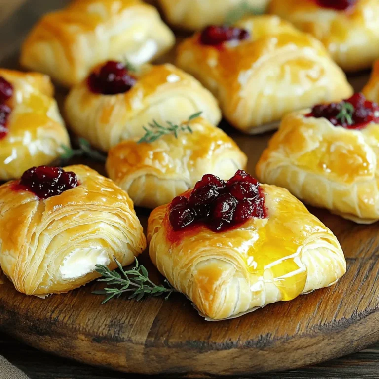 - Puff pastry - Brie cheese - Cranberry sauce For the perfect Cranberry Brie Bites, you need a few key ingredients. Puff pastry makes the base. It puffs up and gets golden when baked. Brie cheese adds creaminess and richness. It melts beautifully in the oven. Lastly, cranberry sauce gives a sweet and tangy burst. This mix creates a delightful flavor combo. - Honey - Fresh thyme leaves - Seasoning tips You can enhance the taste with optional ingredients. A drizzle of honey adds more sweetness. It complements the tartness of the cranberry sauce. Fresh thyme leaves make it fragrant and fresh. A pinch of salt and cracked pepper brings all the flavors together. You can play with these options to find your favorite balance. - Baking sheet - Parchment paper - Rolling pin To make these bites, gather a few simple tools. You will need a baking sheet to hold the bites while they bake. Parchment paper prevents sticking and makes cleanup easy. A rolling pin helps flatten the puff pastry. These tools make the process smooth and fun. For the full recipe, check the complete guide on how to make Cranberry Brie Bites. 1. Start by preheating your oven to 375°F (190°C). This step is key for a nice bake. 2. Next, take your puff pastry from the package. Roll it out on a floured surface until it’s about 1/4 inch thick. This makes it easy to cut. 3. Use a sharp knife or pizza cutter to slice the pastry into 2-inch squares. Make sure they are even for a nice look. 1. Place a cube of Brie cheese in the center of each pastry square. This will be the star of your bites! 2. Add about 1 teaspoon of cranberry sauce on top of the Brie. The red color adds a festive touch. 3. If you like sweetness, drizzle a bit of honey over the sauce. This balances the flavors well. 4. Now, fold the corners of each square toward the center. Pinch the edges to seal in all the tasty filling. This keeps everything cozy inside. 5. Brush the tops of your bites with the beaten egg. This gives them a nice, shiny finish when baked. 1. Place the baking sheet in your preheated oven. Bake the bites for 15-20 minutes. They should puff up and turn golden brown. 2. To check for doneness, look for a deep golden color and a puffy texture. If they look good, take them out and let them cool for a moment. These steps will help you create delightful Cranberry Brie Bites for any gathering. For the full recipe, check the earlier section. Enjoy! To make your Cranberry Brie Bites perfect, focus on puffing and sealing. - Ensuring even puffing: Space the pastry squares well on the baking sheet. This gives each bite room to puff up beautifully. If they are too close, they may stick together and won’t puff as high. - Sealing techniques for the pastry: When you fold the pastry corners, pinch them tightly. This keeps the filling inside. A good seal prevents leaks during baking, ensuring each bite stays delicious. Making your bites look great is just as important as how they taste. - Creative plating ideas: Serve the bites on a rustic wooden platter. This adds charm to your table. You can also arrange them in a circle or a fun shape for a playful touch. - Garnishing with thyme and honey: After baking, drizzle a bit of honey on top. Then, sprinkle some fresh thyme leaves. This adds color and makes the bites smell divine. The way you serve your bites can enhance the experience. - Ideal serving temperature: Serve the bites warm. They taste best right out of the oven. Let them cool for a few minutes, but don’t wait too long! - Pairing with beverages or sides: These bites go well with sparkling wine or a light cocktail. You can also serve them with a simple salad. The fresh flavors will balance the richness of the cheese. For the full recipe, check out the details above. {{image_4}} You can easily change the flavors in your cranberry brie bites. Here are some ideas: - Adding nuts for crunch: Chopped walnuts or pecans add a nice crunch. Just sprinkle some on top of the cheese before adding cranberry sauce. The nuts balance the creaminess of the brie. - Using different cheeses: While brie works well, try different cheeses. Camembert or goat cheese can give a unique twist. Each cheese offers its own flavor and texture. The sauce you use can change the taste of your bites: - Homemade vs. store-bought cranberry sauce: Homemade sauce lets you control the sweetness and flavor. It’s easy to make. Just cook fresh cranberries with sugar and a splash of juice. Store-bought saves time but may lack depth. - Other fruit preserves to substitute: Not a fan of cranberry sauce? Try raspberry or apricot preserves instead. They bring a sweet and tangy flavor that pairs well with cheese. You can make these bites fit different diets: - Gluten-free options for pastry: Use gluten-free puff pastry available at most stores. Check the label to ensure it suits your needs. This way, everyone can enjoy the bites. - Vegan substitutes for cheese: For a vegan version, use cashew cheese or almond-based cheese. Both options melt nicely and give a creamy texture without dairy. Feel free to mix and match these ideas! Each variation can make your cranberry brie bites new and exciting. To keep your Cranberry Brie Bites fresh, store any leftovers in the fridge. Place them in an airtight container. This helps maintain their flavor and texture. They can stay good for about 2-3 days in the fridge. If you want to freeze them, do so before baking. Wrap each bite tightly in plastic wrap. Then place them in a freezer bag. They will last about 2 months in the freezer. To reheat your bites, the oven is best. Preheat it to 350°F (175°C). Place the bites on a baking sheet. Heat for about 10-15 minutes or until warm. This method keeps the pastry crisp. If you use a microwave, the bites may get soggy. If you must use the microwave, heat for a short time, about 20-30 seconds. When stored properly, your Cranberry Brie Bites can last for a few days in the fridge. If you see any mold or off-smells, it’s best to throw them away. Check for any signs of spoilage, such as a change in texture or color. Fresh ingredients matter, so always use quality cheese and sauce. Enjoy your bites at their best! For the full recipe, check out the earlier section. To make homemade cranberry sauce, you need fresh cranberries, sugar, and water. Start by rinsing one cup of fresh cranberries. Place them in a pot with one cup of sugar and one cup of water. Cook over medium heat until the berries pop and the mix thickens. This usually takes about 10 minutes. Stir often to prevent burning. You can add a bit of orange zest for extra flavor. Let it cool before using it in your cranberry brie bites. This sauce is simple and tastes great! Yes, you can prepare cranberry brie bites ahead of time. First, assemble the bites as per the full recipe. Instead of baking them right away, place them on a baking sheet and cover them with plastic wrap. Store them in the fridge for up to 24 hours. When you're ready to bake, remove the wrap and brush with egg wash. Bake as directed in the recipe. This way, you save time and can enjoy the party! You will know the bites are done when they are golden brown and puffed up. Keep an eye on them after 15 minutes. The pastry should look light and flaky. Gently press a bite; if it feels firm and not doughy, it's ready. Let them cool slightly before serving. This way, you can enjoy the crispy, cheesy goodness without burning your tongue! We covered all the key steps to make delicious cranberry brie bites. You now know the essential ingredients, tools, and how to assemble and bake them. Remember to explore variations for different flavors and consider storage options for leftovers. These bites are perfect for any gathering. They are simple to make and sure to impress. Enjoy your cooking, and get creative with your toppings and pairings!