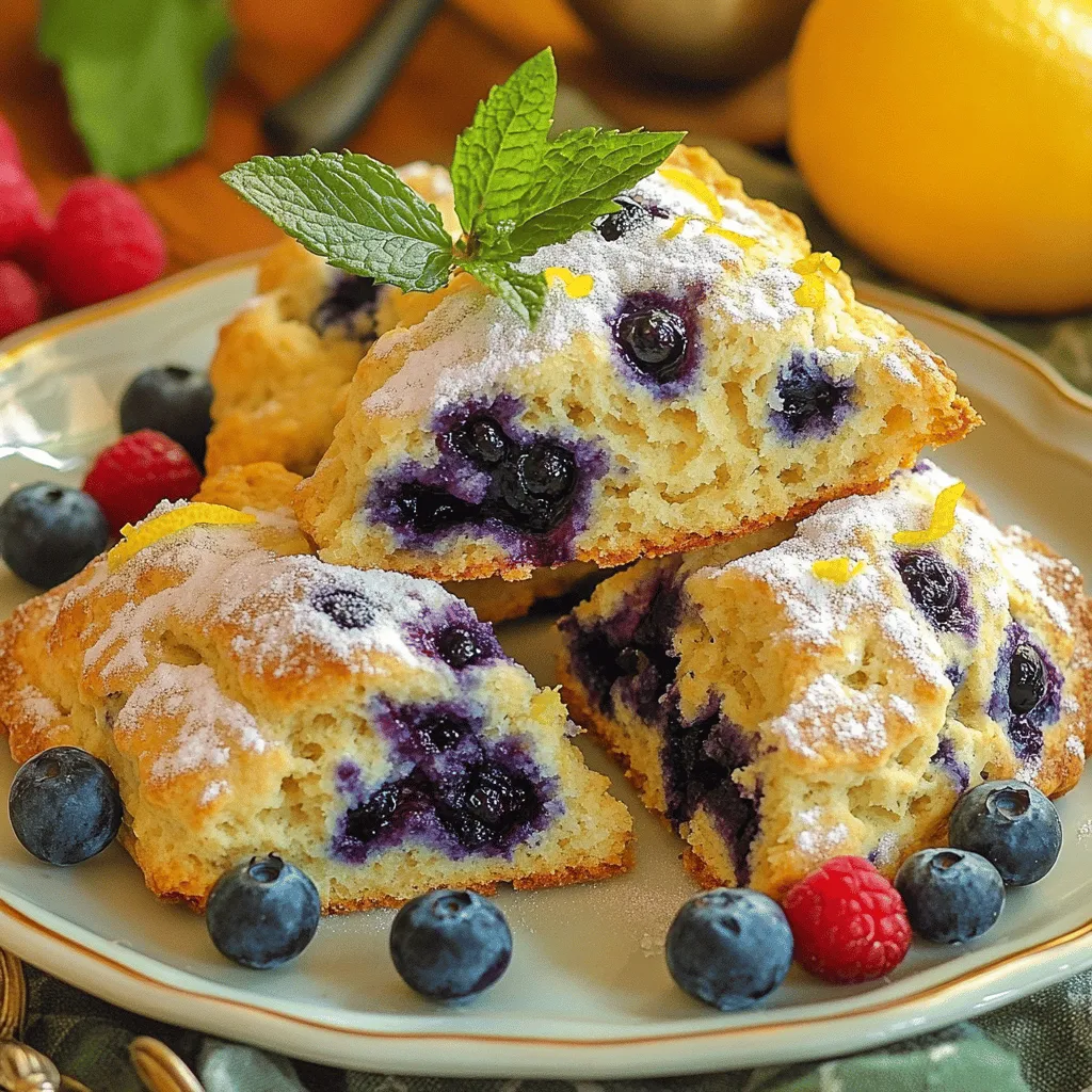 To make these tasty scones, gather the following main ingredients: - 2 cups all-purpose flour - 1/2 cup granulated sugar - 1 tablespoon baking powder - 1/2 teaspoon salt - 1/4 cup cold unsalted butter, cut into small cubes - 1 cup fresh blueberries (or frozen, if needed) - 1 tablespoon fresh lemon zest - 1/2 cup heavy cream (chilled) - 1 large egg - 1 teaspoon pure vanilla extract - Additional granulated sugar for topping These ingredients work together to create soft, fluffy scones with a burst of flavor. You can add some fun twists to your scones with these optional ingredients: - A pinch of cinnamon for warmth - A tablespoon of poppy seeds for crunch - Lemon juice for extra zest - A handful of chopped nuts like almonds or walnuts Feel free to mix and match to find your favorite flavor combinations! Before you start baking, make sure you have these tools ready: - A mixing bowl for the dry ingredients - A separate bowl for the wet ingredients - A whisk for blending - A spatula or wooden spoon for mixing - A pastry cutter or your fingertips for working with butter - A clean surface for shaping the dough - A baking sheet lined with parchment paper Having the right tools makes the process easier and more enjoyable. With everything on hand, you're ready to create these delicious lemon blueberry scones from the full recipe! Start by preheating your oven to 400°F (200°C). This helps the scones rise. Next, line a baking sheet with parchment paper. This prevents the scones from sticking and makes clean-up easier. In a large mixing bowl, combine the following ingredients: - 2 cups all-purpose flour - 1/2 cup granulated sugar - 1 tablespoon baking powder - 1/2 teaspoon salt Whisk these dry ingredients together until there are no clumps. This step ensures your scones will rise evenly. Now, add 1/4 cup of cold, cubed butter to your flour mix. Use a pastry cutter or your fingers to mix until the texture looks like coarse crumbs. It’s okay to have some small butter pieces. Next, fold in 1 cup of fresh blueberries and 1 tablespoon of lemon zest. Be gentle so you don’t crush the blueberries. In a separate bowl, whisk together: - 1/2 cup heavy cream (chilled) - 1 large egg - 1 teaspoon pure vanilla extract Make sure this mixture is well combined. It adds moisture and flavor to your scones. Pour your wet mixture into the dry ingredients. Stir gently with a spatula until just combined. Do not overmix! Your dough should be sticky but still hold together well. Lightly flour a clean surface. Turn the dough out onto it and gently pat it into a round disc about 1 inch thick. You can cut it into 8 wedges or use a round cookie cutter for smaller scones. Place the scones on the prepared baking sheet, leaving space between each one. If you like, sprinkle some extra granulated sugar on top for a sweet crunch. Bake the scones for 15-20 minutes. They should turn golden brown and a toothpick should come out clean. Once baked, let them cool for a few minutes before moving them to a wire rack. Enjoy the warm, zesty goodness of your Lemon Blueberry Scones! For the full recipe, check out the details above. - Keep Ingredients Cold: Use cold butter and cream. This helps make your scones flaky. - Don’t Overmix: Mix just until combined. Overmixing can make scones tough. - Use Fresh Ingredients: Fresh blueberries and lemons give the best flavor. - Chill the Dough: If possible, chill the dough before baking. This helps the scones rise better. - Too Much Flour: Measure carefully. Extra flour can lead to dry scones. - Skipping the Zest: Lemon zest adds brightness. Don’t skip it! - Not Spacing Scones: Leave space on the baking sheet. Crowded scones won’t rise well. - Ignoring the Oven Temp: Preheat your oven well. A hot oven is key for good rise. - Serve Warm: Warm scones are best. They taste fresh out of the oven! - Add Toppings: Try clotted cream or lemon glaze on top for a treat. - Garnish with Fresh Fruit: A few blueberries and mint make a pretty plate. - Pair with Drinks: Enjoy with tea or coffee for a perfect brunch. For the full recipe, check out the complete instructions above! {{image_4}} You can easily make gluten-free lemon blueberry scones. Use gluten-free flour instead of all-purpose flour. I recommend a blend that includes xanthan gum. This will help the scones hold their shape. The taste will remain bright and zesty. You'll still enjoy that lovely lemon and blueberry flavor. Feel free to mix up the berries! Instead of blueberries, try raspberries, blackberries, or strawberries. Each berry adds its unique sweetness and tang. You can even combine different berries for a fun twist. Just remember to adjust the amount slightly based on their size. This will keep the scones moist and delicious. For extra crunch, add nuts or seeds. Chopped walnuts or almonds work well. Sunflower seeds or flaxseeds are also great options. Just mix in about half a cup to the dough. This will add texture and flavor to your scones. It makes them even more satisfying to eat. Explore these variations for delightful twists on the classic lemon blueberry scones! Check out the [Full Recipe] for more details on making these yummy treats. To keep leftover scones fresh, use an airtight container. This helps keep moisture in. Store them at room temperature for one to two days. If you need to keep them longer, consider freezing. You can freeze scones before or after baking. For unbaked scones, place them on a baking sheet and freeze until firm. Then, transfer them to a freezer-safe bag. For baked scones, let them cool completely before wrapping. Use plastic wrap and foil to prevent freezer burn. Thaw scones in the fridge overnight or on the counter for a few hours. To reheat scones, preheat your oven to 350°F (175°C). Place scones on a baking sheet. Heat for about 5 to 10 minutes until warm. You can also use a microwave for a quick option. Heat for about 15 seconds, but be careful not to make them too soggy. Enjoy your scones warm, and they will taste fresh again! You can change the sugar amount in the recipe. If you want sweeter scones, add more sugar. Try adding an extra two tablespoons for a sweeter taste. If you prefer less sweetness, cut back by the same amount. Always taste the dough before baking, but remember sweet flavors will deepen when baked. Yes, frozen blueberries work well in this recipe. They are easy to use and save time. Just fold them in gently. Be careful; they can make the dough a little wet. If your blueberries are frozen, do not thaw them first. This keeps them from breaking apart. Look for a golden brown color around the edges. The tops should feel firm to the touch. You can also use a toothpick. Insert it into the center of a scone; if it comes out clean, your scones are ready. Bake them for 15-20 minutes to reach this perfect texture. To make dairy-free scones, switch heavy cream with a non-dairy milk. Almond, oat, or coconut milk are great choices. Use dairy-free butter in place of regular butter. This keeps the scones rich and tasty without dairy. Serve these scones with clotted cream for a rich treat. A simple lemon glaze adds a sweet zing. You can also pair them with fresh fruits or yogurt. For a fun touch, serve with tea or coffee to enjoy your scones. Check out the [Full Recipe] for more ideas! In this post, we explored making lemon blueberry scones. We covered the main ingredients and tools needed. I shared step-by-step instructions to guide you through the baking process. You learned tips for perfect scones and common mistakes to avoid. We also discussed fun variations and best storage methods. Remember, practice makes perfect. Enjoy the task of baking and savor the taste of your delicious scones!