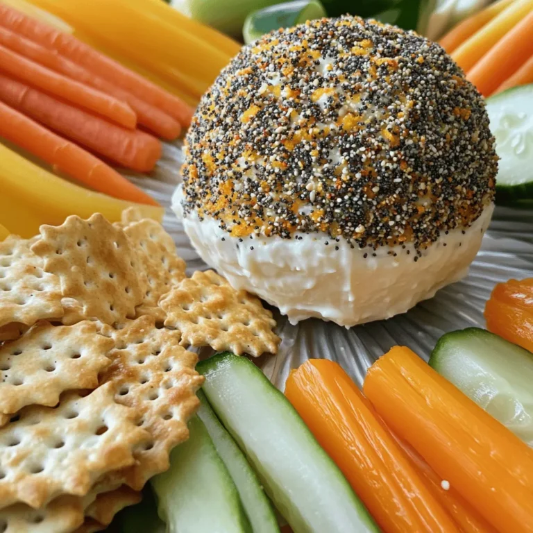 The Everything Bagel Cheese Ball is a fun snack. It blends rich cream cheese with sharp cheddar. This snack is easy to make and great for gatherings. You can prepare it in just 15 minutes. Then, chill it for an hour before serving. - 16 oz cream cheese, softened to room temperature - 1 cup shredded sharp cheddar cheese - 1/2 cup finely chopped green onions (scallions) - 1/2 cup finely chopped fresh dill - 2 tablespoons sour cream - 1 tablespoon garlic powder - 1 tablespoon onion powder - 2 teaspoons sea salt - 1/4 cup everything bagel seasoning - An assortment of fresh vegetables (such as carrots, cucumber, and bell peppers) and a variety of crackers for serving These ingredients blend to create a creamy, flavorful cheese ball. The cream cheese gives it a smooth base. The sharp cheddar adds a nice bite. Fresh herbs like green onions and dill add bright flavors. Everything bagel seasoning adds the perfect crunch. For the full recipe, check out the instructions that follow. Mixing Cream Cheese and Cheddar Start by placing 16 oz of softened cream cheese in a large bowl. Add 1 cup of shredded sharp cheddar cheese and 2 tablespoons of sour cream. Mix with a hand mixer or spatula until creamy and smooth. Make sure there are no lumps in the mixture. Incorporating Herbs and Seasonings Next, fold in 1/2 cup of finely chopped green onions and 1/2 cup of fresh dill. Add 1 tablespoon of garlic powder, 1 tablespoon of onion powder, and 2 teaspoons of sea salt. Stir gently to combine all the ingredients well. This step adds flavor and freshness to your cheese ball. Forming and Coating the Cheese Ball Once mixed, use your hands to shape the cheese into a ball. It doesn’t have to be perfect, so don’t stress! Roll the cheese ball in 1/4 cup of everything bagel seasoning. Make sure to coat all sides evenly. This gives your cheese ball a tasty crust. Wrap your cheese ball tightly in plastic wrap and place it in the refrigerator. Let it chill for at least 1 hour. This helps the cheese ball firm up, making it easier to serve and enjoy. When you're ready to serve, unwrap the cheese ball and place it on a nice platter. Surround it with fresh veggie sticks like carrots and cucumber, and add an assortment of crackers. This makes a great spreading station for your guests. For a festive touch, serve it on a rustic wooden board. This Everything Bagel Cheese Ball is simple, tasty, and perfect for any gathering. Enjoy every bite! For the full recipe, check out the instructions above. To make your cheese ball just right, focus on the cream cheese. Start with softened cream cheese. This helps it mix smoothly. Blend it well with the cheddar and sour cream. You want a creamy, lump-free texture. If it feels too soft, chill it for a bit. This makes forming the ball easier. The key to flavor lies in the everything bagel seasoning. Look for a mix that has sesame seeds, poppy seeds, garlic, and onion. A good blend will pack a punch. You can even make your own if you like! Just mix equal parts of each ingredient. Taste it before using. Adjust the amounts based on your preference. For a stunning display, think outside the box. Use a rustic wooden board to serve your cheese ball. Surround it with colorful veggie sticks like carrots, cucumbers, and bell peppers. Add a variety of crackers for texture. Make it look inviting! This setup not only looks great but also makes it easy for guests to grab a bite. Remember to check out the Full Recipe for all the details needed to create this tasty snack! {{image_4}} Adding Spicy Elements Want to spice things up? You can mix in some diced jalapeños or a dash of cayenne pepper. This will give your cheese ball a nice kick. Just add a little at a time to find your perfect heat level. You will love how the heat balances with the creamy cheese. Incorporating Dried Fruits or Nuts For a sweet twist, consider adding dried cranberries or chopped pecans. These ingredients bring a new texture and flavor. The nuts add crunch, while the fruits add a hint of sweetness. Stir them in gently, and enjoy this new layer of taste. Gluten-Free Options If you're serving guests with gluten sensitivities, use gluten-free crackers. You can find many tasty options in stores. Also, check your everything bagel seasoning to ensure it’s gluten-free. This way, everyone can enjoy the cheese ball without worry. Vegan Alternatives For a vegan version, swap the cream cheese with a plant-based alternative. Use vegan cheddar cheese too. You can also replace sour cream with cashew cream or silken tofu. These swaps keep the creamy texture while making it plant-based. Enjoy a delightful, guilt-free snack that everyone can share! Store any leftover cheese ball in an airtight container. This keeps it fresh and prevents drying. If you do not have a container, wrap it tightly in plastic wrap. Store it in the fridge. It will stay good for about a week. You can freeze the cheese ball for longer storage. First, wrap it tightly in plastic wrap. Then, place it in a freezer bag or container. It will last about two months in the freezer. When you want to use it, move it to the fridge for a night. Let it thaw slowly to keep the texture nice. To keep your cheese ball fresh, avoid leaving it out too long. When serving, only take out what you need. Keep the rest in the fridge. If you notice the cheese ball getting too soft, it’s best to eat it soon. Always check for any signs of spoilage before serving. Enjoy your Everything Bagel Cheese Ball as fresh as possible! You can serve the cheese ball with fresh veggies and crackers. I love using carrots, cucumbers, and bell peppers. They add crunch and color. Crackers in different shapes and sizes are also great. You can even use breadsticks for a fun twist. Guests can spread the cheese ball on these snacks. It makes a tasty combo! The cheese ball can stay fresh in the fridge for up to five days. Make sure to wrap it well in plastic wrap. This keeps it from drying out. If you see any changes in texture or smell, it’s best to toss it. Always trust your senses! Yes, you can make this cheese ball ahead of time! You can prepare it a day or two before your event. Just remember to chill it in the fridge to set. This way, when guests arrive, you can simply unwrap it and serve. It's a perfect time-saver for your gathering! For full preparation details, check the Full Recipe. This blog post covered making the perfect Everything Bagel Cheese Ball. We explored key ingredients, like cream cheese and fresh herbs. You learned step-by-step instructions for mixing and chilling. Tips helped enhance flavor and improve texture. Variations showed how to customize for different diets. Lastly, storage information kept your cheese ball fresh. Making this cheese ball is fun and rewarding. Enjoy your creation with friends or family!