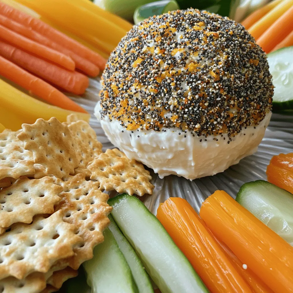 The Everything Bagel Cheese Ball is a fun snack. It blends rich cream cheese with sharp cheddar. This snack is easy to make and great for gatherings. You can prepare it in just 15 minutes. Then, chill it for an hour before serving. - 16 oz cream cheese, softened to room temperature - 1 cup shredded sharp cheddar cheese - 1/2 cup finely chopped green onions (scallions) - 1/2 cup finely chopped fresh dill - 2 tablespoons sour cream - 1 tablespoon garlic powder - 1 tablespoon onion powder - 2 teaspoons sea salt - 1/4 cup everything bagel seasoning - An assortment of fresh vegetables (such as carrots, cucumber, and bell peppers) and a variety of crackers for serving These ingredients blend to create a creamy, flavorful cheese ball. The cream cheese gives it a smooth base. The sharp cheddar adds a nice bite. Fresh herbs like green onions and dill add bright flavors. Everything bagel seasoning adds the perfect crunch. For the full recipe, check out the instructions that follow. Mixing Cream Cheese and Cheddar Start by placing 16 oz of softened cream cheese in a large bowl. Add 1 cup of shredded sharp cheddar cheese and 2 tablespoons of sour cream. Mix with a hand mixer or spatula until creamy and smooth. Make sure there are no lumps in the mixture. Incorporating Herbs and Seasonings Next, fold in 1/2 cup of finely chopped green onions and 1/2 cup of fresh dill. Add 1 tablespoon of garlic powder, 1 tablespoon of onion powder, and 2 teaspoons of sea salt. Stir gently to combine all the ingredients well. This step adds flavor and freshness to your cheese ball. Forming and Coating the Cheese Ball Once mixed, use your hands to shape the cheese into a ball. It doesn’t have to be perfect, so don’t stress! Roll the cheese ball in 1/4 cup of everything bagel seasoning. Make sure to coat all sides evenly. This gives your cheese ball a tasty crust. Wrap your cheese ball tightly in plastic wrap and place it in the refrigerator. Let it chill for at least 1 hour. This helps the cheese ball firm up, making it easier to serve and enjoy. When you're ready to serve, unwrap the cheese ball and place it on a nice platter. Surround it with fresh veggie sticks like carrots and cucumber, and add an assortment of crackers. This makes a great spreading station for your guests. For a festive touch, serve it on a rustic wooden board. This Everything Bagel Cheese Ball is simple, tasty, and perfect for any gathering. Enjoy every bite! For the full recipe, check out the instructions above. To make your cheese ball just right, focus on the cream cheese. Start with softened cream cheese. This helps it mix smoothly. Blend it well with the cheddar and sour cream. You want a creamy, lump-free texture. If it feels too soft, chill it for a bit. This makes forming the ball easier. The key to flavor lies in the everything bagel seasoning. Look for a mix that has sesame seeds, poppy seeds, garlic, and onion. A good blend will pack a punch. You can even make your own if you like! Just mix equal parts of each ingredient. Taste it before using. Adjust the amounts based on your preference. For a stunning display, think outside the box. Use a rustic wooden board to serve your cheese ball. Surround it with colorful veggie sticks like carrots, cucumbers, and bell peppers. Add a variety of crackers for texture. Make it look inviting! This setup not only looks great but also makes it easy for guests to grab a bite. Remember to check out the Full Recipe for all the details needed to create this tasty snack! {{image_4}} Adding Spicy Elements Want to spice things up? You can mix in some diced jalapeños or a dash of cayenne pepper. This will give your cheese ball a nice kick. Just add a little at a time to find your perfect heat level. You will love how the heat balances with the creamy cheese. Incorporating Dried Fruits or Nuts For a sweet twist, consider adding dried cranberries or chopped pecans. These ingredients bring a new texture and flavor. The nuts add crunch, while the fruits add a hint of sweetness. Stir them in gently, and enjoy this new layer of taste. Gluten-Free Options If you're serving guests with gluten sensitivities, use gluten-free crackers. You can find many tasty options in stores. Also, check your everything bagel seasoning to ensure it’s gluten-free. This way, everyone can enjoy the cheese ball without worry. Vegan Alternatives For a vegan version, swap the cream cheese with a plant-based alternative. Use vegan cheddar cheese too. You can also replace sour cream with cashew cream or silken tofu. These swaps keep the creamy texture while making it plant-based. Enjoy a delightful, guilt-free snack that everyone can share! Store any leftover cheese ball in an airtight container. This keeps it fresh and prevents drying. If you do not have a container, wrap it tightly in plastic wrap. Store it in the fridge. It will stay good for about a week. You can freeze the cheese ball for longer storage. First, wrap it tightly in plastic wrap. Then, place it in a freezer bag or container. It will last about two months in the freezer. When you want to use it, move it to the fridge for a night. Let it thaw slowly to keep the texture nice. To keep your cheese ball fresh, avoid leaving it out too long. When serving, only take out what you need. Keep the rest in the fridge. If you notice the cheese ball getting too soft, it’s best to eat it soon. Always check for any signs of spoilage before serving. Enjoy your Everything Bagel Cheese Ball as fresh as possible! You can serve the cheese ball with fresh veggies and crackers. I love using carrots, cucumbers, and bell peppers. They add crunch and color. Crackers in different shapes and sizes are also great. You can even use breadsticks for a fun twist. Guests can spread the cheese ball on these snacks. It makes a tasty combo! The cheese ball can stay fresh in the fridge for up to five days. Make sure to wrap it well in plastic wrap. This keeps it from drying out. If you see any changes in texture or smell, it’s best to toss it. Always trust your senses! Yes, you can make this cheese ball ahead of time! You can prepare it a day or two before your event. Just remember to chill it in the fridge to set. This way, when guests arrive, you can simply unwrap it and serve. It's a perfect time-saver for your gathering! For full preparation details, check the Full Recipe. This blog post covered making the perfect Everything Bagel Cheese Ball. We explored key ingredients, like cream cheese and fresh herbs. You learned step-by-step instructions for mixing and chilling. Tips helped enhance flavor and improve texture. Variations showed how to customize for different diets. Lastly, storage information kept your cheese ball fresh. Making this cheese ball is fun and rewarding. Enjoy your creation with friends or family!