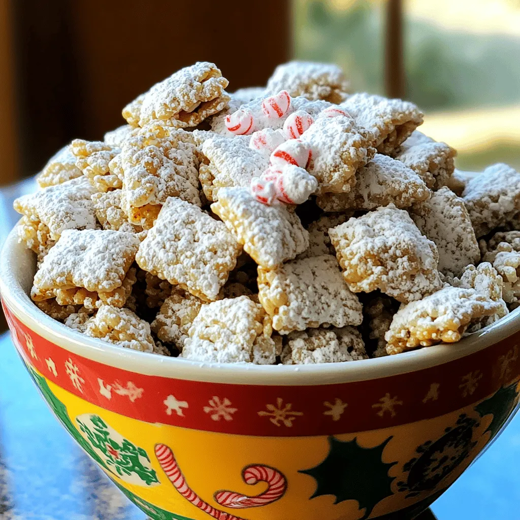 - 5 cups rice Chex cereal - 1 cup semi-sweet chocolate chips - 1/2 cup white chocolate chips - 1/2 teaspoon peppermint extract - 1 cup powdered sugar - 1/2 cup crushed peppermint candies I love using rice Chex cereal because it adds a nice crunch. The semi-sweet and white chocolate chips blend perfectly with the peppermint extract. This mix gives a sweet flavor that is just right for the holidays. The powdered sugar coats every piece, while the crushed peppermint candies add a festive touch. - Mini chocolate chips - Additional toppings If you're feeling creative, try adding mini chocolate chips. They add extra chocolatey goodness. You can also sprinkle some extra crushed peppermint on top for a fun finish. Mix and match to make this treat your own! Making peppermint bark puppy chow is simple and fun. You will melt chocolate, mix in peppermint, and coat cereal. After cooling, you drizzle more chocolate and coat it with sugar. The steps are quick and easy, making it a perfect holiday treat. - Melt the Chocolate: In a microwave-safe bowl, combine 1 cup of semi-sweet chocolate chips and 1/4 cup of unsalted butter. Heat in 30-second bursts, stirring in between. This takes about 1-2 minutes until smooth. - Incorporate Peppermint: After melting, add 1/2 teaspoon of peppermint extract. Stir well to blend the flavor into the chocolate mix. - Coat the Cereal: Pour 5 cups of rice Chex cereal into a large bowl. Slowly drizzle the melted chocolate over the cereal. Use a spatula to fold the cereal gently until every piece is covered. - Cool the Mixture: Let the chocolate-coated cereal cool for about 10 minutes at room temperature. For faster cooling, use the fridge. - Melt the White Chocolate: In another bowl, melt 1/2 cup of white chocolate chips using the same 30-second intervals. Stir until it’s creamy. - Drizzle White Chocolate: Once cool, drizzle the melted white chocolate over the chocolate-coated cereal. Fold gently to mix it in for extra sweetness. - Prepare the Sugar Coating: In a large zip-top bag, combine 1 cup of powdered sugar with 1/2 cup of crushed peppermint candies. - Coat the Cereal Again: Add the coated cereal to the sugar bag. Seal it tightly and shake gently until every piece is well covered. - Serve the Final Product: Spread the puppy chow on a parchment-lined baking sheet. Let it cool completely before enjoying. For the complete details, check the Full Recipe. To make your peppermint bark puppy chow the best it can be, focus on even coating. When you drizzle the melted chocolate, do it slowly. This helps each piece of cereal get enough chocolate. Use a spatula to fold gently but thoroughly until every piece is coated. For cooling, try a simple trick. After mixing, spread the cereal on a baking sheet. This allows it to cool evenly. If you’re short on time, pop it in the fridge for a quick chill. Just be careful not to leave it too long, as it may harden too much. One big mistake is overheating the chocolate. If you heat it too long, it can seize. Always heat in short bursts and stir well. This keeps the chocolate smooth and ready for your treats. Another common error is using too much peppermint extract. A little goes a long way. Stick to the recipe and taste as you go. You want a lovely mint flavor, not an overpowering one. For serving, think about how to make it eye-catching. Use a pretty bowl and sprinkle extra crushed peppermint on top. This adds color and a festive touch. If you want to gift your treats, package them in clear bags. Tie them with ribbons for a fun, personal touch. Your friends and family will love the effort, and it’s a great way to share the holiday spirit! {{image_4}} You can change the flavor of peppermint bark puppy chow in fun ways. One option is to mix different types of chocolate. Try using dark chocolate or even white chocolate instead of semi-sweet. Each choice gives a new twist. Another idea is to add flavors with extracts. Besides peppermint, you can use almond or vanilla extracts. Adding these can make your treat even more special. If you need gluten-free options, rice Chex cereal works great. It's naturally gluten-free, so you can enjoy this treat without worry. Just check the packaging to ensure it meets your needs. For vegan alternatives, swap out the butter for coconut oil. Use dairy-free chocolate chips for a fully vegan treat. This way, everyone can enjoy peppermint bark puppy chow. You can make seasonal twists with your puppy chow. For example, use seasonal candies like holiday M&Ms or chocolate-covered pretzels. These can add color and fun to your mix. You can also try different flavors for holidays. Use spices like cinnamon during fall or pumpkin spice for Halloween. Each season can bring a new flavor to your peppermint bark puppy chow. For the full recipe, just refer back to the earlier section. To keep your peppermint bark puppy chow fresh, store it in an airtight container. This will help it stay crunchy and tasty. Make sure the treats are completely cool before you seal the container. You can also use zip-top bags if you prefer. Just squeeze out the air before sealing. This method helps lock in the flavors and keeps out moisture. When stored properly, peppermint bark puppy chow lasts about one to two weeks. You can enjoy it for days after making it. However, for the best taste and crunch, aim to eat it within the first week. If you notice any softness, it is time to toss it out. You can freeze peppermint bark puppy chow for longer storage. Place the treats in a single layer on a baking sheet. Freeze them for about an hour until solid. Then, transfer them to a freezer-safe bag. Remove as much air as possible before sealing. When you want to enjoy them, just take out the amount you need and let them thaw at room temperature. They will taste almost as fresh as when you made them! You can swap out the chocolate for carob. Carob has a sweet, earthy taste. You can also use white chocolate with peppermint for a lighter flavor. Another option is to use a mix of almond butter and powdered sugar. This gives a different twist, yet keeps it sweet. Yes, you can use corn Chex or Cheerios instead of rice Chex. Both options will give a nice crunch. You can also try using Lucky Charms for a fun twist. The marshmallows will add a touch of sweetness and color. Yes, this treat is safe for kids. However, please check for any allergies. The recipe uses common ingredients. The peppermint candy may be a choking hazard for very young kids. Always supervise children while they enjoy their treats. For the complete recipe instructions, check out the Full Recipe. In this blog post, we covered how to make Peppermint Bark Puppy Chow. We explored the main ingredients like Rice Chex and both types of chocolate, and added tips for perfecting your treat. You learned about variations to suit different tastes and dietary needs. Remember, it's all about balance—too much peppermint can overpower the flavors. Enjoy sharing this festive treat and personalize it to make it yours. With the right steps, your treats will impress everyone!