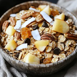 - 2 cups rolled oats - 1 cup pecans, roughly chopped - 1 cup sliced almonds - 1 cup dried apples, diced into small pieces - 1/2 cup unsweetened coconut flakes - 1/2 cup pure maple syrup - 1 teaspoon pure vanilla extract - 1 tablespoon apple pie spice (or a blend of ground cinnamon, nutmeg, and allspice) - 1/4 teaspoon fine sea salt - 1 cup mini chocolate chips (optional, for a sweet touch) Using high-quality ingredients makes a big difference. Organic oats and pure maple syrup add rich flavor. Dried apples should be soft and sweet. You can swap nuts based on what you like or have. Walnuts or cashews work well too. Apple pie spice brings warmth and comfort. It combines cinnamon, nutmeg, and allspice. This mix gives our treat a cozy taste that reminds many of fall. The cinnamon adds sweetness, while nutmeg brings a hint of earthiness. Allspice adds a little kick, making each bite special. If you don't have apple pie spice, you can make your own. Just use equal parts of ground cinnamon and nutmeg, then add a pinch of allspice. This blend keeps the flavor profile close to the original. Start by preheating your oven to 350°F (175°C). This temperature helps the mix get nice and crispy. Next, take a large baking sheet and line it with parchment paper. This step makes cleanup easy and stops sticking. In a big mixing bowl, add the rolled oats, chopped pecans, sliced almonds, diced dried apples, and coconut flakes. Stir these ingredients well. Proper mixing makes sure every bite is full of flavor. If you want to change things up, try using walnuts or pumpkin seeds instead of pecans. You can swap dried apples for raisins or cranberries too. In a smaller bowl, whisk together the maple syrup, vanilla extract, apple pie spice, and sea salt. Mix until it's smooth. A smooth mixture coats the dry ingredients better. If you like it sweeter, add a bit more maple syrup. To boost the spice, add extra apple pie spice or a pinch of cinnamon. Spread the mixture evenly on the lined baking sheet. Break up large clumps to help it bake evenly. Bake it in the preheated oven for 20 to 25 minutes. Stir the mix halfway through to help it brown nicely. You'll know it’s done when it turns golden brown and smells amazing. Once baked, let it cool on the baking sheet before storing. To keep your Apple Pie Spice Snack Mix fresh, store it in an airtight container. This helps prevent moisture and keeps the mix crunchy. I like using glass jars or plastic containers with tight lids. These containers protect the flavors and maintain the mix's texture for longer. Make sure to label the container with the date you made it. This way, you know when to enjoy it by! Want to spice things up? You can add extra flavors to your mix. Try adding a pinch of ginger or even cardamom for a warm twist. If you love a bit of crunch, toss in some sunflower seeds or pumpkin seeds. To adjust sweetness, you can add more maple syrup or use honey. If you want a less sweet mix, reduce the syrup. It’s all about finding the right balance for your taste! There are fun ways to serve your snack mix! You can fill small jars with the mix for gifts. Tie a ribbon around the jar for a nice touch. For parties, serve it in colorful bowls. This mix pairs well with warm apple cider or a cup of tea. It’s a cozy snack for chilly days. Whether you're sharing with friends or enjoying it solo, this mix is sure to delight! {{image_4}} You can make this Apple Pie Spice Snack Mix your own. Add fruits, nuts, or seeds that you love. Here are some great options: - Dried cranberries for a tart taste - Chopped walnuts for a rich flavor - Pumpkin seeds for a crunchy bite Want to make a chocolate version? Just mix in some dark chocolate chips or chunks. This will add a sweet twist that many will enjoy. If you need gluten-free options, use certified gluten-free oats. You can also swap the nuts for seeds if allergies are a concern. For those who follow a vegan diet, replace the maple syrup with agave nectar or another sweetener. To make it a bit healthier, cut back on the syrup. You can also use less coconut or add more oats. This will make your snack mix less sweet but still tasty. You can switch things up based on the season. In fall, try adding pumpkin spice for a cozy flavor. During winter, mix in some dried ginger for warmth. For holidays, add festive touches like chopped candied ginger or even holiday-themed nuts. This keeps your snack mix fresh and exciting all year long. To keep your Apple Pie Spice Snack Mix fresh, use airtight containers. Glass jars or plastic bins work great. They seal tightly to block air and moisture. This helps keep your mix crunchy and tasty. Avoid containers that let in air or moisture. If moisture gets in, your snack mix can spoil quickly. You can store this mix at room temperature for about 1 to 2 weeks. When it starts to lose its crunch or smells off, it’s time to toss it. For longer storage, consider freezing it. Just put the mix in a freezer-safe bag or container. It can last up to 3 months in the freezer. When you want to eat some, thaw it at room temperature. This way, you can enjoy your tasty treat any time you want! Yes, you can use many nuts! Pecans and almonds work well. You might try walnuts for a richer taste. Cashews add creaminess, while peanuts give a salty crunch. Each nut has its own flavor that will make your mix unique. You can use fruits like raisins or dates. Both add natural sweetness. Apples will blend nicely, keeping with the theme. Another option is to add honey or agave syrup. Just use less maple syrup if you do. These options keep your snack mix tasty and healthy. You can serve this mix in small bowls at a party. It also makes a great gift in jars. For family movie night, fill snack bags for easy sharing. Pair it with warm cider for a cozy feel. Your friends and family will love it! Yes, you can prepare this mix in advance. Just store it in an airtight container. It stays fresh for about a week. If you want to save it longer, freeze it. Thaw it out when you’re ready to enjoy! In this post, we explored how to create a delicious Apple Pie Spice Snack Mix. We outlined important ingredients, baking tips, and clever storage ideas. You can mix custom flavors or follow the recipe exactly for a tasty treat. Remember to choose quality ingredients and store your snack properly to keep it fresh. With these insights, you’ll impress your family and friends at your next gathering. Enjoy your snack mix, and feel free to get creative with flavors!