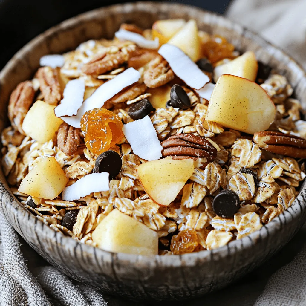 - 2 cups rolled oats - 1 cup pecans, roughly chopped - 1 cup sliced almonds - 1 cup dried apples, diced into small pieces - 1/2 cup unsweetened coconut flakes - 1/2 cup pure maple syrup - 1 teaspoon pure vanilla extract - 1 tablespoon apple pie spice (or a blend of ground cinnamon, nutmeg, and allspice) - 1/4 teaspoon fine sea salt - 1 cup mini chocolate chips (optional, for a sweet touch) Using high-quality ingredients makes a big difference. Organic oats and pure maple syrup add rich flavor. Dried apples should be soft and sweet. You can swap nuts based on what you like or have. Walnuts or cashews work well too. Apple pie spice brings warmth and comfort. It combines cinnamon, nutmeg, and allspice. This mix gives our treat a cozy taste that reminds many of fall. The cinnamon adds sweetness, while nutmeg brings a hint of earthiness. Allspice adds a little kick, making each bite special. If you don't have apple pie spice, you can make your own. Just use equal parts of ground cinnamon and nutmeg, then add a pinch of allspice. This blend keeps the flavor profile close to the original. Start by preheating your oven to 350°F (175°C). This temperature helps the mix get nice and crispy. Next, take a large baking sheet and line it with parchment paper. This step makes cleanup easy and stops sticking. In a big mixing bowl, add the rolled oats, chopped pecans, sliced almonds, diced dried apples, and coconut flakes. Stir these ingredients well. Proper mixing makes sure every bite is full of flavor. If you want to change things up, try using walnuts or pumpkin seeds instead of pecans. You can swap dried apples for raisins or cranberries too. In a smaller bowl, whisk together the maple syrup, vanilla extract, apple pie spice, and sea salt. Mix until it's smooth. A smooth mixture coats the dry ingredients better. If you like it sweeter, add a bit more maple syrup. To boost the spice, add extra apple pie spice or a pinch of cinnamon. Spread the mixture evenly on the lined baking sheet. Break up large clumps to help it bake evenly. Bake it in the preheated oven for 20 to 25 minutes. Stir the mix halfway through to help it brown nicely. You'll know it’s done when it turns golden brown and smells amazing. Once baked, let it cool on the baking sheet before storing. To keep your Apple Pie Spice Snack Mix fresh, store it in an airtight container. This helps prevent moisture and keeps the mix crunchy. I like using glass jars or plastic containers with tight lids. These containers protect the flavors and maintain the mix's texture for longer. Make sure to label the container with the date you made it. This way, you know when to enjoy it by! Want to spice things up? You can add extra flavors to your mix. Try adding a pinch of ginger or even cardamom for a warm twist. If you love a bit of crunch, toss in some sunflower seeds or pumpkin seeds. To adjust sweetness, you can add more maple syrup or use honey. If you want a less sweet mix, reduce the syrup. It’s all about finding the right balance for your taste! There are fun ways to serve your snack mix! You can fill small jars with the mix for gifts. Tie a ribbon around the jar for a nice touch. For parties, serve it in colorful bowls. This mix pairs well with warm apple cider or a cup of tea. It’s a cozy snack for chilly days. Whether you're sharing with friends or enjoying it solo, this mix is sure to delight! {{image_4}} You can make this Apple Pie Spice Snack Mix your own. Add fruits, nuts, or seeds that you love. Here are some great options: - Dried cranberries for a tart taste - Chopped walnuts for a rich flavor - Pumpkin seeds for a crunchy bite Want to make a chocolate version? Just mix in some dark chocolate chips or chunks. This will add a sweet twist that many will enjoy. If you need gluten-free options, use certified gluten-free oats. You can also swap the nuts for seeds if allergies are a concern. For those who follow a vegan diet, replace the maple syrup with agave nectar or another sweetener. To make it a bit healthier, cut back on the syrup. You can also use less coconut or add more oats. This will make your snack mix less sweet but still tasty. You can switch things up based on the season. In fall, try adding pumpkin spice for a cozy flavor. During winter, mix in some dried ginger for warmth. For holidays, add festive touches like chopped candied ginger or even holiday-themed nuts. This keeps your snack mix fresh and exciting all year long. To keep your Apple Pie Spice Snack Mix fresh, use airtight containers. Glass jars or plastic bins work great. They seal tightly to block air and moisture. This helps keep your mix crunchy and tasty. Avoid containers that let in air or moisture. If moisture gets in, your snack mix can spoil quickly. You can store this mix at room temperature for about 1 to 2 weeks. When it starts to lose its crunch or smells off, it’s time to toss it. For longer storage, consider freezing it. Just put the mix in a freezer-safe bag or container. It can last up to 3 months in the freezer. When you want to eat some, thaw it at room temperature. This way, you can enjoy your tasty treat any time you want! Yes, you can use many nuts! Pecans and almonds work well. You might try walnuts for a richer taste. Cashews add creaminess, while peanuts give a salty crunch. Each nut has its own flavor that will make your mix unique. You can use fruits like raisins or dates. Both add natural sweetness. Apples will blend nicely, keeping with the theme. Another option is to add honey or agave syrup. Just use less maple syrup if you do. These options keep your snack mix tasty and healthy. You can serve this mix in small bowls at a party. It also makes a great gift in jars. For family movie night, fill snack bags for easy sharing. Pair it with warm cider for a cozy feel. Your friends and family will love it! Yes, you can prepare this mix in advance. Just store it in an airtight container. It stays fresh for about a week. If you want to save it longer, freeze it. Thaw it out when you’re ready to enjoy! In this post, we explored how to create a delicious Apple Pie Spice Snack Mix. We outlined important ingredients, baking tips, and clever storage ideas. You can mix custom flavors or follow the recipe exactly for a tasty treat. Remember to choose quality ingredients and store your snack properly to keep it fresh. With these insights, you’ll impress your family and friends at your next gathering. Enjoy your snack mix, and feel free to get creative with flavors!