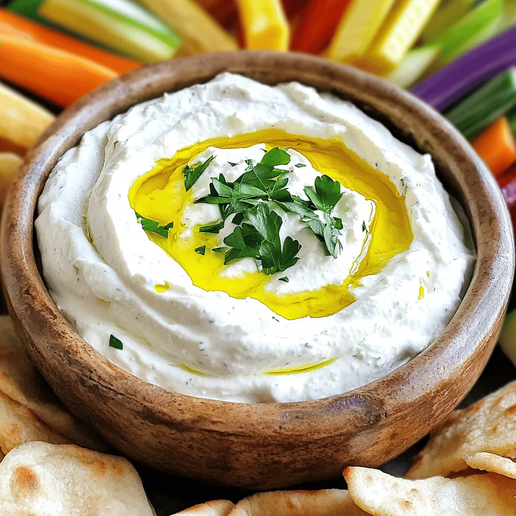 To make the best whipped feta dip, you need a few key ingredients. Here’s what you will need: - 8 oz crumbled feta cheese - 1/4 cup cream cheese, softened - 2 tablespoons fresh Greek yogurt - 2 tablespoons extra virgin olive oil - 1 tablespoon freshly squeezed lemon juice - 1 clove garlic, finely minced - 1 teaspoon dried oregano - Sea salt and freshly cracked black pepper to taste These ingredients blend together to create a creamy, tangy base that is hard to resist. The feta gives it a salty kick, while the cream cheese adds smoothness. You can customize your whipped feta dip by adding some extra flavors. Here are a few ideas: - Fresh herbs like dill, parsley, or chives - Red pepper flakes for a spicy touch - Sun-dried tomatoes for a sweet twist - Olives for a briny burst Mix and match these options based on your taste. Each add-in can take your dip to a new level. For serving, you want to make it look appealing. I suggest: - Pita chips - Assorted fresh vegetables like carrots, cucumbers, and bell peppers Arrange the chips and veggies around the dip for a colorful platter. This not only looks great but also encourages guests to dig in. If you want to impress, drizzle a little extra virgin olive oil on top of your dip for shine. For the full recipe, check out the Whipped Feta Dip Extravaganza 🥙 section. Start by measuring your ingredients. You will need 8 oz of crumbled feta cheese, 1/4 cup of softened cream cheese, and 2 tablespoons of fresh Greek yogurt. Also, gather 2 tablespoons of extra virgin olive oil, 1 tablespoon of freshly squeezed lemon juice, and 1 clove of minced garlic. Don’t forget the dried oregano, sea salt, and cracked black pepper. These basics will create a rich taste. For a pop of color, have fresh herbs ready for garnish. In a high-speed food processor, add the crumbled feta cheese, softened cream cheese, fresh Greek yogurt, and olive oil. Next, squeeze the lemon juice into the mix, then add the minced garlic and dried oregano. Blend everything on high speed until it turns smooth and creamy. You may need to pause and scrape down the bowl. This helps ensure an even mix. Taste your dip. Add sea salt and black pepper as needed to make it just right. Once your dip is blended perfectly, transfer it to a charming bowl. This is where you can get creative! Garnish it with your fresh herbs for a bright touch. Drizzle a little extra virgin olive oil over the top for richness. To serve, arrange pita chips and colorful vegetable sticks around the dip. This not only makes it look good but also invites everyone to dig in. Enjoy this flavorful whipped feta dip as a crowd-pleasing appetizer for any occasion. For the full recipe, refer to the previous section. To get the best texture, use a high-speed food processor. Start with crumbled feta cheese and softened cream cheese. Adding Greek yogurt helps too. Blend until smooth and creamy. Scrape the bowl often to mix well. If your dip is too thick, add a little extra olive oil. This small change makes a big difference! Store your whipped feta dip in an airtight container. This keeps it fresh for about three days. Make sure to cover it well. You may want to add a small layer of olive oil on top. It helps seal in the flavor and moisture. Always check for any off smells before serving. You can make this dip a day in advance. Just mix it up and store it in the fridge. When you’re ready to serve, take it out to warm slightly. This helps bring back the creamy texture. Garnish with fresh herbs right before serving for a pop of color. Enjoy your stress-free party prep! {{image_4}} You can spice up your whipped feta dip with ease. Add a pinch of red pepper flakes for heat. Try smoked paprika for a rich, smoky taste. A dash of cumin adds a warm, earthy note. Experiment with different spices to find your favorite blend. If you want a vegetarian version, simply skip the cream cheese. Use extra Greek yogurt for creaminess. For a vegan option, swap feta for tofu. Blend in a bit of nutritional yeast for that cheesy flavor. This way, everyone can enjoy the dip. Serve your whipped feta dip in fun ways. Use colorful bell peppers as dippers. Create a vibrant platter with assorted veggies like carrots and cucumbers. You can also spread it on toasted baguette slices. This dip makes a great topping for grilled chicken or fish too. For the full recipe, check out the Whipped Feta Dip Extravaganza. Store your whipped feta dip in an airtight container. This keeps it fresh and tasty. Place the container in the fridge as soon as you finish your dip. Try to consume it within three days for the best taste. Always use a clean spoon when scooping the dip. This helps avoid unwanted bacteria. You can freeze whipped feta dip if you need to save some for later. Use a freezer-safe container and leave some space at the top. The dip may change slightly in texture after freezing. To thaw, move it to the fridge overnight. Stir it well before serving to bring back its smoothness. Whipped feta dip stays fresh for about three to five days in the fridge. If you notice any changes in smell or color, it’s best to discard it. Freezing extends its life, but for the best flavor, eat it fresh. Always remember to check the dip before enjoying it again. For the full recipe, check the details above. You can serve whipped feta dip with many tasty options. Pita chips are a perfect match. Fresh vegetables like carrots, cucumbers, and bell peppers add color and crunch. Crackers also work well for dipping. For a fun twist, try it on toast or with grilled meats. This dip pairs nicely with olives and charcuterie too. It’s all about what you enjoy! Yes, you can use low-fat cheese. Low-fat feta still gives great flavor. However, the dip may be less creamy. Mixing in some low-fat cream cheese can help with texture. It’s important to find a balance that works for you. Experiment with different cheeses to see what you like best. To adjust the flavor, start with the basic recipe. You can add more lemon juice for a tangy taste. Garlic can be increased for a stronger kick. Fresh herbs like dill or basil can add a fresh note. If you like spice, add a pinch of red pepper flakes. Taste as you go to find your perfect mix! Whipped feta dip is simple to make and delicious. We covered essential ingredients, optional flavors, and serving ideas. I shared easy steps for blending and serving your dip. Tips for a creamy texture and storage help keep it fresh. You can even try fun variations or make it vegan. Remember, this dip is versatile and perfect for any occasion. Enjoy experimenting with the recipe to find your favorite version!