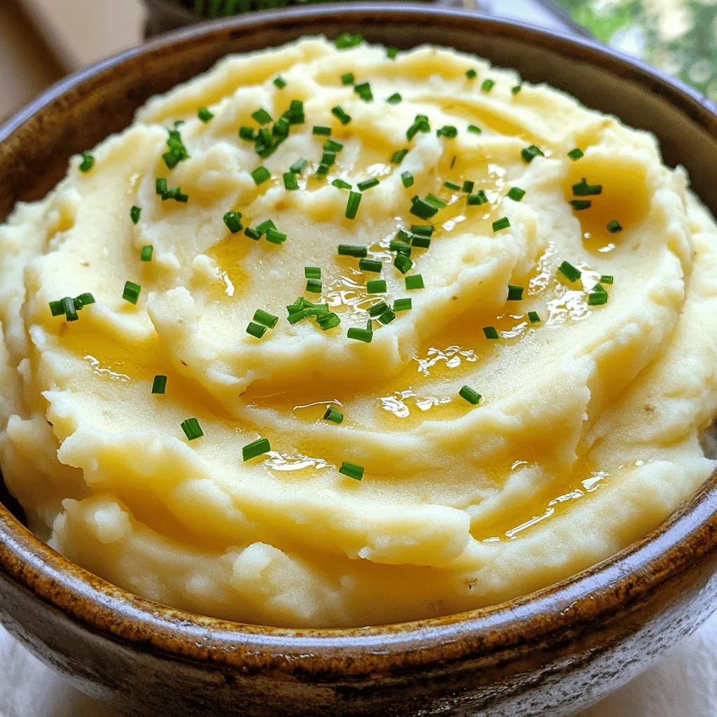 - 2 pounds Yukon Gold potatoes - 1 whole head of garlic - 1/2 cup heavy cream - 1/2 cup unsalted butter - Salt and freshly ground pepper - 1/4 cup cream cheese - 2 tablespoons fresh chives (for garnish) For the perfect roasted garlic mashed potatoes, you need simple, good-quality ingredients. First, Yukon Gold potatoes are the star here. They have a creamy texture that works well in mashed dishes. The roasted garlic adds a sweet, rich flavor, making this dish stand out. Heavy cream and butter bring a luxurious creaminess, while salt and pepper enhance all the flavors. If you want to take it up a notch, consider adding cream cheese. It makes the mashed potatoes even richer and creamier. Fresh chives add a nice touch of color and flavor, making your dish look and taste great. You can find the full recipe to guide you through each step of making this creamy and delicious dish. Enjoy cooking! - Preheat the oven to 400°F (200°C). - Slice the top off the garlic head and wrap it in aluminum foil. Roasting garlic makes it sweet and soft. When you roast it, the flavor changes. You’ll get a rich taste that blends well with potatoes. Make sure to wrap it tightly. This helps keep the moisture in while it bakes. - Boil the Yukon Gold potatoes in salted water. - Drain and return to the pot for moisture evaporation. Yukon Gold potatoes are the best for this dish. They are creamy and smooth. Boil them until they are fork-tender. After draining, put them back in the pot. This helps dry them out. If they are too wet, your mashed potatoes will be runny. - Squeeze roasted garlic into the pot. - Heat cream and butter together. - Mash and mix everything until smooth. Once the garlic cools, squeeze it into the potatoes. The sweet taste of roasted garlic adds depth. Heat the cream and butter until the butter melts. Pour it over the potatoes. This makes them rich and creamy. Use a potato masher for best results. If you want even creamier potatoes, add more cream or cream cheese. For the full recipe, check the recipe section above. Enjoy your creamy and delicious roasted garlic mashed potatoes! - Add more cream for a richer texture. This makes the potatoes extra smooth. - Consider using a hand mixer for a smoother finish. It really helps blend the garlic well. - Experiment with spices or herbs. Try adding thyme or rosemary for a fresh taste. - Incorporate different cheese varieties. Cheddar or Parmesan can bring a new depth of flavor. - Best served hot as a side dish. They pair well with many main dishes. - Great with roasts, grilled meats, or vegetarian entrees. You can serve these mashed potatoes alongside your favorite meal. For the full recipe, check out the Roasted Garlic Mashed Potatoes section. {{image_4}} You can easily add fresh herbs to your mashed potatoes. I love using rosemary or thyme. These herbs bring a lovely aroma and taste. Just chop them finely and mix them in when you mash the potatoes. Start with one tablespoon and add more if you like. Add a cheesy twist to your mashed potatoes. Mixing in cheddar or Parmesan cheese makes them rich and tasty. I suggest starting with a cup of shredded cheese. Stir it in after you mash the potatoes. The cheese melts beautifully and adds a creamy texture. If you want a vegan option, it's simple to make. Just swap butter and cream for plant-based choices. Use coconut milk or almond milk for creaminess. For butter, try using vegan butter or olive oil. This way, you still enjoy the creamy goodness without dairy. Feel free to explore these variations and find your favorite twist on Roasted Garlic Mashed Potatoes. For the full recipe, check out the detailed instructions above. After enjoying your roasted garlic mashed potatoes, store any leftovers in an airtight container. This keeps them fresh for up to 3 days. Make sure the container seals tightly to prevent any odors from other foods in your fridge. To freeze mashed potatoes, let them cool completely. Then, scoop them into a freezer-safe bag or container. Press out as much air as possible before sealing. They can last in the freezer for up to 2 months. When you're ready to enjoy them again, take them out and let them thaw in the fridge overnight. For the best results, reheat them in a saucepan over low heat. Stir in a splash of milk or cream to restore their creamy texture. You can also reheat them in the microwave, but add a bit of liquid to keep them smooth. For a delicious experience, follow the [Full Recipe] to create these tasty mashed potatoes from scratch. Yes, you can make them a day ahead. Store them in a sealed container in the fridge. When you are ready to serve, reheat them gently. You can add a splash of cream to keep them creamy. Stir well to mix everything before serving. Roasted garlic mashed potatoes go well with many dishes. They are great with roasted chicken or beef. You can also serve them with grilled vegetables or a hearty mushroom stew. The creamy texture complements rich flavors, making every meal special. To make this recipe gluten-free, ensure that all ingredients are gluten-free. Use gluten-free cream and butter. Check labels to avoid any hidden gluten. With these simple swaps, you can enjoy this dish without worry. In this post, we explored how to make delicious roasted garlic mashed potatoes. We covered the main and optional ingredients, step-by-step cooking methods, and helpful tips for a creamy texture. You can also find fun variations like herb-infused or vegan options. Mashed potatoes are a versatile dish for any meal. With the right techniques, you can impress everyone at your table. Experiment and enjoy the rich flavors!