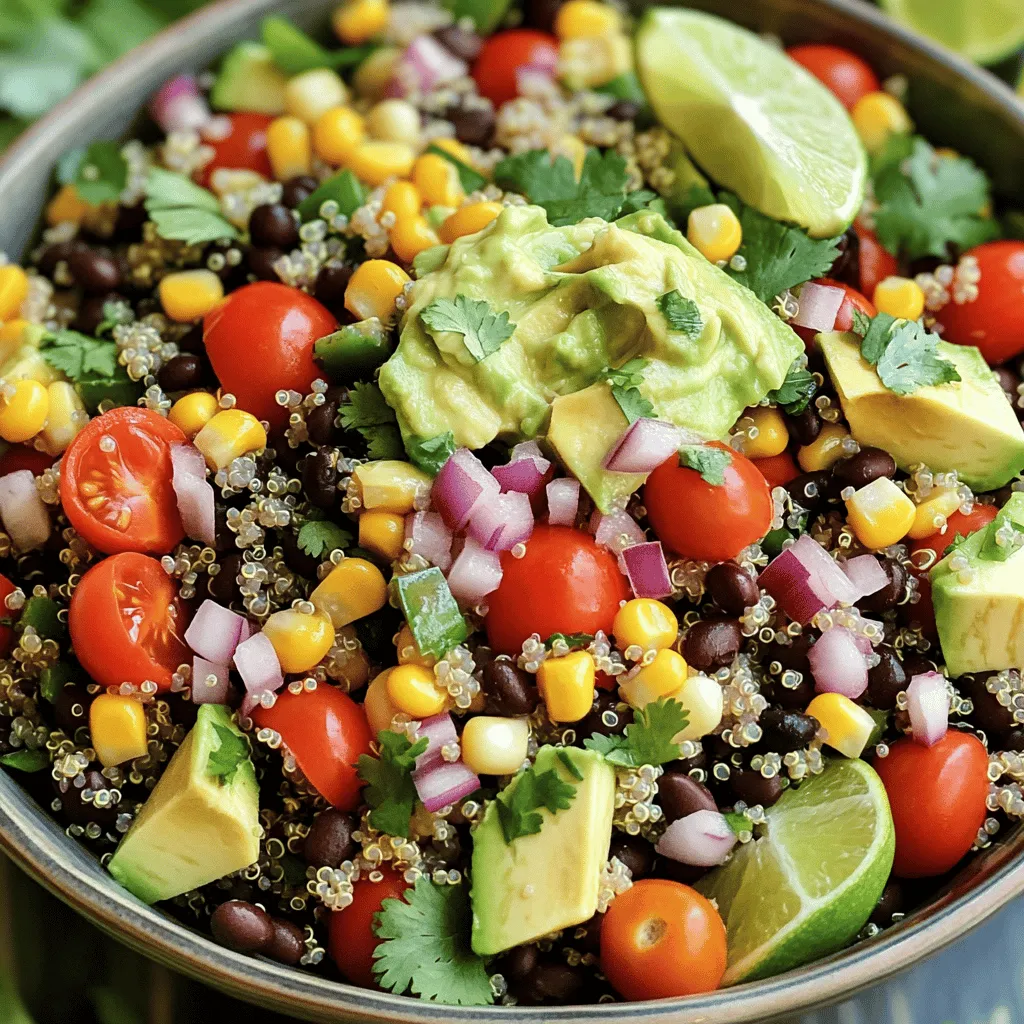 To make this tasty salad, you need a mix of fresh and healthy foods. Here’s what you will need: - 1 cup quinoa, thoroughly rinsed - 2 cups vegetable broth (or water) - 1 can (15 oz) black beans, drained and rinsed - 1 cup corn kernels (can use fresh or frozen) - 1 red bell pepper, finely diced - 1 cup cherry tomatoes, halved - 1 ripe avocado, diced - 1/4 cup red onion, finely chopped - 1/4 cup fresh cilantro, roughly chopped - Juice of 2 fresh limes - 3 tablespoons extra virgin olive oil - 1 teaspoon ground cumin - 1 teaspoon chili powder - Salt and freshly cracked pepper to taste These ingredients come together to create a colorful and flavorful dish. The quinoa serves as a healthy base. Black beans add protein and fiber. Fresh veggies bring crunch and vitamins. You can make this salad your own by adding extra ingredients. Here are some fun ideas: - Diced jalapeños for a spicy kick - Chopped green onions for added flavor - Chopped bell peppers in different colors for more color - Feta cheese or queso fresco for creaminess - Sliced olives for a briny touch Feel free to mix and match. You can adapt this salad to your taste and what you have on hand. This Tex-Mex Quinoa Salad is not just tasty; it’s also healthy. Here are some key benefits: - Quinoa is a complete protein, which means it has all essential amino acids. - Black beans provide fiber, which helps digestion. - Avocado contains healthy fats that support heart health. - Fresh veggies add vitamins and minerals, boosting your immune system. This salad is low in calories but high in nutrients. It’s a great choice for lunch or dinner. Eating a mix of these foods helps you feel full and satisfied. Enjoying this salad helps you stay healthy while indulging in great flavors. For the full recipe, check out the above section! Start by boiling 2 cups of vegetable broth in a medium pot. If you prefer, you can use water. Once it reaches a good boil, add 1 cup of rinsed quinoa to the pot. Lower the heat to a gentle simmer, then cover it with a lid. Cook for about 15 minutes. The quinoa is ready when all the liquid is gone. Fluff it with a fork and let it cool. This step is key for a light texture. While your quinoa cools, grab a large bowl. Add in 1 can of drained black beans and 1 cup of corn kernels. Next, chop 1 red bell pepper and toss it in. Halve 1 cup of cherry tomatoes and add those too. For creaminess, include 1 diced avocado. Don’t forget to add 1/4 cup of finely chopped red onion and 1/4 cup of roughly chopped cilantro. Mix all these fresh ingredients well. This blend brings a burst of flavor. Now, let’s whip up the dressing. In a small bowl, mix the juice of 2 limes with 3 tablespoons of extra virgin olive oil. Add 1 teaspoon of ground cumin and 1 teaspoon of chili powder. Season with salt and freshly cracked pepper to taste. Whisk it until it’s well combined. Once your quinoa is cool, add it to the large bowl with the salad mixture. Pour the dressing over everything. Gently toss to coat all the ingredients. Taste it and adjust the seasoning as needed. For the best flavor, let it chill in the fridge for at least 30 minutes. This allows the flavors to blend. For the full recipe, check out the detailed instructions to create this vibrant dish! To fluff quinoa perfectly, use a fork. After cooking, let your quinoa cool for a bit. This helps separate the grains. Use the fork to gently lift and stir the quinoa, not smash it. This technique keeps your quinoa light and fluffy, making your Tex-Mex Quinoa Salad more enjoyable. Chilling your salad is key for flavor. After mixing all ingredients, cover the bowl with plastic wrap. Refrigerate for at least 30 minutes. This step lets the flavors mix well. If you have time, chilling it for a few hours is even better. It will taste fresher and more vibrant. Serve your Tex-Mex Quinoa Salad in a bright bowl. Add a garnish of cilantro and lime wedges on top. This adds a nice touch and extra flavor. You can pair it with grilled chicken or fish. For a vegetarian option, serve with black bean tacos. This salad also works well as a side dish for any meal. For the full recipe, check out the details above! {{image_4}} You can easily add protein to your Tex-Mex quinoa salad. Chicken is a great choice. Simply grill or sauté chicken breast, then chop it into bite-sized pieces. Shrimp works well too. Cook them with a bit of spice for extra flavor. For a plant-based option, use tofu. Press it to remove water, then cube and sauté it. Each protein will make your salad more filling and tasty. This salad is already a hit for vegetarians and vegans. The black beans and quinoa offer protein. You can add more veggies too! Try diced zucchini, shredded carrots, or even leafy greens like spinach. These additions boost nutrition and flavor. If you're vegan, just ensure your dressing is dairy-free. The lime juice and olive oil will keep it fresh and zesty. This Tex-Mex quinoa salad is gluten-free by nature. Quinoa is a great grain alternative. If you want more crunch, add gluten-free tortilla chips. They give a nice texture and flavor. You can also swap black beans for chickpeas. This change adds a different taste. Enjoy this salad knowing it fits your dietary needs without losing flavor. For the complete recipe, check the [Full Recipe]. To keep your Tex-Mex quinoa salad fresh, store it in the fridge. First, let the salad cool completely. Then, place any leftovers in an airtight container. This helps keep out air and moisture, so your salad stays tasty. It should last up to three days in the fridge. If you added avocado, note that it may brown faster, so eat it sooner. The best containers for storing your salad are glass or BPA-free plastic. Glass containers are great because they don’t stain and keep flavors well. If you use plastic, make sure it is safe for food. Look for containers with tight-fitting lids. This prevents spills and keeps the salad fresh longer. You can eat this salad cold, as it’s refreshing. If you prefer warm quinoa, simply reheat it in a microwave. Use a microwave-safe dish and cover the salad with a damp paper towel to keep it from drying out. Heat for 30 seconds at a time, stirring in between. Once warm, serve it right away. If you want to keep it cool, skip reheating and enjoy it chilled from the fridge. For the full recipe, check out my Tex-Mex quinoa salad guide! Tex-Mex Quinoa Salad lasts about 3 to 5 days in the fridge. The lime juice helps keep it fresh, but check for any signs of spoilage. Always store it in an airtight container to maintain its flavor and texture. Yes, you can make this salad ahead of time. In fact, it tastes better after chilling. Prepare it up to a day in advance. Just remember to store it in the fridge. This allows the flavors to blend well and gives you more time to enjoy your meal. If you want a change, try using brown rice, farro, or bulgur. Each grain brings a unique texture and flavor. Just make sure to cook them according to package instructions. This ensures that your salad remains tasty and satisfying. For the full recipe, refer to the earlier section. This blog post covered the key parts of making Tex-Mex Quinoa Salad. We explored essential ingredients, cooking steps, and helpful tips. You learned how to customize the salad and store leftovers effectively. Remember, this salad is healthy and easy to make. With its bright flavors and vibrant colors, it can be a star at any meal. Enjoy creating your unique version and share it with others!