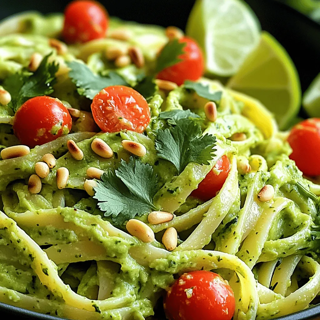 - 12 oz pasta of your choice - 2 large ripe avocados - 1 cup fresh cilantro leaves - 2 cloves garlic - 1 tablespoon fresh lime juice - 1/4 cup extra virgin olive oil - 1/2 teaspoon salt - 1/4 teaspoon freshly ground black pepper - 1/2 cup cherry tomatoes - 1/4 cup toasted pine nuts - Lime wedges for serving - Additional cilantro for garnish When making creamy avocado cilantro lime pasta, the right ingredients make all the difference. The main ingredients are simple yet full of flavor. The pasta can be anything you love, but I suggest fettuccine or spaghetti. Ripe avocados give the dish its creamy texture. Fresh cilantro adds a bright taste, while garlic gives it a nice kick. The lime juice brings a zesty freshness that ties everything together. For the additional ingredients, extra virgin olive oil smooths out the sauce. Salt and black pepper enhance the taste. Cherry tomatoes add a burst of color and sweetness. Toasted pine nuts bring a delightful crunch. To serve, lime wedges and extra cilantro brighten the plate. These ingredients work perfectly together to create a dish that is both tasty and satisfying. You can find the full recipe [here](#). - Step 1: Preparing the Water Fill a large pot with water. Add a generous amount of salt. This helps flavor the pasta. - Step 2: Cooking Time Guidelines Bring the water to a rolling boil. Add your pasta carefully. Cook according to package instructions, usually 8-10 minutes. - Step 3: Reserving Pasta Water Once cooked, reserve 1 cup of the starchy pasta water. Drain the pasta in a colander after cooking. - Step 1: Combining Ingredients in the Processor While the pasta cooks, prepare the avocado sauce. In a food processor, add the halved avocados, cilantro, garlic, lime juice, olive oil, salt, and pepper. - Step 2: Achieving the Right Consistency Blend the mixture until it is smooth and creamy. If it seems too thick, add a tablespoon of reserved pasta water. - Step 3: Adjusting Seasonings to Taste Taste the sauce and adjust the salt and lime juice as needed. This balance will enhance the flavor. - Step 1: Combining Pasta and Sauce In a large mixing bowl, add the drained pasta. Pour the avocado sauce over the pasta and mix well. - Step 2: Adding Fresh Ingredients Gently fold in halved cherry tomatoes. Be careful not to mash them; they add great texture. - Step 3: Plating Suggestions Serve the creamy pasta in deep bowls. Drizzle extra olive oil on top. Garnish with toasted pine nuts and lime wedges. Enjoy this tasty dish! For the full recipe, check out the complete instructions above. To make the sauce just right, you need to focus on two key things: the thickness and the avocados. - Adjusting Thickness with Pasta Water: After cooking your pasta, save some of the starchy water. This water works wonders! If your sauce feels thick, add a few spoonfuls. Mix it well until it reaches a smooth, creamy texture. - Using Ripe Avocados: Ripe avocados are a must. They should feel soft when you press them gently. If they are hard, wait a few days for them to ripen. Ripe avocados add a rich and creamy feel to your sauce. Adding extra flavors can take your pasta to the next level. Here are two simple ways to boost taste: - Adding Extra Herbs and Spices: Fresh herbs like basil or parsley can bring new life to your dish. You can chop them finely and mix them into the sauce for an extra kick. Spices like red pepper flakes can add a nice heat. - Balancing Acidity with Lime Juice: Lime juice is key in this recipe. It brightens up the creamy sauce. If your dish tastes flat, squeeze in more lime juice. Just a little can make a big difference. How you serve your pasta matters just as much as how it tastes. Follow these tips for a stunning look: - Serving in Rustic Bowls: Use deep, rustic bowls to serve your pasta. This gives a cozy feel and makes the dish look inviting. - Garnishing for Visual Appeal: To make it pop, sprinkle the pasta with fresh cilantro and add lime wedges. This not only looks good but also adds flavor. For the full recipe, check out the complete guide on making creamy avocado cilantro lime pasta. {{image_4}} You can easily boost your creamy avocado cilantro lime pasta with protein. - Grilled Chicken or Shrimp: Adding grilled chicken or shrimp gives the dish a satisfying twist. The smoky flavor pairs well with the creamy sauce. Simply cook the protein separately and toss it in before serving. - Tofu or Chickpeas for Vegetarian Options: If you prefer a vegetarian choice, use tofu or chickpeas. Tofu can soak up all the flavors and adds a nice texture. Chickpeas offer a hearty bite and extra fiber. Changing up ingredients can make this dish your own. - Substituting Pasta Shapes: You can use any pasta you like. Fettuccine and spaghetti are great, but penne or rotini also work well. Choose what you have on hand or what you enjoy most. - Using Different Herbs: While cilantro shines in this recipe, consider other herbs too. Basil or parsley can add fresh notes and new flavors. Experiment and find your favorite mix. You might want to adjust the recipe for different diets. - Vegan or Gluten-Free Adjustments: This dish is already vegan if you skip animal products. For gluten-free, simply choose gluten-free pasta. Many brands offer great options. - Low-Calorie Substitutes: To lower calories, use less olive oil or swap avocados for a lower-calorie spread. You can also add more veggies like zucchini or spinach for bulk without many calories. These variations ensure that creamy avocado cilantro lime pasta can fit anyone's taste and dietary needs. For the complete recipe, check out the [Full Recipe]. To keep your creamy avocado cilantro lime pasta fresh, store it in an airtight container. This helps prevent it from drying out. You can keep it in the fridge for up to three days. After this time, the sauce may lose its vibrant color and flavor. When reheating, use a saucepan over low heat. This method keeps the creaminess of the avocado sauce. Stir gently and add a splash of reserved pasta water if it seems too thick. Avoid using high heat, as it can cause the sauce to separate. You can freeze leftover pasta, but the texture may change. To freeze, place the pasta in a freezer-safe container. Make sure to leave some space for expansion. It can last up to two months in the freezer. When ready to eat, thaw in the fridge overnight. Reheat gently on the stove, adding a bit of water to return its creaminess. For the best taste and texture, I do not recommend freezing the avocado sauce itself. I recommend using fettuccine or spaghetti. Both hold the creamy sauce well. You want a pasta that complements the smoothness of the avocado. Any pasta shape you enjoy can work, too. Just make sure it cooks evenly. Yes, you can make the avocado sauce in advance. Store it in the fridge to keep it fresh. Cook the pasta when you're ready to serve. Combine the two just before eating. This keeps the pasta from getting soggy. To make this dish for more people, simply double the ingredients. For fewer servings, halve the amounts. This recipe is easy to scale up or down. Just keep the same ratios for best results. This dish pairs well with a fresh salad. You can also serve garlic bread on the side. Grilled chicken or shrimp adds protein, too. These options create a balanced meal that tastes great together. Absolutely! Creamy avocado sauce is great for meal prep. Just store it in an airtight container. The pasta can also be made in advance. Mix them together when you are ready to eat for the best taste. For the full recipe, check out the details above. This blog post covered a simple yet delicious recipe for Creamy Avocado Cilantro Lime Pasta. You learned about the key ingredients, step-by-step instructions, and helpful tips. The variations let you customize the dish to fit your taste. You can store leftovers easily or adapt the recipe for meal prep. I hope you feel inspired to make this dish. It's fresh, tasty, and perfect for any occasion. Enjoy your cooking!