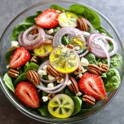- Baby spinach: Use 5 cups, washed and dried. This leafy green is fresh and tender. - Strawberries: You need 2 cups, hulled and sliced thin. Their sweetness shines in this salad. - Red onion: Use 1/4 cup, thinly sliced into rings. They add a nice crunch and mild flavor. - Pecans: Use 1/2 cup, roughly chopped. They provide a rich, nutty crunch to your salad. - Feta cheese: Use 1/4 cup, crumbled into bite-sized pieces. This cheese adds creaminess and tang. - Olive oil: Use 1/2 cup of extra virgin olive oil. It creates a rich base for your dressing. - Apple cider vinegar: Use 1/4 cup. This adds a pleasant tang to the dressing. - Honey: Use 2 tablespoons for sweetness. It balances the tanginess of the vinegar. - Poppy seeds: Add 1/4 cup for a nutty flavor and crunchy texture. - Salt and pepper: Use to taste, to balance all the flavors in your salad. This Strawberry Spinach Poppy Seed Salad is bright, fresh, and fun to make. For the full recipe, see the previous sections. To start, grab a small mixing bowl. You will need to whisk together the dressing ingredients. Combine 1/2 cup of extra virgin olive oil, 1/4 cup of apple cider vinegar, and 2 tablespoons of honey. Add salt and pepper to taste. Whisk until the mix is smooth and well blended. This is your delightful dressing. For a perfect emulsification, add the oil slowly while whisking. This helps the oil and vinegar blend well. Next, move to a large salad bowl. Add 5 cups of fresh baby spinach. Then, toss in 2 cups of sliced strawberries, 1/2 cup of chopped pecans, 1/4 cup of crumbled feta cheese, and 1/4 cup of thinly sliced red onion. It is important to use fresh, vibrant ingredients. The freshness makes the salad taste better and look appealing. Now, drizzle your prepared dressing over the salad. Use just enough to coat all the ingredients. Then, gently toss the salad with two large spoons or salad tongs. Be careful not to bruise the spinach or strawberries. Finally, sprinkle 1/4 cup of poppy seeds on top. This adds a nice crunch and makes the salad look pretty. Serve the salad right away for the best taste. Present it in a large glass bowl to show off the bright colors. You can garnish with more strawberry slices and poppy seeds for an extra touch. Using fresh ingredients makes a big difference. Fresh baby spinach and ripe strawberries bring bright flavor. Make sure your pecans are crunchy and feta is creamy. Freshness elevates each bite. Balancing flavors with salt and pepper is crucial. Salt boosts sweetness in strawberries. A pinch of pepper adds a nice kick. Taste as you go. Adjust the seasoning to your liking. Choose a large glass bowl to show off the colors. The green spinach and red strawberries create a stunning look. Garnish with extra strawberry slices and a sprinkle of poppy seeds. This adds texture and flair. For an elegant touch, serve with wooden salad tongs. It makes serving easy and fun. You want your guests to feel special and enjoy the view. Prep ingredients in advance to save time. Wash and dry the spinach earlier. Slice strawberries and store them in the fridge. You can chop nuts and cheese ahead of time too. For quick assembly, layer the ingredients in the bowl. Add spinach first, then strawberries, and so on. This makes it easy to toss together right before serving. You’ll have a fresh salad in no time. For the full recipe, check out the Strawberry Spinach Poppy Seed Salad! {{image_4}} You can easily change some ingredients in this salad. If you want to swap nuts, try walnuts instead of pecans. Walnuts offer a rich flavor and crunch. You can also use almonds for a lighter touch. Both options add a new twist. For cheese, feta is great, but you can try goat cheese. Goat cheese adds a tangy flavor that pairs well with strawberries. If you want a dairy-free option, use a nut cheese. It gives a creamy texture without dairy. To make this salad heartier, add proteins. Grilled chicken is a fantastic choice. It adds flavor and makes the salad more filling. Simply slice the chicken and toss it in. If you prefer a plant-based option, tofu works well too. Use firm tofu for the best texture. Press it to remove extra water, then cube and sauté it. This adds a nice taste and protein boost. Switching up dressings can change the whole salad vibe. Instead of apple cider vinegar, try balsamic vinegar. It gives a sweet and tangy twist. You can also use red wine vinegar for a sharper flavor. For sweeteners, honey is common, but maple syrup is a great alternative. It adds a lovely sweetness and pairs well with the salad’s flavors. You can even try agave nectar for a different taste. For the full recipe, make sure to check out the details earlier in the article. To keep your salad fresh, store the ingredients separately. Spinach and strawberries wilt easily. Use a clean, dry container for each. Keep the dressing in a jar. This helps maintain their crispness and flavor. For leftovers, use airtight containers. Glass or BPA-free plastic works best. Place spinach and dressing in one container. Store strawberries and other toppings in separate containers. This keeps the texture of each ingredient. Mix them when you are ready to eat. In the fridge, the salad ingredients last about three days. Spinach wilts after a day or two, while strawberries last three to five days. The dressing can last up to a week if stored well. Enjoy your Strawberry Spinach Poppy Seed Salad at its best by eating fresh! Check out the Full Recipe for more details. Spinach is a superfood. It is low in calories and high in nutrients. One cup of raw spinach has: - Vitamin A: Great for eye health. - Vitamin C: Boosts your immune system. - Vitamin K: Important for blood clotting. - Iron: Helps your blood carry oxygen. - Folate: Supports cell function and tissue growth. These nutrients work together. They help keep your body strong and healthy. Eating spinach can even boost your energy levels. Yes, you can prepare this salad ahead of time. Here are some tips for pre-preparation: - Wash and dry spinach: Keep it dry to avoid sogginess. - Slice strawberries: Do this close to serving time to keep them fresh. - Mix dressing separately: This keeps the salad crisp until you serve it. - Store in a sealed container: This helps keep the ingredients fresh. Assemble the salad just before serving. This way, you enjoy the best flavors and textures. You can switch the dressing if you want something different. Here are some suggestions for different dressings: - Balsamic vinaigrette: Adds a sweet and tangy flavor. - Lemon vinaigrette: Brightens up the salad with freshness. - Yogurt dressing: Creamy and tangy without being too heavy. - Honey mustard dressing: Sweet with a bit of spice. Feel free to experiment with these options. Each one adds a unique twist to the salad. Making this salad vegan is simple. Here are some substitutes for non-vegan ingredients: - Feta cheese: Use vegan feta or skip it entirely. - Honey: Replace it with maple syrup or agave nectar. - Check the dressing: Ensure it does not contain dairy. These swaps let you enjoy the salad while keeping it plant-based. This salad brings together fresh produce, nuts, and a delightful dressing. We learned how to prepare a tasty dressing and assemble a scrumptious salad. Using fresh ingredients is key for flavor and presentation. Consider experimenting with different proteins or dressings for variety. Proper storage extends freshness, so follow those tips. Enjoy making this salad your own, filled with nutrition and flavor. With simple swaps, it stays exciting and delicious. Embrace the joy of salad-making—it’s fun and healthy!