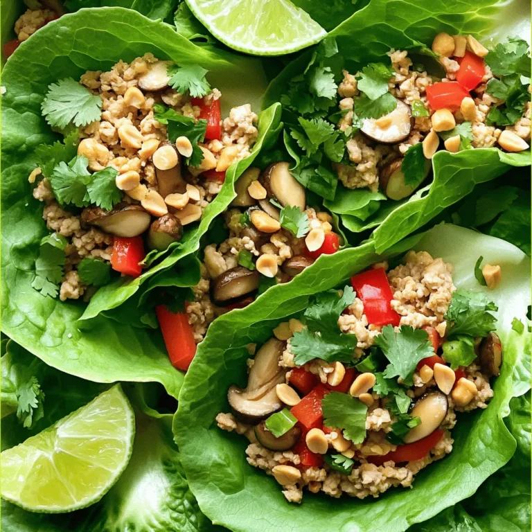 - 1 lb ground chicken - 1 tablespoon olive oil - 2 cloves garlic, minced - 1 tablespoon fresh ginger, minced - 1 red bell pepper, diced - 1 cup mushrooms, chopped - 2 green onions, sliced - 2 tablespoons low-sodium soy sauce - 1 teaspoon sesame oil - 1 tablespoon rice vinegar - 1 tablespoon honey or maple syrup - 1 head of butter or romaine lettuce - Salt and pepper to taste - Optional toppings: cilantro, peanuts, lime wedges You need simple and fresh ingredients to make these wraps. The ground chicken gives a nice protein base. Olive oil helps to sauté the garlic and ginger, which add great flavor. The red bell pepper and mushrooms bring color and texture. Green onions add crunch and a mild onion taste. Low-sodium soy sauce offers a savory touch, while sesame oil, rice vinegar, and honey or maple syrup balance the flavors perfectly. The lettuce leaves act as a wrap, making them fun to eat. You can add toppings like cilantro and peanuts for extra flavor. Each ingredient plays a key role in making these wraps healthy and tasty. For the full recipe, check out the Zesty Healthy Chicken Lettuce Wraps. - Heat 1 tablespoon of olive oil in a large skillet. - Sauté 2 cloves of minced garlic and 1 tablespoon of minced ginger for about 1 minute. - Add 1 pound of ground chicken to the pan. Cook until browned, about 5-7 minutes. - Next, add 1 finely diced red bell pepper and 1 cup of chopped mushrooms. Cook until tender, about 3-4 minutes. - In a small bowl, whisk together: - 2 tablespoons low-sodium soy sauce - 1 teaspoon sesame oil - 1 tablespoon rice vinegar - 1 tablespoon honey or maple syrup - Pour this sauce over the chicken and vegetables. Mix well to coat all ingredients. - Allow the filling to cool for a few minutes. - Spoon the filling into lettuce leaves. Top with optional ingredients like chopped cilantro or crushed peanuts. This recipe is not only easy but also tasty. For the full recipe, check out the Zesty Healthy Chicken Lettuce Wraps. Enjoy your cooking! - Ensure ground chicken is fully cooked (internal temperature of 165°F). - Use a non-stick skillet to prevent sticking. Cooking chicken is simple, but you must check the temperature. Use a meat thermometer to make sure it hits 165°F. This keeps the chicken safe to eat. A non-stick skillet helps the chicken cook evenly. It also makes cleanup easier. - Serve with extra lime wedges for added flavor. - Pair with a side of chili sauce for dipping. Lime wedges add a fresh taste. Squeeze some juice on your wrap for a zesty kick. Chili sauce gives a nice heat. It makes each bite exciting and full of flavor. - Arrange wraps neatly on a platter. - Garnish with green onions and cilantro for visual appeal. Presenting food well makes it more fun. Neatly arrange your wraps on a big platter. This looks great at any meal. Adding green onions and cilantro gives color and freshness. It makes your dish stand out. For the full recipe, check out the complete guide on making these tasty wraps. {{image_4}} You can change the protein in these wraps for more variety. - Substitute ground turkey or ground beef for a different flavor. - For a vegetarian option, use tofu or tempeh instead of chicken. Adding more veggies makes these wraps even better. - Include shredded carrots or zucchini for extra texture. - Add bean sprouts to give your wraps a nice crunch. You can easily adjust this recipe for dietary needs. - For a low-carb option, use grilled chicken or shrimp instead of ground chicken. - To make it gluten-free, swap soy sauce for tamari. Try these variations to find your favorite twist on this tasty dish! If you want the full recipe, check out the section above. Store the filling in an airtight container in the refrigerator. This keeps it fresh and tasty. Avoid putting the lettuce leaves in the same container. Keeping them separate stops them from getting soggy. When you're ready to enjoy leftovers, reheat the filling in a skillet over low heat. This helps it regain its texture. Avoid using the microwave, as it can make the filling rubbery and watery. You can freeze the chicken filling for up to 3 months. Just make sure it cools completely before freezing. When you want to eat it, thaw the filling in the fridge overnight. This way, it stays safe and tasty for reheating. - Add diced chili peppers or a dash of hot sauce to the filling. This small change can boost your wraps. You can use any type of chili you like. Fresh or pickled works great! - Yes, prepare the filling and store it in the fridge for up to 2 days before assembly. This makes meal prep easy and saves time. Just remember to keep the lettuce separate to stay crisp. - Butter lettuce or romaine works perfectly for wrapping. Butter lettuce is soft and easy to fold. Romaine is crispy and has a nice crunch. Choose what you like best for your wraps! - Yes, simply shred or chop the pre-cooked chicken and mix it with the sauce and vegetables. This option cuts down on cooking time. It's a quick way to enjoy healthy chicken lettuce wraps! Healthy chicken lettuce wraps are easy to make and packed with flavor. We covered the main ingredients, like ground chicken, garlic, and fresh veggies. The step-by-step guide shows you how to sauté and assemble them perfectly. Don't forget the storage tips for later enjoyment! Try variations like swapping proteins or adding more veggies. These wraps are simple, tasty, and great for any meal. Enjoy making them for yourself or sharing with friends!