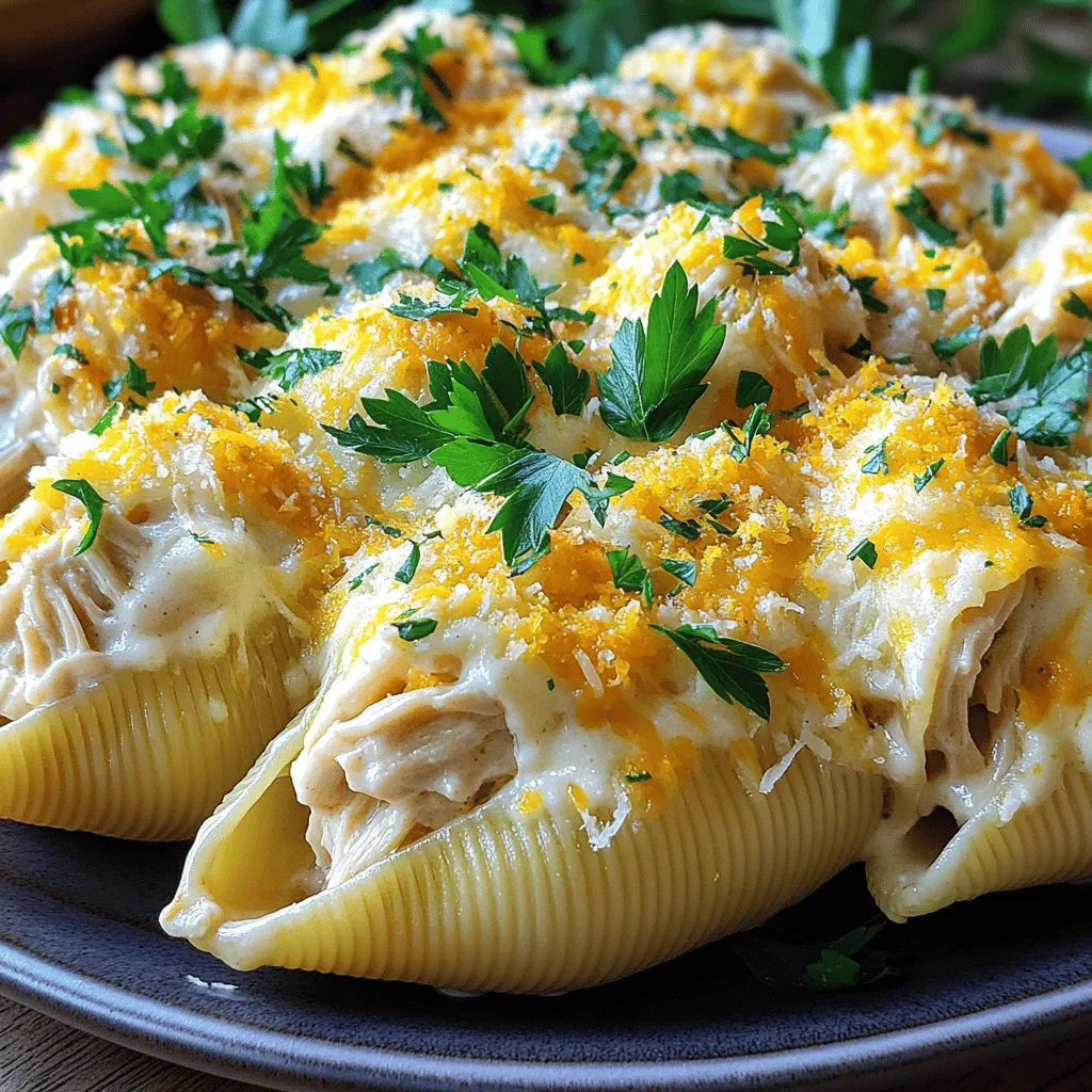 - Chicken and Cheese Filling Ingredients - 20 large pasta shells - 2 cups cooked chicken, shredded - 1 cup ricotta cheese - 2 cups shredded mozzarella cheese, divided - 1 cup grated Parmesan cheese, divided - 1 teaspoon garlic powder - 1 teaspoon Italian seasoning - Salt and pepper to taste The filling is the heart of this dish. I love using shredded chicken for a tender bite. Ricotta cheese adds creaminess. Mozzarella and Parmesan bring rich flavors. The garlic powder and Italian seasoning make it pop. Salt and pepper balance everything well. - Pasta and Sauce Essentials - 2 cups Alfredo sauce (store-bought or homemade) Alfredo sauce is key. It gives the dish its creamy texture. You can buy it or make your own. Either way, it coats the shells beautifully. - Optional Garnishes - Fresh parsley, chopped (for garnish) Fresh parsley adds color and a touch of freshness. It makes the dish look pretty and taste brighter. For the Full Recipe, follow the steps carefully. Each ingredient plays a key role in making Chicken Alfredo Stuffed Shells a comfort food delight. Enjoy cooking! Cooking the Pasta First, we need to cook the pasta shells. Bring a large pot of salted water to a boil. Add the shells and cook them until they are al dente, following the package instructions. This usually takes about 8 to 10 minutes. Once they are ready, drain them carefully. Cooling Techniques To cool the shells, spread them out on a large baking sheet. This helps them cool quickly and prevents them from sticking together. You want them cool enough to handle without burning your fingers. Mixing Chicken and Cheese In a mixing bowl, combine the shredded chicken, ricotta cheese, and 1 cup of shredded mozzarella cheese. Add ½ cup of grated Parmesan cheese to the mix. Stir everything together until it looks creamy and well-blended. Seasoning the Mixture Season the filling with garlic powder, Italian seasoning, salt, and pepper. Taste the mixture to make sure it has the right flavor. You can adjust the seasoning if you like more spice or flavor. Filling the Shells Grab a spoon and start filling each pasta shell with the creamy chicken and cheese mixture. Be generous! Place each filled shell seam-side down in the baking dish. Fit them snugly together for a nice presentation. Arranging in the Baking Dish After filling all the shells, pour 1 cup of Alfredo sauce evenly over the top. This keeps the shells moist while baking. Then, sprinkle the remaining mozzarella and Parmesan cheese over the sauce. Covering the Dish Cover the dish with aluminum foil. This helps the cheese melt without browning too quickly. Timing and Temperature Details Bake in a preheated oven at 350°F (175°C) for 25 minutes. After that, remove the foil and bake for another 10 minutes. Keep an eye on it until the cheese is bubbly and golden brown. For the full recipe, you can refer to the detailed instructions above. Common Mistakes to Avoid Avoid using overcooked pasta shells. They can break when you fill them. Make sure to cook the pasta until it is al dente. This helps it hold up during baking. Also, do not skip the resting time after baking. Letting the dish cool for a few minutes allows flavors to blend better. Lastly, be careful with salt. Taste your filling first, as cheese can be salty. Cooking Tips for Optimal Flavor For the best taste, use fresh herbs. Fresh parsley adds a bright flavor. If you like garlic, try using fresh minced garlic instead of garlic powder. This makes a big difference. When layering your dish, pour some Alfredo sauce on the bottom. This keeps the shells moist and adds flavor. Don't forget to sprinkle lots of cheese on top. It creates a lovely golden crust. Best Side Dishes Serve these stuffed shells with a simple green salad. A salad with mixed greens and a light vinaigrette pairs well. Garlic bread is also a great choice. It can soak up the delicious sauce. For a more filling meal, add roasted vegetables. They add color and nutrients to your plate. Wine Pairing Ideas White wines work best with Chicken Alfredo Stuffed Shells. A crisp Chardonnay or a light Pinot Grigio enhances the dish. If you prefer red wine, try a light-bodied Merlot. Its smoothness matches well with the creamy sauce. Always serve wine chilled for the best taste. Enjoy your meal with a drink that you love! {{image_4}} Chicken Alternatives If you want to switch up the protein, use shredded rotisserie chicken. You can also try cooked turkey or even diced shrimp. For a plant-based option, substitute with cooked lentils or chickpeas. This keeps the dish hearty while still offering great taste. Cheese Variations While mozzarella and Parmesan are classic choices, feel free to get creative. Use gouda for a smoky flavor or feta for a tangy twist. Mixing in cream cheese can add extra creaminess, too. Experimenting with cheese can change the whole vibe of your dish. Adding Vegetables To boost nutrition, add veggies to your filling. Spinach or kale works well and adds color. You can also mix in sautéed mushrooms or bell peppers for extra texture. These additions make the dish even more delicious and satisfying. Spices and Herb Options Don’t stop at garlic powder and Italian seasoning. Try adding red pepper flakes for heat. Fresh herbs like basil or thyme can brighten the flavors. A dash of lemon juice can also enhance the creaminess, making it more refreshing. Gluten-Free Options For a gluten-free version, use gluten-free pasta shells. Many options are available, and they cook similarly to regular ones. This allows everyone to enjoy the dish without worry. Dairy-Free Modifications To make it dairy-free, swap out the cheese for vegan alternatives. Nutritional yeast can add a cheesy flavor without dairy. Use a cashew-based Alfredo sauce for a creamy texture. These changes keep the dish rich and satisfying for all diets. For the complete recipe, check out the Full Recipe. After enjoying Chicken Alfredo Stuffed Shells, you may have some left. Here’s how to keep them fresh. - Refrigeration Recommendations: Place leftover shells in an airtight container. They stay fresh for 3 to 4 days in the fridge. Make sure to cover them well to avoid drying out. - Freezing Instructions: If you want to store them longer, freeze the stuffed shells. Place them in a freezer-safe dish after cooling. Use plastic wrap and foil to seal them tightly. They can last up to 3 months in the freezer. Just remember to label them with the date. You want to enjoy your Chicken Alfredo Stuffed Shells just as when they were fresh. Here are the best ways to reheat them. - Best Methods for Reheating: The oven is the best choice for reheating. Preheat it to 350°F (175°C). Place the stuffed shells in a baking dish. Cover them with foil to keep moisture in. Heat for about 20 minutes or until hot. - Ensuring Quality and Flavor Retention: If using a microwave, place the shells on a microwave-safe plate. Cover with a damp paper towel to keep them moist. Heat in short bursts of 1-2 minutes, checking often. This helps prevent them from drying out. Enjoy your leftovers with these tips, and they will taste almost as good as fresh! Chicken Alfredo stuffed shells are large pasta shells filled with a creamy mixture. The filling contains shredded chicken, ricotta cheese, and seasonings. You place these filled shells in a baking dish, cover them with Alfredo sauce, and bake until bubbly. This dish combines comfort and flavor in every bite. Yes, you can use store-bought Alfredo sauce. It saves time and effort. Homemade sauce can taste richer and fresher, but store-bought works well in a pinch. Choose a brand you enjoy. The key is to ensure the sauce is creamy and flavorful. You can prepare this recipe ahead by filling the shells and placing them in the baking dish. Cover the dish tightly and store it in the fridge. When ready to bake, add extra time to heat through. This method makes dinner easy and stress-free. You can experiment with various proteins. Ground turkey or beef can add a different flavor. Cooked shrimp or even sautéed mushrooms are tasty alternatives. This recipe is flexible, so feel free to get creative with what you have. Leftovers can last for about three to four days in the fridge. Store them in an airtight container. For the best taste, reheat them gently in the oven or microwave. This way, you can enjoy your Chicken Alfredo stuffed shells again! In this blog post, we explored how to make Chicken Alfredo Stuffed Shells. We covered essential ingredients, step-by-step instructions, and useful tips. Remember to check common mistakes to enhance flavor. Explore variations with different proteins and cheeses. Store and reheat dishes properly for best quality. Enjoy making this hearty meal that can impress anyone. With practice, you’ll master this dish in no time!