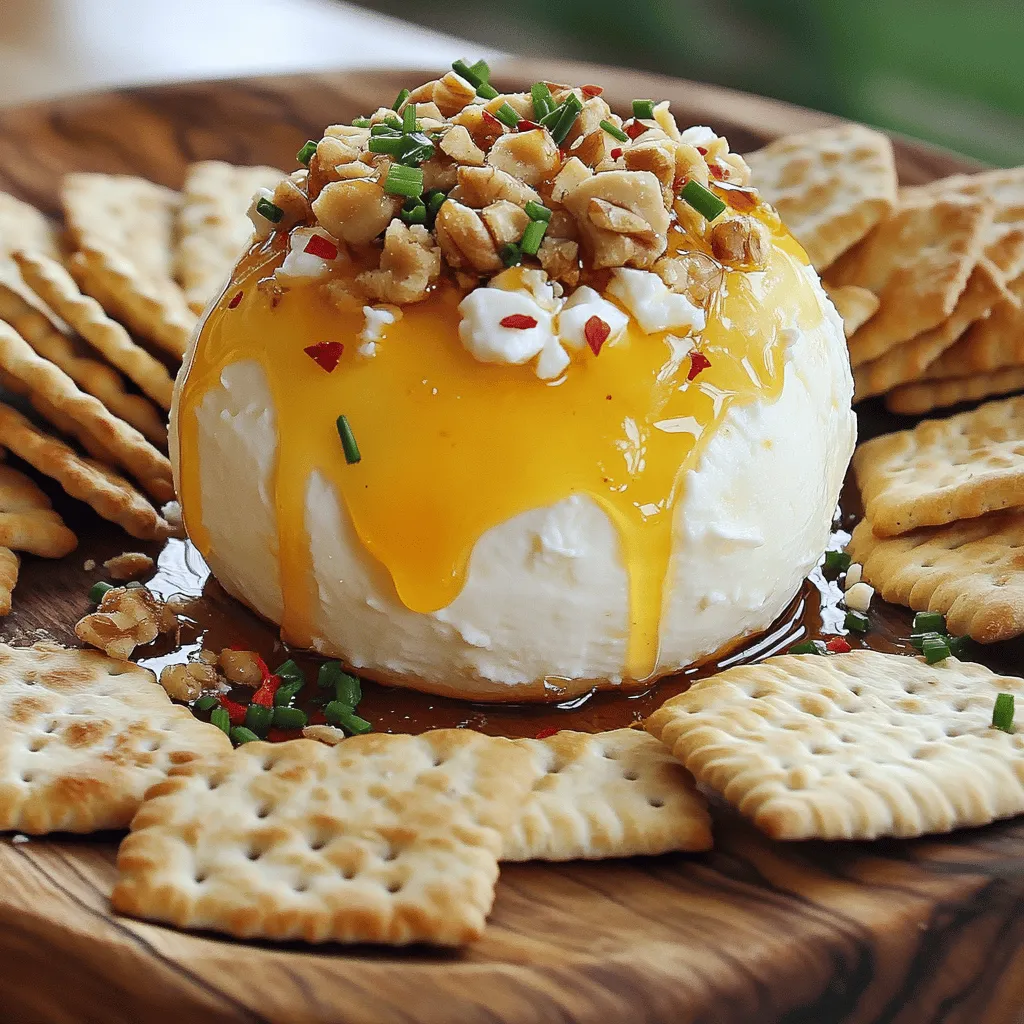 - 8 oz cream cheese, softened to room temperature - 1 cup sharp cheddar cheese, freshly shredded - 1/2 cup crumbled feta cheese - 1/4 cup honey, plus extra for drizzling - 1-2 teaspoons red pepper flakes - 1/4 cup fresh chives, finely chopped - 1/2 cup nuts, chopped (walnuts or pecans) - Assorted crackers or slices of crusty bread for serving Creating the Hot Honey Cheese Ball starts with these tasty ingredients. The cream cheese gives a rich base. The sharp cheddar adds depth, while feta brings a tangy kick. Honey adds sweetness, and red pepper flakes give just the right amount of heat. I love using fresh chives for a pop of color and flavor. For the coating, nuts add crunch and make the cheese ball look inviting. You can choose walnuts or pecans based on your taste. When it comes to serving, crackers or slices of crusty bread are perfect for spreading. This recipe is flexible, so feel free to mix in your favorite flavors. For the full recipe, check it out [here](insert-link). Enjoy creating this delightful snack! In a big bowl, combine the cream cheese, cheddar, and feta. Blend them until creamy. A hand mixer works best for super smooth cheese. This mix is the heart of your cheese ball. Next, slowly mix in the honey. This adds a lovely sweetness to the mix. Then, sprinkle in the red pepper flakes. Stir well to spread the spice throughout. Taste it and add more flakes if you like more heat. Once mixed well, shape the cheesy blend into a ball. Wrap it tightly in plastic wrap. Chill it in the fridge for at least one hour. This helps the cheese ball hold its shape when you serve it. You can find the full recipe in the ingredients section. Enjoy making this tasty snack! To get the right texture for your cheese ball, use softened cream cheese. This makes mixing easier and helps achieve a smooth blend. Chilling the cheese ball is also key. Refrigerate it for at least one hour. This helps the cheese ball hold its shape. You can enhance the flavor by trying different types of cheese. For example, swap cheddar for gouda or pepper jack. Adjust the honey and heat levels too. If you like it sweeter, add more honey. If you enjoy heat, increase the red pepper flakes. Garnish your cheese ball with extra honey and chopped chives. This adds a nice touch of color and flavor. When serving, pair it with a variety of crackers and slices of crusty bread. This pairing creates a great balance of flavors and textures. For the Full Recipe, click here to discover how to make this delightful snack. {{image_4}} Spicing up your hot honey cheese ball can be fun. If you want more heat, try these spicy alternatives. - Increase red pepper flakes: Add more flakes for a hotter kick. - Add jalapeños: Chopped jalapeños bring a fresh, spicy flavor. You can also change the cheese for exciting new tastes. Here are some great cheese variations. - Substitute goat cheese: This gives a tangy twist that many enjoy. - Use smoked cheddar: Smoked cheddar adds a unique, rich flavor. Finally, consider different coatings to enhance your cheese ball. Here are some alternative coatings. - Try using seeds: Use sesame or sunflower seeds for a crunchy texture. - Roll in herbs: Fresh herbs like parsley or dill add a bright taste. These variations keep your cheese ball fresh and exciting. Check out the Full Recipe for more delicious details! Store any leftover hot honey cheese ball in an airtight container. This keeps it fresh and tasty. Enjoy it within 3-5 days for the best flavor and texture. You can freeze the cheese ball before chilling it. However, this may change the texture. Wrap it tightly in plastic wrap and foil. For best quality, eat it within a month. If you freeze the cheese ball, let it thaw in the refrigerator before serving. This helps restore some texture. The cheese ball is best served cold or at room temperature. Enjoy your snack! For the full recipe, check out the details above. Yes, you can prepare it the day before serving. Just store it in the fridge. This gives the flavors time to mix and deepen. Plus, it saves you time when guests arrive. It pairs well with crackers, bread, and fresh veggies. You can use an array of colors and textures. This makes your platter look great and adds variety. Try serving with crunchy veggies like carrots and bell peppers. Make sure to chill it long enough to set properly before serving. I recommend at least one hour in the fridge. This helps the cheese ball hold its shape. If it's too soft, it won't look as nice on the plate. The spice level can be adjusted by modifying the amount of red pepper flakes used. Start with one teaspoon for mild heat. If you like it hotter, add more. Taste as you go, and find the heat that suits you best. This blog post covered how to make a delicious hot honey cheese ball. You learned the key ingredients, easy steps, and tips to perfect your dish. Remember, you can adjust flavors to suit your taste. Experimenting with different cheeses and toppings can lead to unique variations. Storing leftovers is simple, too. Enjoy this fun appetizer at your next gathering or snack time. With these steps, you'll impress your friends and family in no time. Happy cooking!