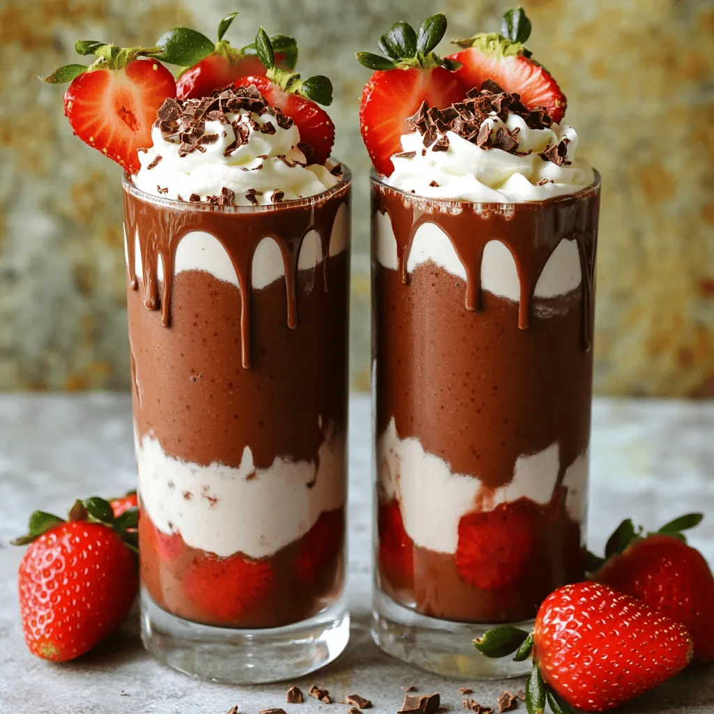 To make a tasty chocolate covered strawberry smoothie, you need a few simple ingredients: - 1 cup fresh strawberries, hulled - 1 frozen banana - 1 cup almond milk (or your preferred milk) - 2 tablespoons unsweetened cocoa powder - 1 tablespoon honey or maple syrup (adjust according to taste) - 1 tablespoon chia seeds (optional, for added creaminess) - 1/4 teaspoon pure vanilla extract - Whipped cream (optional, for a decadent topping) - Additional strawberries and cocoa nibs for garnish These ingredients combine to create a rich, creamy, and delicious drink. The fresh strawberries give it a sweet and fruity taste. The frozen banana adds a smooth texture and natural sweetness. Cocoa powder brings a deep chocolate flavor, making it a treat. Almond milk keeps it light and adds creaminess. You can boost the health factor of your smoothie with some great add-ins. Consider these options: - Spinach or kale for extra vitamins - Greek yogurt for added protein - Flax seeds for healthy fats - Protein powder for a filling snack These add-ins make your smoothie more nutritious without changing the taste much. They help you feel full longer and give your body more energy. If you want a dairy-free or vegan smoothie, it's easy to make changes. Use these substitutes: - Replace almond milk with coconut milk or oat milk for flavor variety. - Swap honey for agave syrup or maple syrup to keep it vegan. - Use a plant-based yogurt instead of Greek yogurt if you add it. These swaps keep the smoothie creamy and delicious while meeting your dietary needs. You can enjoy your chocolate covered strawberry smoothie, no matter your diet! First, gather your ingredients. You will need: - 1 cup fresh strawberries, hulled - 1 frozen banana - 1 cup almond milk - 2 tablespoons unsweetened cocoa powder - 1 tablespoon honey or maple syrup - 1 tablespoon chia seeds (optional) - 1/4 teaspoon pure vanilla extract - Whipped cream (optional) - Additional strawberries and cocoa nibs for garnish Make sure your strawberries are ripe for the best flavor. The banana should be frozen to add creaminess. If you want a richer taste, use whole milk instead of almond milk. Start by placing the hulled strawberries, frozen banana, and almond milk into your blender. Blend on high speed until smooth. Check for any large chunks. Next, add the cocoa powder, honey or maple syrup, chia seeds, and vanilla extract. Blend again until everything is well mixed and the color is even. Taste your smoothie. If it needs more sweetness, add extra honey or syrup and blend again. If the smoothie is too thick, add a splash more almond milk while blending. You want it smooth yet rich. Once done, pour it into your favorite cups. For a special touch, top it with whipped cream and garnish with extra strawberries and cocoa nibs. For the full recipe, check out the section above. Enjoy your delicious treat! To get a smooth and creamy texture, use a frozen banana. It adds natural sweetness and creaminess. You can also add chia seeds, which help thicken the smoothie. Blend your ingredients on high speed until you see no chunks. If it feels too thick, slowly add a bit more almond milk while blending. This way, you control the thickness. You can boost the flavor with a dash of cinnamon or even a scoop of nut butter. If you love chocolate, add more cocoa powder. For those who enjoy extra sweetness, try adding more honey or maple syrup. A bit of protein powder can make it more filling. Just remember to adjust the sweetness after adding any boosters. Presentation matters! Pour your smoothie into tall glasses for a stunning look. For extra flair, drizzle melted chocolate along the inner rim of the glass before adding the smoothie. Top it off with whipped cream, extra strawberries, and a sprinkle of cocoa nibs. This makes the smoothie not just tasty but also beautiful. Enjoy your delightful treat! {{image_4}} For coffee lovers, I have a great twist. You can add a shot of espresso or a tablespoon of instant coffee. This gives your smoothie a rich mocha flavor. The chocolate and coffee mix perfectly with strawberries. Just blend it in with the other ingredients. This smoothie feels like a dessert and a coffee all in one. If you love peanut butter, try this variation. Add 1 to 2 tablespoons of creamy peanut butter. This adds a nutty flavor and makes the smoothie extra creamy. The peanut butter pairs well with chocolate and strawberry. It’s like a treat that fills you up. Blend everything together, and you have a smoothie that tastes like a milkshake! For a vegan option, simply replace almond milk with oat milk or coconut milk. Use maple syrup instead of honey. All the flavors stay rich and delicious. You can also skip the whipped cream or use a vegan topping. This smoothie is still thick and creamy, perfect for any diet. It’s a great way to enjoy a sweet treat without dairy. You can find the full recipe for the Chocolate Covered Strawberry Smoothie earlier in this article. After you make your chocolate covered strawberry smoothie, you might have some left over. To store it, pour the smoothie into an airtight container. Make sure to seal it well. You can keep it in the fridge for up to two days. When you’re ready to drink it, give it a good shake or stir. If you want to save the smoothie for a longer time, freezing is a great option. Pour the smoothie into ice cube trays or freezer-safe bags. This way, you can enjoy it later. When you're ready, just take out the amount you want to drink. Place the cubes or bag in the fridge overnight to thaw. Once you thaw your smoothie, it may separate a bit. This is totally normal! Just pour it back into a blender. Blend it until it’s smooth again. If it’s too thick, add a splash of almond milk. You can also add a little cocoa powder or sweetener to freshen up the flavor. Now, you’re ready to enjoy a delicious treat again. Yes, you can use frozen strawberries! They blend well and make your smoothie cold and thick. Frozen fruit is also great when fresh strawberries are out of season. Just swap fresh for frozen in the recipe. You might want to add a little less frozen banana. This keeps the smoothie from getting too thick. A Chocolate Covered Strawberry Smoothie has about 250 to 300 calories per serving. The total depends on the type of milk you choose and if you add honey or whipped cream. If you want a lighter option, use less honey or skip the whipped cream. This way, you can enjoy a tasty treat without too many calories. Almond milk is a great choice for smoothies. It has a light flavor and is dairy-free. You can also use oat milk or soy milk if you prefer. Each milk gives a different taste and creaminess. Try different milks to find your favorite for the Chocolate Covered Strawberry Smoothie. It’s all about what you like best! You learned how to make a tasty chocolate covered strawberry smoothie. We explored key ingredients, optional add-ins, and substitutions for different diets. I shared easy step-by-step instructions to blend your smoothie perfectly. You now have tips for creaminess and flavor, plus fun variations to try. Don't forget about storage options to keep it fresh. Enjoy making this smoothie that you can customize and share with friends. It's a delicious treat that’s fun to make and drink!