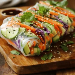 To make your easy veggie spring rolls, gather these items: - 8 rice paper wrappers - 1 cup shredded carrots - 1 cup cucumber, julienned - 1 cup red bell pepper, julienned - 1 cup purple cabbage, shredded - 1 ripe avocado, sliced - 1/2 cup fresh mint leaves - 1/2 cup fresh cilantro leaves - 1/4 cup green onions, thinly sliced - 1/4 cup hoisin sauce (for dipping) - 1 teaspoon sesame seeds (for garnish) Choose fresh, crisp vegetables for the best flavor. Look for bright colors and firm textures. The rice paper should be smooth and not cracked. Fresh herbs like mint and cilantro add a burst of flavor. Use ripe avocados that yield slightly when pressed. They should not be mushy. You can swap out veggies based on your taste. For example: - Use bell pepper for zucchini or yellow squash. - Try spinach instead of cabbage for a different crunch. - Swap hoisin sauce with peanut sauce for a nutty dip. - If you're not a fan of cilantro, basil works well too. Feel free to get creative with these spring rolls! Check the Full Recipe for more details. Start by gathering all your tools and ingredients. You need a large shallow dish for soaking the rice paper. Fill it with warm water. Make sure the water is not too hot to touch. Take one rice paper wrapper and dip it into the warm water. Let it soak for 10-15 seconds. The wrapper should be soft but not too wet. Lift it out and place it flat on a clean surface like a cutting board. In the center of the soft wrapper, add a small handful of shredded carrots, cucumber, red bell pepper, and purple cabbage. Next, pile on a few slices of avocado, some mint leaves, cilantro leaves, and a sprinkle of green onions. This will give your rolls a bright and fresh look. Fold the sides of the rice paper over the fillings. Starting from the bottom, roll it up tightly. Tuck in the sides as you go to keep everything secure. Repeat this for all the wrappers and fillings. Place your finished spring rolls on a platter. Drizzle some hoisin sauce over them. Sprinkle sesame seeds on top for a nice touch. Enjoy your crunchy rainbow veggie spring rolls with a small bowl of hoisin sauce on the side for dipping. For the full recipe, refer back to the beginning. To roll spring rolls well, keep a few things in mind. Start with fresh rice paper. It should be soft but not too wet. Place your filling in the center. Fold the sides in before rolling. Tuck the filling as you roll. This keeps everything inside. A tight roll helps keep your spring rolls from falling apart. Avoid soaking rice paper for too long. If it becomes too wet, it might tear. Use too much filling, and the rolls will burst open. Ensure your workspace is clean and dry. Not having enough space can lead to messy rolls. Always roll tightly, but do not overdo it. This will help keep their shape. For beautiful spring rolls, use a variety of colors. Layer bright veggies like red bell peppers and purple cabbage. Serve them on a nice plate. Drizzle hoisin sauce on top for flair. Sprinkle sesame seeds for extra charm. You can also use fresh herbs to garnish the dish. This makes your spring rolls look as good as they taste. For a full recipe, check out the Crunchy Rainbow Veggie Spring Rolls section. {{image_4}} You can change the fillings for your veggie spring rolls. Try adding cooked shrimp, tofu, or even grilled chicken. Mix in some bean sprouts for crunch. You can also use fruits like mango or pineapple for a sweet twist. Each filling brings a new taste to your rolls. While hoisin sauce is great, you can explore other dips. Peanut sauce offers a creamy and nutty flavor. Soy sauce with a dash of lime juice can add zing. Sweet chili sauce gives a spicy kick. Feel free to mix and match sauces to fit your taste. The beauty of spring rolls lies in their versatility. You can use any vegetable you like. Try bell peppers, zucchini, or even asparagus. Leafy greens like spinach or arugula add freshness. Just slice everything thinly to keep the rolls easy to eat. This way, you can enjoy a new flavor with every bite. To keep leftover spring rolls fresh, place them in an airtight container. Lay a damp paper towel inside the container. This keeps the rolls from drying out. Store them in the fridge for up to two days. If they dry out, they lose their crunch. You can freeze spring rolls for later use. Wrap each roll in plastic wrap. Place the wrapped rolls in a freezer bag or container. They can last in the freezer for about one month. When you are ready to eat, simply thaw them overnight in the fridge. Reheating spring rolls is easy. Use a skillet over medium heat. Add a little oil to the pan. Heat each roll for about two minutes on each side. This way, they regain some of their crunch. You can also use an air fryer for a crispy finish. Just set it to 350°F and heat for 5-7 minutes. To soften rice paper, dip it in warm water. Soak it for about 10-15 seconds. Make sure the water is warm, not hot. This helps the rice paper become flexible but not soggy. After soaking, lay the wrapper flat on a clean surface. The rice paper must be soft enough to roll but still hold its shape. Yes, you can make veggie spring rolls ahead of time. Prepare them and store them in the fridge. Cover them with a damp cloth to keep them fresh. Eat them within a day or two for the best taste. This makes them great for parties or meal prep. Just remember to serve them with fresh dipping sauce. Besides hoisin sauce, you can use peanut sauce or sweet chili sauce. Soy sauce mixed with lime juice also works well. Try a spicy sriracha sauce if you like heat. Each sauce adds a new flavor to your spring rolls. Experiment to find your favorite! Yes, spring rolls can be very healthy. They are low in calories and packed with fresh veggies. You get a good amount of fiber and vitamins. Plus, you can control what goes inside. Just watch the sauces, as some can be high in sugar. Overall, they make a tasty and nutritious snack or meal. You learned how to make tasty spring rolls with quality ingredients and smart tips. We explored step-by-step instructions to roll them perfectly and keep them fresh. Experiment with different fillings and dips to keep things fun. Remember, practice makes perfect. So, grab your rice paper, and get rolling! Enjoy your spring rolls and share them with friends. Happy cooking!